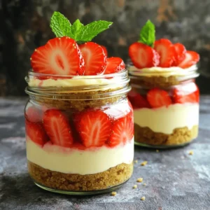 - 1 ½ cups graham cracker crumbs - ⅓ cup unsalted butter, melted - 2 tablespoons granulated sugar - 8 oz cream cheese, softened - ½ cup powdered sugar - 1 teaspoon vanilla extract - 1 cup heavy whipping cream - 2 cups fresh strawberries, hulled and sliced - 2 tablespoons lemon juice - 1 tablespoon granulated sugar (for strawberries) - Fresh mint leaves (for garnish) When measuring your ingredients, accuracy is key. Use a dry measuring cup for the graham cracker crumbs and sugar. For the butter, melt it and measure in a liquid measuring cup. Cream cheese should be softened, so let it sit out for 30 minutes. Use a kitchen scale for precise measurement if you have one. You can swap some ingredients if needed. Instead of graham crackers, use crushed cookies like Oreos for a different flavor. You can use coconut oil instead of unsalted butter for a dairy-free option. If you don't have powdered sugar, blend granulated sugar until fine. For a lighter version, try using low-fat cream cheese. Fresh strawberries are best, but frozen ones will work too; just thaw and drain excess liquid. To start, grab a medium mixing bowl. Add 1 ½ cups of graham cracker crumbs. Next, pour in ⅓ cup of melted unsalted butter and 2 tablespoons of granulated sugar. Mix it all together. You want the crumbs to feel like wet sand. This step is key; the crust holds everything in place. Now, press the crumb mixture firmly into the bottom of your jars or dessert cups. Make sure it’s even and compact. This will give your cheesecake a solid base. Set the jars aside. In a large mixing bowl, take 8 oz of softened cream cheese. Use an electric mixer to beat it until it’s smooth and creamy. This step ensures a rich filling. Add in ½ cup of powdered sugar and 1 teaspoon of vanilla extract. Mix until everything is smooth and well combined. In another bowl, whip 1 cup of heavy cream until soft peaks form. This whipped cream adds lightness to the filling. Gently fold the whipped cream into the cream cheese mixture. Be careful not to deflate the whipped cream. This keeps your filling fluffy. Now it’s time to assemble. Spoon the cream cheese mixture over the graham cracker crust in each jar. Fill them about ¾ full. This layer is where the magic happens. Next, take 2 cups of fresh strawberries that you’ve hulled and sliced. Mix them with 2 tablespoons of lemon juice and 1 tablespoon of sugar in a bowl. Let them sit for about 10 minutes. This allows the strawberries to become sweeter and juicier. Spoon the macerated strawberries on top of the cream cheese layer. Distribute them evenly across all jars. For a fancy touch, you can add a dollop of the remaining cream cheese mixture on top. Finish with a fresh mint leaf for color. Finally, refrigerate the jars for at least 2-4 hours. If possible, let them set overnight. This waiting time helps the cheesecake become firm and delicious. Enjoy your easy and tasty no-bake strawberry cheesecake jars! To achieve the best whipped cream, start with cold heavy cream. Cold cream whips up faster and better. Use a clean bowl and beaters. This helps the cream reach soft peaks quickly. Whip until it is fluffy but still holds its shape. Be careful not to over-whip, as it can turn buttery. Gently fold the whipped cream into the cream cheese mix. This keeps the texture light and airy. Fresh strawberries make this dessert shine. Choose ripe berries for the best taste. Remove the green tops and slice them thinly. Mix the slices with lemon juice and sugar. Let them sit for about ten minutes. This softens the berries and brings out their natural sweetness. The lemon juice adds brightness, enhancing the flavor of the strawberries. Presentation is key to making your jars appealing. Use clear jars to show off the lovely layers. Mason jars are a great choice, adding a rustic touch. You can also top the jars with a dollop of cream cheese mix. A fresh mint leaf adds a pop of color. Consider using striped paper straws for a fun look. Serve chilled for the best experience. {{image_2}} You can change the flavor of your cheesecake jars. Try adding chocolate for a rich twist. Melt some chocolate and mix it into the cream cheese. You can also use blueberry or raspberry instead of strawberries. Just swap the berries when you layer them on top. Each fruit brings its own taste and fun colors. Want a lighter version? Use low-fat cream cheese. It keeps the creaminess but cuts down on fat. You can also use Greek yogurt in place of some cream cheese. This adds protein and makes it healthier. For the crust, swap regular butter for coconut oil. It gives a nice flavor while keeping it light. If you need a gluten-free dessert, use gluten-free graham crackers. They work just like regular ones. You can also make a crust with ground nuts like almonds or pecans. Mix them with melted butter for a crunchy base. This adds flavor and texture while keeping your cheesecake jars safe for gluten-free diets. To store leftover cheesecake jars, cover them tightly with plastic wrap. You can also use a lid if your jars have one. This keeps the cheesecake fresh and prevents it from absorbing other smells in your fridge. Make sure to keep them in the main part of the fridge, not the door. The fridge door can be warmer and may not keep your dessert as fresh. Leftover cheesecake jars can stay fresh in the fridge for up to three days. After that, the crust may become soggy. If you can, enjoy your jars within this time for the best taste and texture. Always check for any signs of spoilage before eating. If something looks or smells off, it's best to toss it. You can freeze these cheesecake jars if you want to keep them longer. First, make sure the jars are airtight. If not, transfer the cheesecake to a freezer-safe container. These jars can last up to two months in the freezer. When you're ready to eat, thaw them in the fridge overnight. Avoid microwaving the jars, as this can change the texture. Yes, you can make these jars ahead of time. I often whip them up a day before I need them. This lets the flavors blend well. Just cover the jars and keep them in the fridge. They stay fresh and tasty for up to two days. This makes them great for parties or special meals. If you want a change, you can use cookies instead of graham crackers. Digestive biscuits work well. You can also use vanilla wafers or even crushed Oreos for a fun twist. Just make sure the texture is similar. This will keep your crust thick and tasty. These jars last about three to four days in the fridge. Keep them covered tightly to avoid drying out. If you notice the strawberries getting soft, it’s best to eat them sooner. Enjoy your cheesecake jars while they are fresh for the best taste! You now have all the tools to make delicious No Bake Strawberry Cheesecake Jars. We covered key ingredients, step-by-step instructions, and tips to enhance your recipe. Plus, we explored variations and storage methods to keep your jars fresh. Remember, making cheesecake jars is simple and fun. Enjoy experimenting with flavors and sharing your creations. Your friends will love this tasty treat! Dive in and make the jars your own. Happy baking!