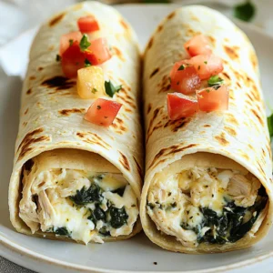 - 2 cups cooked chicken, shredded - 1 cup shredded mozzarella cheese - 1/2 cup cream cheese, softened - 2 cloves garlic, minced - 1 teaspoon dried oregano - 1/2 teaspoon black pepper - 4 large flour tortillas - 1 cup fresh spinach, roughly chopped - 1/2 cup diced tomatoes - 2 tablespoons olive oil - Optional: Hot sauce for serving Gather these ingredients for a quick meal. This recipe is simple and fun. Start with cooked chicken, shredded. Mozzarella cheese adds a creamy touch. Cream cheese gives a rich flavor. Minced garlic brings out the savory taste. Dried oregano adds a nice herbal note. Black pepper gives a little heat. Next, you need large flour tortillas. They hold the filling well. Fresh spinach adds color and nutrition. Diced tomatoes boost freshness and flavor. Olive oil helps sauté the spinach. Hot sauce is an optional kick at the end. These ingredients make a great base for wraps. They are quick to prepare. You can mix and match as you like. Enjoy the process of cooking! - In a large mixing bowl, combine 2 cups of shredded chicken with 1 cup of mozzarella cheese and 1/2 cup of cream cheese. - Add 2 minced garlic cloves, 1 teaspoon of dried oregano, and 1/2 teaspoon of black pepper. - Mix until creamy and all ingredients blend well together. - Heat 2 tablespoons of olive oil in a skillet over medium heat. - Add 1 cup of roughly chopped fresh spinach. - Sauté the spinach for about 2-3 minutes until it wilts down. - Lay 4 large flour tortillas flat on a clean surface. - Spoon a generous amount of the cheesy garlic chicken mixture onto the lower half of each tortilla, leaving space at the edges. - Sprinkle 1/2 cup of diced tomatoes on top of the filling for added flavor. - Fold the sides of the tortilla inward and roll tightly from the bottom up. - Place the wraps seam-side down in the skillet and grill for 2-3 minutes on each side until golden and crispy. - Remove from heat, slice in half, and serve warm. Enjoy with hot sauce if you like some heat! To roll your wraps like a pro, start with a clean, flat surface. Lay your tortilla down and scoop a generous amount of the cheesy garlic chicken mixture onto the lower half. Leave space at the edges. Next, fold in the sides of the tortilla. This keeps your filling from spilling out. Now, roll from the bottom up tightly. This will ensure a neat wrap that holds together well. Make sure to distribute your filling evenly. This helps every bite taste great. Too much filling on one side can cause it to break apart. Want to switch things up? You can try different cheeses. Cheddar or pepper jack can add a nice twist. If you're feeling bold, mix in some blue cheese for a strong flavor. You can also add extra veggies. Consider bell peppers or mushrooms for more texture. If you want more protein, try adding black beans or cooked shrimp. Pair your wraps with sides like a fresh salad or crispy chips. A creamy dip, like ranch or guacamole, can take it to the next level. These wraps are perfect for busy nights. Serve them at casual dinners or game nights. They are also great for lunchboxes or picnics. Enjoy them warm or at room temperature for easy eating. {{image_2}} You can switch up the protein in your wraps. Turkey makes a great swap for chicken. It has a similar taste and is lean. You can also use beef for a heartier option. Just make sure to cook it well. For a vegetarian twist, try chickpeas or black beans. These options add a great texture and flavor. Want to spice things up? Add chili powder or paprika to the mix. A little heat can really enhance the flavor. You can also explore different cheeses. Try cheddar for a sharp taste or feta for something unique. Mixing cheeses gives you a fun flavor boost. If you're looking for a healthier choice, try whole wheat tortillas. They add fiber and a nutty taste. You can also use gluten-free tortillas if you need them. For a low-carb option, lettuce wraps work wonders. They keep things light and fresh while still being tasty. To keep your cheesy garlic chicken wraps fresh, store them properly. First, wrap each one tightly in plastic wrap or foil. This step prevents air from getting in and keeps them from drying out. Place the wrapped wraps in an airtight container. For refrigeration, they can last up to three days. If you want to keep them longer, freezing is a great option. To freeze, place the wraps in a freezer-safe bag or container. They can last up to three months in the freezer. When it's time to enjoy your leftovers, reheating is key. I recommend using the oven for the best results. Preheat your oven to 350°F (175°C). Place the wraps on a baking sheet and heat them for about 10-15 minutes. This method helps keep the wraps crispy. If you're in a hurry, the microwave works too. Just heat each wrap for about 30-60 seconds. However, this may make them a bit soggy. To combat this, you can place a paper towel under the wrap while microwaving to absorb moisture. In the fridge, your wraps will last about three days. If you freeze them, they can stay good for up to three months. Always check for signs of spoilage. If the wraps smell off or have a slimy texture, it’s best to toss them. Freshness is key to enjoying your cheesy garlic chicken wraps. Yes, you can use leftover rotisserie chicken. It saves time and adds flavor. Rotisserie chicken is already cooked and seasoned. Just shred it and mix it with other ingredients. This makes your prep fast and easy. It helps you enjoy a tasty meal without extra work. If you need a substitute for cream cheese, try Greek yogurt or cottage cheese. Both options are creamy and lower in fat. If you want a dairy-free choice, use cashew cream or tofu. These alternatives keep the wraps creamy and delicious. To add heat, use spicy seasonings. You can add cayenne pepper or red pepper flakes. Another option is to mix in hot sauce with the chicken mixture. This gives a nice kick without overpowering the dish. Adjust the spice level to your taste. Enjoy your spicy cheesy garlic chicken wraps! This article covered simple ideas for making delicious chicken wraps. We talked about key ingredients like cooked chicken and cheeses, as well as spices and fresh veggies. The step-by-step guide helps you prepare, sauté, and roll your wraps efficiently. You can customize them with various proteins and tortillas for more flavor. Lastly, storing and reheating tips ensure your wraps stay fresh. Enjoy creating these tasty meals that fit your style and taste preferences!