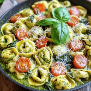 - 1 package (16 oz) refrigerated cheese tortellini - 1 cup heavy cream - 1 cup fresh basil pesto - 1 cup cherry tomatoes, halved - 1 cup spinach, roughly chopped - ½ cup grated Parmesan cheese - 1 tablespoon olive oil - 2 cloves garlic, minced - Fresh basil leaves for garnish - Large skillet - Cooking utensils For this creamy pesto tortellini skillet, you need some key ingredients. The cheese tortellini is the star of this dish. It adds a nice, soft texture. Heavy cream makes the sauce rich and smooth. Fresh basil pesto gives it that vibrant flavor. Cherry tomatoes add sweetness and color. Spinach offers a touch of green and nutrition. If you want to boost the flavor, consider adding some grated Parmesan cheese. It melts well and adds depth. Olive oil is great for cooking the garlic and tomatoes. Minced garlic adds a lovely aroma. Lastly, fresh basil leaves make a nice garnish. For equipment, a large skillet works best. You need enough space for all the tasty ingredients. Also, gather your cooking utensils like spatulas and a measuring cup. With these essential items, you’ll be ready to make a delightful dinner. - Heat 1 tablespoon of olive oil in a large skillet over medium heat. - Add 2 minced garlic cloves to the hot oil. Sauté for about 1 minute until it smells good. - Now, add 1 cup of halved cherry tomatoes. Cook for 3 to 4 minutes. Stir often until they get soft. - Next, stir in 1 cup of roughly chopped spinach. Cook until the spinach wilts, which takes about 2 minutes. - Pour in 1 cup of heavy cream. Bring it to a gentle simmer. - Then, stir in 1 cup of fresh basil pesto. Mix it well to combine. - Add 1 package (16 oz) of cheese tortellini to the skillet. Cook it as the package says, usually 3 to 5 minutes. Watch for it to float. - Sprinkle in ½ cup of grated Parmesan cheese. Stir gently to mix and let it melt. - Finally, add salt and pepper to taste. Adjust to your liking before serving. To get the best sauce, aim for a creamy texture. Add the heavy cream slowly. Stir it gently as you combine it with the pesto. You want it smooth, not too thick. If it feels too thick, add a splash of water or broth. This keeps it light and rich. Cooking the tortellini right is key. Follow the package instructions closely. Usually, it takes about 3-5 minutes. Look for the tortellini to float to the top. This means they are done. You want them soft but still firm, not mushy. Drain them well before adding to the sauce. Pair your creamy pesto tortellini with a fresh salad. A simple green salad with vinaigrette works well. You can also serve it with crusty bread. This helps soak up the extra sauce. For garnishing, fresh basil leaves are a must. They add color and a fresh taste. You might sprinkle more grated Parmesan on top. This gives an extra flavor boost. To take the taste up a notch, add fresh herbs. Chopped parsley or thyme works great. You can also stir in some red pepper flakes for heat. Just a pinch can change the whole dish. If you want a twist, try different ingredients. Swap the heavy cream for coconut milk for a lighter option. Use sun-dried tomatoes instead of fresh for a deeper flavor. This lets you get creative while keeping it delicious. {{image_2}} You can easily make this dish vegetarian. Just skip the cheese tortellini with meat. Use cheese tortellini instead. To make it vegan, use vegan tortellini and coconut cream. You can also find dairy-free pesto to keep the flavor. For gluten-free options, choose gluten-free tortellini. Many stores offer this choice now. Feel free to swap out tortellini types. You can use spinach, mushroom, or even chicken tortellini for a twist. If you want a different sauce, try Alfredo or arrabbiata. You can mix it up and add your favorite flavors. Experimenting with sauces can lead to exciting new tastes. Add seasonal veggies for a fresh touch. In summer, use zucchini or bell peppers. In fall, try squash or kale. These veggies not only taste good but also look pretty. You can also adjust for holidays. Add cranberries for Thanksgiving or red and green peppers for Christmas. This can make your dish festive and fun. To store leftovers properly, let the dish cool first. Transfer it to an airtight container. Make sure to seal it tightly. Place it in the fridge within two hours. This keeps the flavors fresh. Consume the leftovers within 3 to 4 days for the best taste. Freezing is simple. First, let the dish cool completely. Portion it into freezer-safe containers. Leave some space at the top for expansion. Seal the containers well to avoid freezer burn. When ready to eat, thaw overnight in the fridge. Reheat in a skillet over low heat, adding a splash of cream if needed. In the fridge, creamy pesto tortellini lasts about 3 to 4 days. In the freezer, it can last up to 2 to 3 months. Always check for any off smells or changes in texture before eating. Yes, you can use frozen tortellini. Just cook it a bit longer. Follow the package instructions for the best results. Frozen tortellini usually takes about 5-8 minutes to cook. To add spice, include red pepper flakes. You can also mix in hot sauce or diced jalapeños. Start with a little and adjust to your taste. This way, you control the heat level. If the sauce is thick, add a splash of broth or water. Stir well to combine. You can also add more cream for a richer taste. Adjust until you reach your desired consistency. Yes, you can use half-and-half or whole milk. These options will make the dish lighter but still creamy. For a dairy-free choice, try coconut cream or a plant-based milk. Yes, this dish is great for meal prep. Cook it ahead and store in containers. Just reheat when ready to eat. It tastes great for up to three days in the fridge. This recipe for creamy pesto tortellini is simple and tasty. You learned about key ingredients and how to prepare them step by step. You can also explore various adaptations to fit your needs. Remember to check refrigeration and freezing tips for leftovers. This dish can please many taste buds, so try it for your next meal! Enjoy the process and have fun in the kitchen.