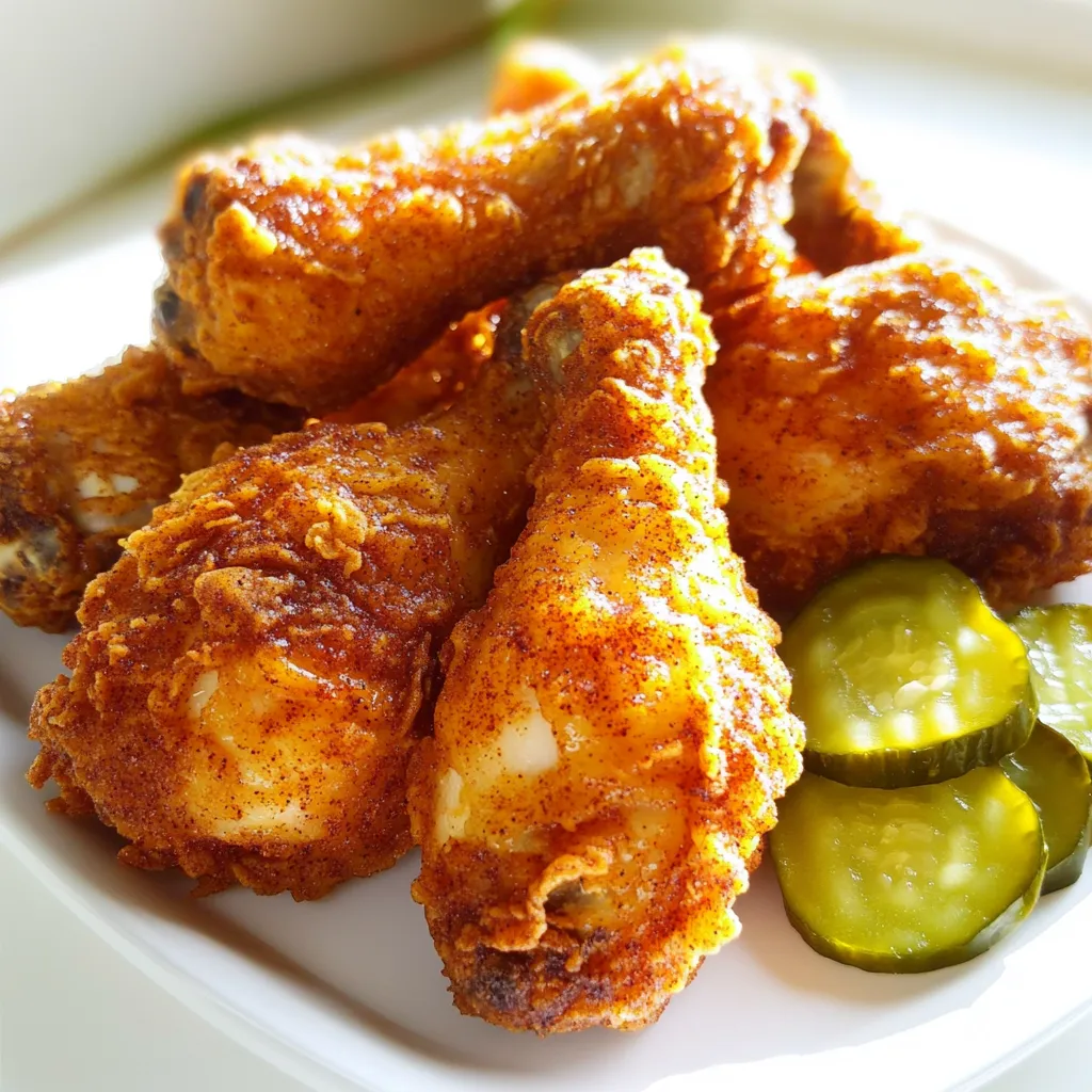 For Spicy Nashville Hot Buttermilk Fried Chicken, you need these main ingredients: - 4 pieces of chicken (legs and thighs preferred) - 2 cups buttermilk - 1 tablespoon hot sauce (preferably cayenne-based) - 2 cups all-purpose flour - 1 tablespoon paprika - 1 tablespoon garlic powder - 1 tablespoon onion powder - 1 teaspoon cayenne pepper (adjust for heat preference) - 1 teaspoon salt - 1 teaspoon black pepper - Oil for frying (vegetable or peanut oil) - 2 tablespoons cayenne pepper (for the spicy coating) - 1 tablespoon brown sugar - Pickles, for serving The spice mix adds flavor and heat. Here’s what you need: - 1 tablespoon paprika - 1 tablespoon garlic powder - 1 tablespoon onion powder - 1 teaspoon cayenne pepper - 1 teaspoon salt - 1 teaspoon black pepper - 2 tablespoons cayenne pepper (for the coating) - 1 tablespoon brown sugar Mix these spices well to create a bold and flavorful blend. To make this dish, gather the following equipment: - Large mixing bowl for marinating - Deep frying pan or Dutch oven - Deep-fry thermometer for oil temperature - Wire racks or paper towels for draining - Mixing bowls for the dredging mixture and spice mix Having the right tools makes cooking easier and more fun! Start by making the marinade. In a large bowl, whisk together 2 cups of buttermilk and 1 tablespoon of hot sauce. I prefer cayenne-based hot sauce for the best flavor. Next, take your 4 pieces of chicken and fully submerge them in the buttermilk mixture. Make sure each piece is well coated. Cover the bowl and place it in the fridge. Let the chicken marinate for at least 4 hours, but overnight is even better. This step makes the chicken tender and flavorful. While the chicken marinates, prepare the dredging mixture. In a separate bowl, combine 2 cups of all-purpose flour, 1 tablespoon of paprika, 1 tablespoon of garlic powder, and 1 tablespoon of onion powder. Add 1 teaspoon of cayenne pepper, 1 teaspoon of salt, and 1 teaspoon of black pepper. Mix all the ingredients well. This seasoned flour will give your chicken a nice, crispy crust. Now it's time to fry the chicken! First, heat oil in a deep frying pan or Dutch oven. Pour enough oil to cover the chicken pieces halfway, about 2-3 inches deep. Heat the oil to 350°F (175°C). To test the temperature, use a deep-fry thermometer. Once the oil is hot, take the marinated chicken out of the buttermilk. Let any excess buttermilk drip off. Dredge each piece in the seasoned flour, pressing the flour onto the chicken for a good coating. Shake off any extra flour. Carefully place the coated chicken pieces in the hot oil. Fry them for about 12-15 minutes. Turn them occasionally until they are golden brown and reach an internal temperature of 165°F (74°C). Avoid overcrowding the pan; fry in batches if needed. After frying, remove the chicken and let it drain on wire racks or paper towels. This process keeps the chicken crispy. To get that perfect crispy coating, start by letting the chicken soak in buttermilk. This step not only adds flavor but also makes the chicken tender. After marinating, shake off excess buttermilk. When you dredge the chicken in the flour mixture, press it down firmly. This helps the flour stick better and creates a crunchier bite. Fry in small batches to avoid steaming. This ensures each piece gets that golden color. The best oil for frying is vegetable or peanut oil. These oils have high smoke points, making them great for frying. They help achieve that crispy texture without burning. Always choose oils that are neutral in flavor. This lets the chicken's spice shine through. Avoid using olive oil as it burns easily and alters the taste. For frying chicken, the ideal cooking temperature is 350°F (175°C). Use a deep-fry thermometer to check the heat. If the oil is too hot, the outside cooks fast while the inside stays raw. If it's too cool, the chicken absorbs too much oil and becomes greasy. Keep a steady temperature throughout the frying process. This way, you'll get a perfectly cooked, crispy chicken every time. {{image_2}} You can switch up the marinating flavors. Try using different hot sauces. Sriracha or chipotle can add a unique twist. For a tangy touch, add lemon juice to the buttermilk. You can also mix in honey for a sweet kick. Explore spices like cumin or smoked paprika for more depth. These changes can make your Nashville chicken special every time. If frying isn’t your style, try baking the chicken. Preheat your oven to 400°F (200°C). Marinate the chicken as usual. Then coat it with the flour mix. Place the chicken on a baking sheet lined with parchment. Spray it lightly with cooking oil. Bake for about 30 to 35 minutes until crispy and cooked through. This method cuts down on oil but keeps that delicious flavor. Serve your Nashville hot chicken with classic sides. Coleslaw offers a cool crunch. Cornbread adds a nice, sweet touch. You can also pair it with pickles for a tangy bite. As for drinks, sweet tea complements the heat perfectly. Lemonade is another great choice. It balances the spice and refreshes your palate. Enjoy your meal with these delicious pairings! After enjoying your spicy Nashville hot buttermilk fried chicken, store leftovers right away. Place the chicken in an airtight container. Layer parchment paper between pieces to avoid sticking. Refrigerate within two hours of cooking. This will keep the chicken fresh for 3 to 4 days. Make sure to seal it tightly to lock in moisture. To reheat the chicken, avoid the microwave if you can. It tends to make the coating soggy. Instead, preheat your oven to 350°F (175°C). Place the chicken on a wire rack over a baking sheet. This allows hot air to circulate around the chicken. Heat for about 15 to 20 minutes until it's warm and crispy again. You can also use an air fryer for a quicker option. If you can’t finish all the chicken, freezing is a great choice. Let the chicken cool completely before freezing. Wrap each piece tightly in plastic wrap, then place in a freezer bag. This helps avoid freezer burn. You can store it in the freezer for up to 3 months. To enjoy later, thaw in the fridge overnight before reheating. Nashville hot chicken gets its spice from cayenne pepper. The heat comes from using a lot of it in the coating and the marinade. This pepper delivers a bold flavor that hits your taste buds. Some recipes add a hot sauce with cayenne for extra kick. A mix of spices like paprika, garlic, and onion enhances the overall flavor. The balance of spice and sweetness makes it unique. Marinating the chicken is key for flavor and tenderness. I recommend at least 4 hours. For the best results, marinate overnight. The buttermilk and hot sauce soak into the chicken. This process helps break down proteins, making the meat juicy and tasty. Plus, it allows time for the spices to infuse deeply. Yes, you can use other meats for Nashville hot recipes. While chicken is traditional, you can try turkey or even pork. Just make sure the cooking times are adjusted for different meats. Each type will absorb the spicy flavors well. The key is to keep the buttermilk marinade and spice coating. Nashville hot chicken brings bold flavors and fun to your table. We covered essential ingredients, marinades, and perfect frying techniques. You learned tips for a crispy coating and how to store leftovers. Try variations like oven-baked chicken, or pair it with great sides. Remember, marinating time and spice levels matter for that signature heat. Now, take what you've learned and make your perfect Nashville hot chicken. Enjoy the cooking adventure!