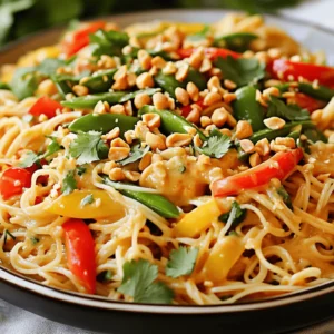 - 8 oz rice noodles - 1 cup bell peppers, thinly sliced (mix of red and yellow) - 1 cup carrots, julienned - 1 cup snap peas, trimmed - 2 green onions, sliced - ½ cup roasted peanuts, chopped - ¼ cup fresh cilantro, chopped For the Peanut Sauce: - ¼ cup peanut butter (creamy) - 2 tablespoons soy sauce - 2 tablespoons lime juice - 1 tablespoon sesame oil - 1 tablespoon brown sugar - 1 tablespoon grated ginger - 1 garlic clove, minced - 1-2 tablespoons water (to thin out the sauce) Rice noodles are the base of this dish. They soak up the sauce well. Bell peppers bring a sweet crunch and bright color. Carrots add sweetness and a nice texture. Snap peas give a fresh taste and crispiness. Green onions add a mild onion flavor. Peanuts give a crunchy finish and nutty taste. Cilantro adds a fresh herb flavor that brightens the dish. The peanut sauce is the star. Peanut butter gives a rich, creamy base. Soy sauce adds saltiness that balances the sweetness. Lime juice brings a tangy kick. Sesame oil adds a nutty flavor. Brown sugar sweetens the sauce. Grated ginger adds warmth and spice. Garlic adds depth and richness. You can swap rice noodles with whole wheat or zucchini noodles for a twist. Use any bell pepper color you like. For carrots, try zucchini or cucumber for a different crunch. If you don’t have snap peas, use broccoli or green beans. Green onions can be replaced with chives or shallots. For the sauce, creamy peanut butter can be swapped with almond or cashew butter. Tamari works as a gluten-free soy sauce. Lime juice can be replaced with lemon juice for a different tang. If you prefer less sweetness, cut back on brown sugar. For a spicier kick, add chili paste or sriracha to the sauce. To start, bring a large pot of water to a boil. Add 8 oz of rice noodles. Cook them according to the package instructions, usually about 5-7 minutes. After cooking, drain the noodles and rinse them under cold water. This stops the cooking process and keeps the noodles firm. Set them aside until you need them. In a mixing bowl, combine the following ingredients: - ¼ cup peanut butter (creamy) - 2 tablespoons soy sauce - 2 tablespoons lime juice - 1 tablespoon sesame oil - 1 tablespoon brown sugar - 1 tablespoon grated ginger - 1 minced garlic clove - 1-2 tablespoons water (to thin out the sauce) Whisk these together until smooth. If the sauce is too thick, add more water, one tablespoon at a time. This helps you reach your desired consistency. Heat a large skillet or wok over medium heat. Add a bit of sesame oil to the pan. Once the oil is hot, add your sliced bell peppers, julienned carrots, and trimmed snap peas. Stir-fry these veggies for about 3-4 minutes. You want them to be tender yet still crisp. This keeps the colors bright and flavors fresh. Now it’s time to combine everything. Add the cooked noodles to your skillet with the sautéed vegetables. Pour the peanut sauce over the noodles. Toss everything gently to coat the noodles and veggies evenly in the sauce. Make sure everything is heated through before moving on. For serving, use large bowls. Garnish your dish with extra chopped peanuts and fresh cilantro. You can also drizzle more lime juice on top for an added zing. This not only enhances the flavor but makes your dish look beautiful. Enjoy your Thai peanut noodles! To make the best peanut sauce, start with creamy peanut butter. Mix it with soy sauce and lime juice. This gives your sauce a nice tang. If your sauce is too thick, add water. Do this one tablespoon at a time. Keep mixing until you reach the right texture. If you want more flavor, add more ginger or garlic. Taste as you go to find the perfect balance that makes your taste buds dance. Seasonal veggies can change your dish. Use bell peppers in summer, or swap them for squash in fall. Carrots add sweetness, while snap peas bring a nice crunch. Try adding spinach or bok choy for extra greens. Be creative! Explore what’s fresh at your local market. Mixing different colors and textures makes your meal not only tasty but also fun to eat. To prevent clumping, rinse your rice noodles under cold water right after cooking. This stops the cooking process and cools them down. Stir the noodles gently while they cook. This keeps them separated. If you notice them sticking, drizzle a little sesame oil over them. This adds flavor and helps them stay loose. Perfectly cooked noodles are key to a great dish! {{image_2}} You can boost your Thai peanut noodles with protein. Chicken, tofu, or shrimp work well. - Chicken: Use cooked, shredded chicken for a hearty touch. Add it after you sauté the veggies. - Tofu: Press and cube firm tofu. Sauté until golden for a nice crunch. Mix it in with the noodles. - Shrimp: Cook shrimp in the skillet until pink. They add great flavor and protein. Adding protein makes the dish more filling and tasty. Want to turn up the heat? Here are a few easy ways. - Chili Paste: Add a spoon of chili paste to your peanut sauce. This gives a hot kick. - Sliced Jalapeños: Toss in fresh jalapeños during the veggie stage for heat. - Crushed Red Pepper: Sprinkle crushed red pepper on top before serving for extra spice. These easy changes will make your noodles spicy and exciting. If you need gluten-free options, you have choices. - Noodles: Use gluten-free rice noodles instead of regular. They taste great and are easy to find. - Sauce: Choose gluten-free soy sauce or tamari for the peanut sauce. This keeps the flavor intact. These swaps ensure everyone can enjoy your Thai peanut noodles without worry. To keep your Thai peanut noodles fresh, store them in an airtight container. Let them cool first. This helps stop steam that can make them soggy. If you want to freeze them, separate the noodles and sauce. This keeps the flavors fresh. You can keep the noodles and sauce in separate containers. It helps them last longer. When you want to eat leftovers, the best way to reheat is on the stove. Add a splash of water to the noodles. This helps them stay moist. Heat over low to medium heat, stirring often. You can also use the microwave. Just heat them in short bursts, stirring in between. This keeps the noodles from drying out. In the fridge, your Thai peanut noodles will last about 3-4 days. If you freeze them, they last about 2-3 months. When you are ready to eat, just thaw them overnight in the fridge before reheating. Always check for any odd smells or colors before eating leftovers. Yes, you can make Thai Peanut Noodles ahead of time. Cook the noodles and store them in the fridge. Keep them in an airtight container. They stay fresh for up to three days. For the sauce, mix all ingredients and store it separately. This way, you keep the sauce fresh and tasty. When ready to eat, just reheat the noodles and toss them with the sauce. It makes for a quick meal on busy nights. Thai Peanut Noodles go well with many dishes. Here are some great pairings: - Spring Rolls: Fresh and crunchy, they add a nice touch. - Thai Salad: A light salad keeps the meal balanced. - Grilled Chicken: Adds protein and flavor. - Coconut Rice: Sweet rice compliments the noodles well. - Thai Iced Tea: A refreshing drink that balances the meal. These sides enhance the meal and make it more exciting. You can easily modify this recipe. Here are some tips: - Vegan: Use maple syrup instead of brown sugar. Ensure your soy sauce is vegan. - Allergy-Sensitive: Substitute peanut butter with sun butter or tahini. This is great for nut allergies. - Low-Carb: Try zucchini noodles or shirataki noodles. They are low in carbs but still tasty. These adjustments help everyone enjoy this dish. Yes, you can use crunchy peanut butter! It will change the texture. You'll have little pieces of peanuts in the sauce. This adds extra crunch and flavor. The taste will be richer and more textured. If you like a bit of bite, go for it! Just remember to adjust the amount of water so the sauce stays smooth enough to coat the noodles. This article covered how to make delicious Thai Peanut Noodles. I discussed the key ingredients like rice noodles, fresh veggies, and peanut sauce. You learned step-by-step instructions, substitution tips, and fun variations to try. By using the right cooking methods and serving suggestions, you can create a tasty dish. Keep these tips in mind as you enjoy making your own version. Happy cooking!