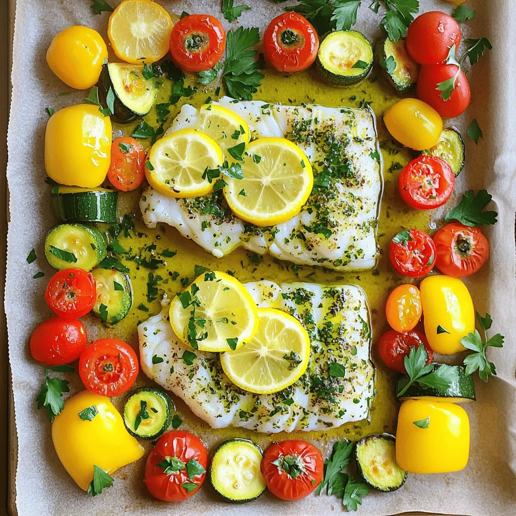 To make Lemon Herb Baked Cod, gather these key items: - 4 cod fillets (approx. 6 oz each) - 3 tablespoons olive oil - 2 lemons (1 for juice, 1 sliced) - 3 cloves garlic, minced - 1 teaspoon dried oregano - 1 teaspoon dried thyme - 1 teaspoon paprika - Salt and pepper to taste - 1 cup cherry tomatoes, halved - 1 medium zucchini, sliced - 1 bell pepper (red or yellow), sliced - Fresh parsley for garnish You can enhance your dish with these tasty extras: - Fresh basil for a garden touch - Red pepper flakes for a hint of heat - Capers for a briny twist - A splash of white wine for depth Make your cooking smooth with these handy tools: - Large baking sheet - Parchment paper for easy clean-up - Small mixing bowl for the herb mixture - Whisk or fork for blending ingredients - Knife and cutting board for prep These ingredients and tools will help you create a delicious and vibrant meal. Enjoy the process and the tasty results! First, gather your ingredients. You need four cod fillets, olive oil, two lemons, garlic, and some spices. For veggies, get cherry tomatoes, zucchini, and a bell pepper. Don't forget the fresh parsley for garnish! Next, preheat your oven to 400°F (200°C). This step is key for even cooking. Line a large baking sheet with parchment paper. This makes clean-up easy. In a small bowl, mix together three tablespoons of olive oil, juice from one lemon, and three minced garlic cloves. Add one teaspoon each of oregano, thyme, and paprika. Season with salt and pepper. Whisk until it's smooth. Now, place the cod fillets on one side of your sheet pan. Brush half of your herb-lemon mixture over the fillets. On the other side, arrange the cherry tomatoes, zucchini slices, and bell pepper. Drizzle the rest of the mixture over the veggies and toss them lightly. Next, lay lemon slices on top of the cod and around the veggies. This adds flavor and looks great too! Bake everything in your preheated oven for 15 to 20 minutes. You want the cod to flake easily with a fork. The veggies should be tender and bright. After baking, take the pan out of the oven. Let it sit for a couple of minutes. This helps the flavors settle. To check if the cod is done, use a fork to flake it. If it breaks apart easily, it is ready. You can also check the internal temperature. It should reach 145°F (63°C). The veggies should be soft but still colorful. If they look too firm, bake for a few more minutes. Enjoy your tasty meal! To get the best flavor from your cod, use fresh ingredients. Fresh lemons and herbs brighten the dish. I love using garlic that I chop myself. Fresh garlic has a strong taste that dried cannot match. Make sure to coat the cod well with the herb-lemon mix. This ensures every bite is full of flavor. Adding lemon slices on top gives a nice zest. One common mistake is overcooking the cod. Cod cooks quickly, so keep an eye on it. It should flake easily with a fork when done. Another mistake is not seasoning enough. Salt and pepper enhance the taste. Don't skip them! Also, make sure to cut your veggies evenly. This helps them cook at the same time as the fish. Start by preheating your oven to 400°F (200°C). Baking at this temperature cooks everything evenly. Check your cod after 15 minutes. If it flakes easily, it's done! If not, give it a few more minutes. Remember, the veggies should be tender but not mushy. They should still have a bit of bite for the best texture. {{image_2}} You can switch up the veggies for this dish. Try using asparagus, broccoli, or carrots. Each adds its own flavor and color. You can even mix in some snap peas for a nice crunch. Choose veggies that cook at the same time as the cod. This keeps your meal simple and tasty. Feel free to play with the seasonings. Instead of oregano and thyme, try dill or rosemary. These herbs bring a fresh taste to the cod. You can also use lemon zest for extra zing. A dash of red pepper flakes can add some heat. Experiment with your favorite spices for a unique twist. If you want a different fish, use halibut or tilapia. Both cook well and have mild flavors. You can also use salmon for a richer taste. Just adjust the cooking time. For a plant-based option, try firm tofu or tempeh. These options soak up the flavors well and keep the meal light. To keep your Lemon Herb Baked Cod fresh, let it cool first. Place the cod and veggies in an airtight container. Store it in the fridge for up to three days. Make sure to separate the fish from the veggies if you want them to stay crisp. When you're ready to eat the leftovers, preheat your oven to 350°F (175°C). Place the cod and veggies on a baking sheet. Heat them for about 10-15 minutes. This will help keep the fish moist and the veggies warm. Avoid using the microwave, as it can make the fish rubbery. If you want to save some for later, you can freeze the cooked cod. Wrap the fish tightly in plastic wrap, then place it in a freezer bag. Make sure to remove as much air as possible. You can freeze it for up to three months. For best results, freeze the cod without the veggies, as they don’t freeze well. When you're ready to enjoy it again, thaw in the fridge overnight and reheat as mentioned above. Cod needs to bake for 15 to 20 minutes at 400°F (200°C). The cooking time may vary based on the thickness of the fillets. To check if it’s done, gently flake the cod with a fork. If it flakes easily, it is ready to eat. This quick cooking time makes it perfect for busy nights. Yes, you can use frozen cod. Just make sure to thaw it completely before cooking. Thawing helps the cod cook evenly. If you forget to thaw it, you can bake it straight from frozen, but add a few extra minutes to the cooking time. This is a great option if you’re in a rush. A few sides go well with Lemon Herb Baked Cod. Here are some tasty choices: - Steamed broccoli - Rice pilaf - Quinoa salad - Roasted asparagus - Garlic bread These sides complement the light flavors of the cod. Choose one or mix and match to create a full meal. Enjoy! This post covered essential ingredients, step-by-step cooking, and helpful tips for baking cod. You learned about optional ingredients and tools to enhance your dish. I shared common mistakes to avoid and creative variations for flavor. Storing your leftovers properly keeps the taste fresh. By answering FAQs, we ensured you have all necessary details. Remember, focus on the process for great results. Enjoy your cooking journey with Lemon Herb Baked Cod!