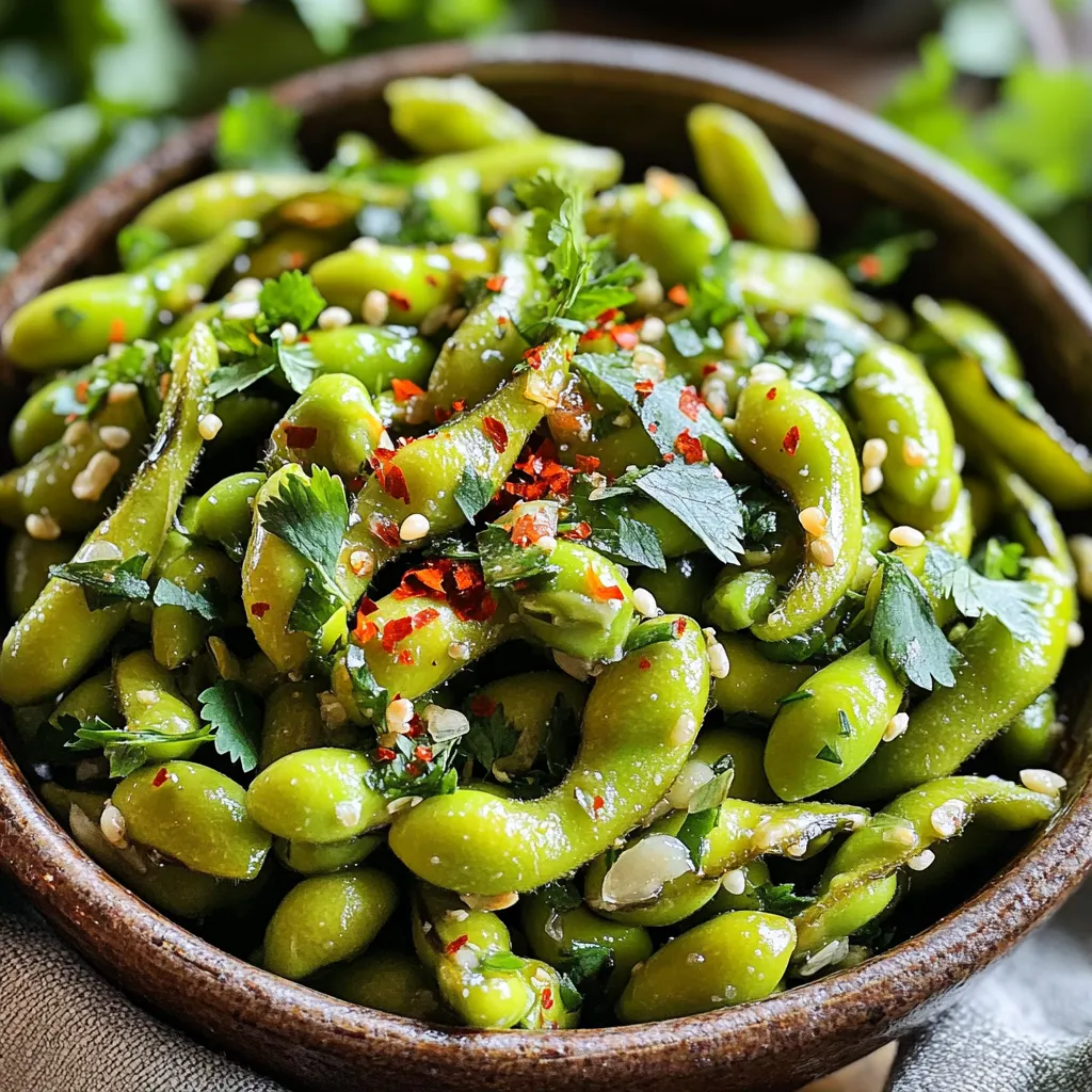 - 2 cups frozen edamame in pods - 2 tablespoons olive oil - 4 cloves garlic, minced - 1 teaspoon red pepper flakes (adjust to taste) - 1 tablespoon soy sauce - 1 teaspoon sesame oil - Salt to taste - Fresh cilantro for garnish To make Air Fryer Spicy Garlic Edamame, I start with frozen edamame in pods. You can find these at most stores in the frozen section. They provide a great texture and flavor. Next, I use olive oil to help the seasoning stick. It gives a rich taste. Garlic adds a strong and savory flavor. I always use fresh garlic and mince it well. Red pepper flakes give the snack its heat. You can adjust the amount based on your spice level. If you like it spicy, add more! Lastly, soy sauce brings umami flavor. It enhances the taste of the edamame. For an extra touch, I add sesame oil. This ingredient is optional but gives a nice nutty flavor. Don’t forget the salt! You can add it to taste. Fresh cilantro makes a lovely garnish. It adds a pop of color and freshness to your dish. - Rinse and thaw frozen edamame - Drain excess ice and water Start by rinsing the frozen edamame pods under warm water. This helps to thaw them a bit and wash away excess ice. After rinsing, drain the water well. Make sure the pods are free from any ice or water to help them soak up the flavors later. - Combine garlic, red pepper flakes, and oils In a mixing bowl, combine the minced garlic, red pepper flakes, olive oil, soy sauce, and sesame oil. Stir everything together well. This mixture creates a tasty marinade. You can adjust the red pepper flakes for more or less heat based on your taste. - Add edamame to marinade - Toss to coat evenly Now, add the drained edamame to the bowl with the marinade. Toss them gently to ensure each pod is coated evenly. This step is key to getting all the flavors into the edamame. - Set air fryer temperature and preheat - Air fry edamame and shake basket halfway Set your air fryer to 375°F (190°C) and preheat it for about 3 minutes. Once preheated, place the seasoned edamame in the air fryer basket in a single layer. Cook them for 10-12 minutes. Remember to shake the basket halfway through to help them cook evenly. - Ensure golden brown color and desired crispiness After 10 minutes, check the edamame. They should have a nice golden brown color and be crispy. If you want them crispier, feel free to air fry for an extra 2-3 minutes. - Transfer to bowl and garnish Once cooked, carefully transfer the edamame to a serving bowl. Sprinkle with salt to taste. If you like, add fresh cilantro for a pop of color and flavor. Enjoy these spicy garlic edamame warm as a tasty snack or appetizer! To get that perfect crunch, timing is key. Air fry the edamame for 10 to 12 minutes at 375°F (190°C). At the halfway point, give the basket a good shake. This helps them cook evenly. If you want more crispiness, add 2 to 3 extra minutes. Keep an eye on them to avoid burning. Want more heat? Increase the red pepper flakes. Start with one teaspoon and add more as you like. If you prefer it milder, reduce the amount. For a burst of flavor, try adding lime juice or a splash of rice vinegar after cooking. This brings brightness to the dish. Serve the edamame warm in a bowl. You can sprinkle some extra salt on top for flavor. Pair it with a cold drink or a light beer. For a fun twist, serve with dipping sauces like soy sauce or sriracha. Garnish with fresh cilantro for a pop of color and flavor. {{image_2}} You can make Air Fryer Spicy Garlic Edamame even more fun. Try adding other veggies. Bell peppers or snap peas add color and crunch. You can also stir in some mushrooms for an earthy taste. If you want a different kick, add some jalapeños or diced chili peppers. These add-ins will enhance the flavor and bring variety to your snack. Switching up your sauces can change everything. Instead of soy sauce, try tamari for a gluten-free option. You might also like teriyaki sauce for a sweet twist. For a tangy kick, a splash of rice vinegar can work wonders. Mix in some sriracha or chili garlic sauce if you want more heat. These sauce swaps keep the dish exciting. This recipe is already plant-based. Just ensure all sauces are vegan. Check the soy sauce and any other sauces you use. The recipe stays simple and delicious. You can also add nutritional yeast for a cheesy flavor without dairy. This keeps your Air Fryer Spicy Garlic Edamame tasty and vegan-friendly. To keep your cooked edamame fresh, place it in an airtight container. Let it cool first. Store it in the fridge for up to three days. Avoid leaving it out for too long, as it can spoil quickly. For the best taste, I recommend reheating in the air fryer. Set it to 350°F (175°C). Air fry for about 5 minutes. Shake the basket halfway through. The edamame will crisp up nicely. If using a microwave, heat in short bursts of 30 seconds. Check often to avoid overcooking. You can freeze both uncooked and cooked edamame. For uncooked, place it in a freezer bag. Remove as much air as possible and seal it. For cooked edamame, let it cool first. Then, spread it on a baking sheet to freeze individually. Once frozen, transfer to a bag. This helps keep it from clumping together. Cooking edamame in the air fryer takes about 10 to 12 minutes. I recommend checking them at the 10-minute mark. If they are not golden brown yet, add 2 to 3 more minutes. This will give you crispy and tasty edamame. Yes, you can use fresh edamame. Just make sure to adjust the cooking time. Fresh edamame usually cooks a bit faster than frozen. Start at 8 to 10 minutes and check for doneness. Spicy garlic edamame pairs well with many dishes. Try serving it as a snack with drinks. It also works great as a side dish with rice or noodles. You can add it to salads or grain bowls for extra flavor. Yes, edamame is very healthy! It is high in protein and fiber. It also contains vitamins and minerals like folate and vitamin K. Eating edamame may help with heart health and weight management. Enjoying it as a snack is a smart choice! In this post, we explored how to make tasty spicy garlic edamame. We covered the main and optional ingredients, step-by-step instructions, and helpful tips. You learned how to achieve that perfect crunch and enhance flavors. We even discussed fun variations and storage tips. Now you can enjoy this easy snack anytime. Remember, cooking should be fun and simple. Try new flavors and share them with friends!