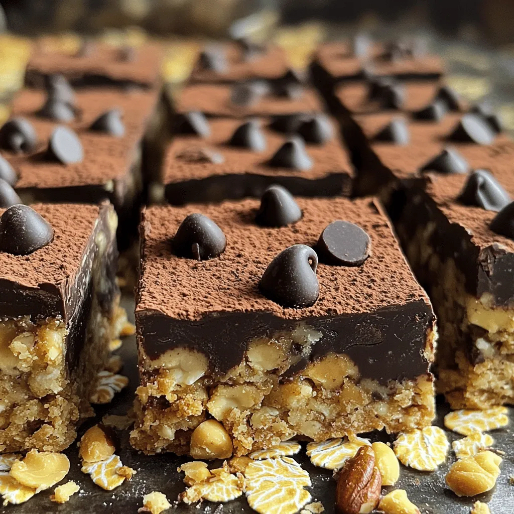 To make these Peanut Butter Chocolate Oat Bars, you need simple and healthy ingredients. Here’s what you will need: - 2 cups rolled oats - 1 cup natural peanut butter (smooth or crunchy) - ½ cup honey or maple syrup - ½ cup dark chocolate chips - ¼ cup unsweetened cocoa powder - ¼ teaspoon salt - ½ teaspoon vanilla extract - Optional: ¼ cup chopped nuts or seeds for added crunch Each ingredient plays a key role in the final taste and texture. Rolled oats provide a hearty base. Natural peanut butter adds creaminess and richness. Honey or maple syrup gives sweetness and binds everything together. Dark chocolate chips bring a delightful burst of flavor. Unsweetened cocoa powder intensifies the chocolate taste. A little salt balances the flavors, and vanilla extract enhances the aroma. You can also add chopped nuts or seeds for extra texture and nutrition. These ingredients work together to create a tasty snack that is easy to make and satisfying to eat. How to Preheat Your Oven First, set your oven to 350°F (175°C). This step warms the oven for even baking. Lining the Baking Pan with Parchment Paper Grab an 8x8 inch baking pan. Place parchment paper inside, letting it hang over the edges. This makes it easy to lift out the bars later. Combining Oats, Cocoa Powder, and Salt In a large bowl, mix 2 cups of rolled oats, ¼ cup of cocoa powder, and ¼ teaspoon of salt. Stir well until combined. This mix adds flavor and texture to your bars. Steps for Melting Peanut Butter with Honey/Maple Syrup Take a microwave-safe bowl. Combine 1 cup of natural peanut butter, ½ cup of honey (or maple syrup), and ½ teaspoon of vanilla extract. Heat for 30-45 seconds until warm. Stir until smooth. This mixture binds the bars together. Pouring and Mixing the Ingredients Together Pour the peanut butter mixture over the dry oats. Use a spatula to mix them well. Make sure everything is sticky and uniform. Incorporating Chocolate Chips and Optional Add-ins Next, fold in ½ cup of dark chocolate chips. You can also add ¼ cup of chopped nuts or seeds if you like extra crunch. Mix until evenly distributed. How to Properly Bake the Mixture Transfer the mixture into the prepared baking pan. Press down firmly to create an even layer. Bake for 15-20 minutes until the edges are slightly golden. Cooling Process and Cutting Instructions After baking, let the bars cool completely in the pan. Once cool, use the parchment paper to lift them out. Cut into squares or rectangles. Enjoy your tasty snack! To get a smooth texture, start with dry ingredients. Mix the oats, cocoa powder, and salt in a big bowl. Stir them well so they blend evenly. For your wet ingredients, heat the peanut butter, honey, and vanilla in the microwave. This makes it easier to mix. When you combine the two mixtures, use a spatula to fold them. This way, you ensure every oat gets coated well. To know when your bars are done, look at the edges. They should be golden brown. The center may still look soft, but that’s okay. It will firm as it cools. Set a timer for 15 minutes and check. If the edges are not golden, bake for another few minutes. Don’t overbake, or the bars will be dry. You can make these bars even better! Add-ins can boost the taste and texture. Try mixing in chopped nuts or seeds for a crunchy bite. You can also add spices like cinnamon for warmth. If you love coconut, shredded coconut works great too. Experiment and find your favorite mix! {{image_2}} You can change the sweet taste of these bars. Using agave nectar can give a nice twist. It’s sweeter than honey and has a lower glycemic index. This option is great for those who want a lighter sweetness. If you prefer sugar-free, try stevia or monk fruit sweetener. These add sweetness without extra calories. You might need to adjust the amount since they are much sweeter than honey. Feel free to swap peanut butter with other nut butters. Almond butter works well and adds a rich, nutty flavor. It’s a tasty choice for those who want to try something new. Cashew butter is another choice. It’s creamier and has a milder taste. Both nut butters give the bars a different texture and flavor. Adding spices can boost the taste of your bars. Try cinnamon for a warm, sweet touch. Just a pinch can make a big difference! Nutmeg is also a great option. It gives a cozy, fall flavor. You can experiment with both spices to find your favorite combo. These small changes can make your bars even more enjoyable! Choosing the right container is key. Use an airtight container to keep your bars fresh. Glass or plastic works well. Make sure the bars cool completely before storing them. This helps prevent moisture build-up and keeps them from getting soggy. How long do these bars last in the fridge? They can stay fresh for up to one week. After that, the taste and texture may change. To enjoy them at their best, eat them within this time. You can freeze these bars for later. To freeze, cut them into squares or rectangles. Wrap each piece in plastic wrap, then place them in a freezer-safe bag. This keeps them fresh for up to three months. To thaw, just take them out and let them sit at room temperature for about 30 minutes. Enjoy your tasty snack anytime! Yes, you can use quick oats. They will make the bars softer. Rolled oats create a chewier texture, which many prefer. If you choose quick oats, reduce the baking time slightly. To make these bars vegan, swap honey for maple syrup or agave. Use a plant-based peanut butter. All other ingredients are already vegan-friendly. You can use agave nectar or brown rice syrup. Both options work well. They maintain moisture and sweetness. Look for golden edges and a firm center. The bars should not jiggle. They will firm up as they cool. Yes, you can add protein powder. Start with ¼ cup and mix it in with the dry ingredients. Adjust other liquids if needed for texture. You learned how to make tasty Peanut Butter Chocolate Oat Bars. We covered the right ingredients and simple steps to mix, bake, and store them. I shared tips for flavor options and even answered common questions. These bars are easy to customize and great for snacks or desserts. Try different add-ins and enjoy them fresh or stored. Now, it's time to make your own bars and share them with friends! Enjoy your baking adventure!
