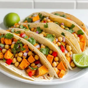 - 2 large sweet potatoes, peeled and diced - 1 can (15 oz) chickpeas, drained and rinsed - 1 red bell pepper, diced - 1 red onion, chopped - 2 tablespoons olive oil - 1 tablespoon chili powder - 1 teaspoon cumin - 1/2 teaspoon smoked paprika - Salt and pepper to taste - 8 small corn tortillas - Fresh cilantro, for garnish - Lime wedges, for serving You need a few simple ingredients to create these delicious tacos. Start with sweet potatoes. They add a nice sweetness and great texture. Chickpeas bring protein and fiber, making these tacos filling and nutritious. Next, grab a red bell pepper and a red onion. They add color and crunch. The spices are key. Chili powder gives heat, while cumin and smoked paprika add depth. Don’t forget salt and pepper to enhance all the flavors. You will also need corn tortillas. They are the perfect vessel for your filling. Lastly, have fresh cilantro and lime wedges on hand. They make great toppings to brighten up your tacos. - Preheat your oven to 425°F (220°C). - Peel and dice the sweet potatoes. - Rinse and drain the chickpeas. - Dice the red bell pepper. - Chop the red onion. - In a large mixing bowl, add the sweet potatoes, chickpeas, bell pepper, and onion. - Drizzle 2 tablespoons of olive oil over the veggies. - Add 1 tablespoon of chili powder, 1 teaspoon of cumin, and 1/2 teaspoon of smoked paprika. - Season with salt and pepper to taste. - Toss everything until the veggies are well coated in oil and spices. - Spread the mixture evenly on a baking sheet lined with parchment paper. - Roast in the preheated oven for 25-30 minutes. - Stir halfway through to ensure even cooking. - Look for tender sweet potatoes that are slightly caramelized. - While the veggies roast, warm the corn tortillas on a skillet or over an open flame. - Once warm, take a tortilla and add a generous spoonful of the sweet potato and chickpea mix. - Garnish with fresh cilantro. - Serve with lime wedges on the side for a zesty kick. To ensure even roasting, cut your sweet potatoes into similar-sized pieces. This helps them cook at the same rate. Spread the veggies out on the pan without crowding them. If they are too close, they will steam instead of roast. Stir the mixture halfway through the cooking time. This will help them brown evenly. Choosing the right spices is key for flavor. I love using chili powder and cumin for warmth. Smoked paprika adds a nice, smoky touch. Feel free to adjust these spices to fit your taste. If you want more heat, add cayenne pepper. For a milder flavor, use less chili powder. For serving arrangements, I recommend placing the assembled tacos on a colorful platter. This makes the dish more inviting. You can also layer them in a stack to save space. It’s fun to see all the colors of the veggies. Garnishing suggestions can elevate your tacos. Fresh cilantro adds a pop of green and flavor. You can also add lime wedges for a zesty touch. Just squeeze the lime over the tacos right before eating. It brightens up the dish. Consider adding additional toppings to boost flavor. Sliced avocado or diced tomatoes work well. You can also add a dollop of sour cream or Greek yogurt for creaminess. Pairing suggestions with sauces can enhance the meal. A drizzle of hot sauce gives a spicy kick. A tangy yogurt sauce balances the flavors nicely. You can even try a fresh salsa for added freshness. {{image_2}} You can easily change the veggies in this recipe. Think of using zucchini, cauliflower, or carrots. Each swap brings a new taste and texture. You can also add proteins. Try slices of avocado or different beans like black beans or pinto beans. These swaps will keep your tacos fresh and fun. This recipe is vegan, which is great for plant lovers. You can enjoy it without any animal products. If you're gluten-free, use corn tortillas. They are naturally gluten-free. Always check the label to be sure. These small changes make the dish fit your diet. You can make your tacos spicy or mild. Add more chili powder for heat or skip it for a milder taste. If you want extra flavor, try adding garlic powder or fresh herbs like oregano. These little changes can make your tacos pop with flavor! Store leftover tacos in an airtight container in the fridge. This keeps them fresh and tasty. You can enjoy them for up to three days after cooking. Make sure they cool down before sealing the container. This helps avoid moisture build-up. To freeze tacos, first, let them cool completely. Then, wrap each taco tightly in plastic wrap. Place them in a freezer bag or container. They can last for about three months in the freezer. When you want to eat them, take them out and thaw in the fridge overnight. Reheat tacos in the oven or on the stove. Set the oven to 350°F (175°C) and heat for about 10 minutes. If using a skillet, warm them over medium heat for a few minutes on each side. This keeps the tortillas crispy and the filling warm. Avoid microwaving, as this can make tortillas soggy. Enjoy your flavorful tacos again! How long do these tacos take to prepare? These tacos take about 15 minutes to prep. The roasting time is 25 to 30 minutes. So, you can have them ready in about 40 minutes. Can I make these tacos in advance? Yes, you can prepare the sweet potato and chickpea mix ahead of time. Store it in the fridge for up to three days. Just warm it up before serving. What can I serve with sheet pan tacos? You can serve these tacos with a fresh salad, rice, or beans. Guacamole and salsa also make great sides. Are sheet pan tacos healthy? Yes, these tacos are healthy! They use sweet potatoes and chickpeas, which are full of nutrients. You get fiber, vitamins, and plant protein in every bite. Can I use different types of tortillas? Absolutely! You can use flour tortillas or even lettuce wraps for a low-carb option. Just make sure to warm them up for the best taste. How to adjust the recipe for more servings? To serve more people, simply double or triple the ingredients. Just keep the same cooking time, but check for doneness. Can I make this recipe in an air fryer? Yes, you can! Cook the mixture in batches in the air fryer. Set it to 400°F (200°C) and cook for about 15-20 minutes. Shake the basket halfway for even cooking. This blog post covered a delicious taco recipe using sweet potatoes, chickpeas, and spices. You learned how to prepare, mix, and roast these ingredients for tasty tacos. I shared tips for cooking, presentation, and flavor enhancements to elevate your dish. Plus, we explored variations for dietary needs and storage methods to keep your leftovers fresh. These tacos are not just simple—they're full of flavor and versatility. Enjoy making them your way!
