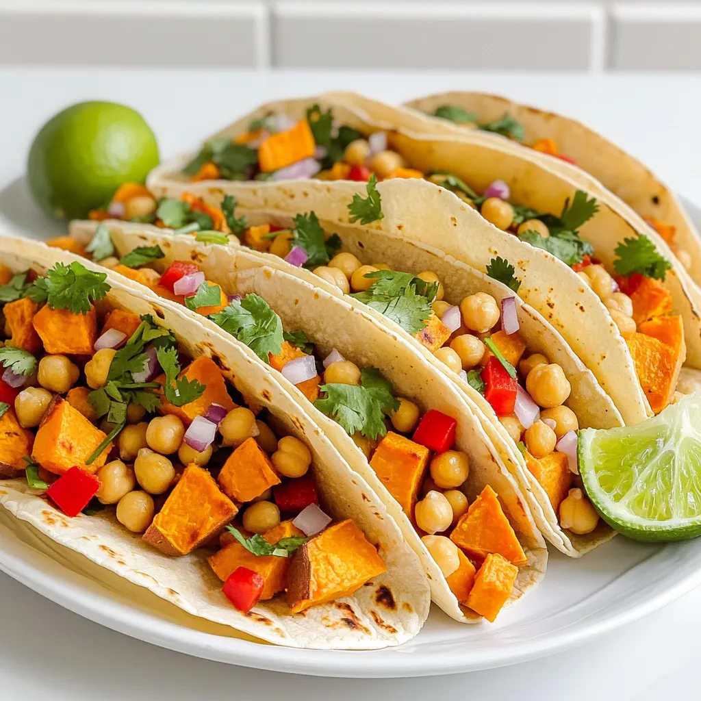 - 2 large sweet potatoes, peeled and diced - 1 can (15 oz) chickpeas, drained and rinsed - 1 red bell pepper, diced - 1 red onion, chopped - 2 tablespoons olive oil - 1 tablespoon chili powder - 1 teaspoon cumin - ½ teaspoon smoked paprika - Salt and pepper to taste - 8 small corn tortillas - Fresh cilantro, for garnish - Lime wedges, for serving You need a few simple ingredients to create these delicious tacos. Start with sweet potatoes. They add a nice sweetness and great texture. Chickpeas bring protein and fiber, making these tacos filling and nutritious. Next, grab a red bell pepper and a red onion. They add color and crunch. The spices are key. Chili powder gives heat, while cumin and smoked paprika add depth. Don’t forget salt and pepper to enhance all the flavors. You will also need corn tortillas. They are the perfect vessel for your filling. Lastly, have fresh cilantro and lime wedges on hand. They make great toppings to brighten up your tacos. - Preheat your oven to 425°F (220°C). - Peel and dice the sweet potatoes. - Rinse and drain the chickpeas. - Dice the red bell pepper. - Chop the red onion. - In a large mixing bowl, add the sweet potatoes, chickpeas, bell pepper, and onion. - Drizzle 2 tablespoons of olive oil over the veggies. - Add 1 tablespoon of chili powder, 1 teaspoon of cumin, and ½ teaspoon of smoked paprika. - Season with salt and pepper to taste. - Toss everything until the veggies are well coated in oil and spices. - Spread the mixture evenly on a baking sheet lined with parchment paper. - Roast in the preheated oven for 25-30 minutes. - Stir halfway through to ensure even cooking. - Look for tender sweet potatoes that are slightly caramelized. - While the veggies roast, warm the corn tortillas on a skillet or over an open flame. - Once warm, take a tortilla and add a generous spoonful of the sweet potato and chickpea mix. - Garnish with fresh cilantro. - Serve with lime wedges on the side for a zesty kick. To ensure even roasting, cut your sweet potatoes into similar-sized pieces. This helps them cook at the same rate. Spread the veggies out on the pan without crowding them. If they are too close, they will steam instead of roast. Stir the mixture halfway through the cooking time. This will help them brown evenly. Choosing the right spices is key for flavor. I love using chili powder and cumin for warmth. Smoked paprika adds a nice, smoky touch. Feel free to adjust these spices to fit your taste. If you want more heat, add cayenne pepper. For a milder flavor, use less chili powder. For serving arrangements, I recommend placing the assembled tacos on a colorful platter. This makes the dish more inviting. You can also layer them in a stack to save space. It’s fun to see all the colors of the veggies. Garnishing suggestions can elevate your tacos. Fresh cilantro adds a pop of green and flavor. You can also add lime wedges for a zesty touch. Just squeeze the lime over the tacos right before eating. It brightens up the dish. Consider adding additional toppings to boost flavor. Sliced avocado or diced tomatoes work well. You can also add a dollop of sour cream or Greek yogurt for creaminess. Pairing suggestions with sauces can enhance the meal. A drizzle of hot sauce gives a spicy kick. A tangy yogurt sauce balances the flavors nicely. You can even try a fresh salsa for added freshness. {{image_2}} You can easily change the veggies in this recipe. Think of using zucchini, cauliflower, or carrots. Each swap brings a new taste and texture. You can also add proteins. Try slices of avocado or different beans like black beans or pinto beans. These swaps will keep your tacos fresh and fun. This recipe is vegan, which is great for plant lovers. You can enjoy it without any animal products. If you're gluten-free, use corn tortillas. They are naturally gluten-free. Always check the label to be sure. These small changes make the dish fit your diet. You can make your tacos spicy or mild. Add more chili powder for heat or skip it for a milder taste. If you want extra flavor, try adding garlic powder or fresh herbs like oregano. These little changes can make your tacos pop with flavor! Store leftover tacos in an airtight container in the fridge. This keeps them fresh and tasty. You can enjoy them for up to three days after cooking. Make sure they cool down before sealing the container. This helps avoid moisture build-up. To freeze tacos, first, let them cool completely. Then, wrap each taco tightly in plastic wrap. Place them in a freezer bag or container. They can last for about three months in the freezer. When you want to eat them, take them out and thaw in the fridge overnight. Reheat tacos in the oven or on the stove. Set the oven to 350°F (175°C) and heat for about 10 minutes. If using a skillet, warm them over medium heat for a few minutes on each side. This keeps the tortillas crispy and the filling warm. Avoid microwaving, as this can make tortillas soggy. Enjoy your flavorful tacos again! How long do these tacos take to prepare? These tacos take about 15 minutes to prep. The roasting time is 25 to 30 minutes. So, you can have them ready in about 40 minutes. Can I make these tacos in advance? Yes, you can prepare the sweet potato and chickpea mix ahead of time. Store it in the fridge for up to three days. Just warm it up before serving. What can I serve with sheet pan tacos? You can serve these tacos with a fresh salad, rice, or beans. Guacamole and salsa also make great sides. Are sheet pan tacos healthy? Yes, these tacos are healthy! They use sweet potatoes and chickpeas, which are full of nutrients. You get fiber, vitamins, and plant protein in every bite. Can I use different types of tortillas? Absolutely! You can use flour tortillas or even lettuce wraps for a low-carb option. Just make sure to warm them up for the best taste. How to adjust the recipe for more servings? To serve more people, simply double or triple the ingredients. Just keep the same cooking time, but check for doneness. Can I make this recipe in an air fryer? Yes, you can! Cook the mixture in batches in the air fryer. Set it to 400°F (200°C) and cook for about 15-20 minutes. Shake the basket halfway for even cooking. This blog post covered a delicious taco recipe using sweet potatoes, chickpeas, and spices. You learned how to prepare, mix, and roast these ingredients for tasty tacos. I shared tips for cooking, presentation, and flavor enhancements to elevate your dish. Plus, we explored variations for dietary needs and storage methods to keep your leftovers fresh. These tacos are not just simple—they're full of flavor and versatility. Enjoy making them your way!