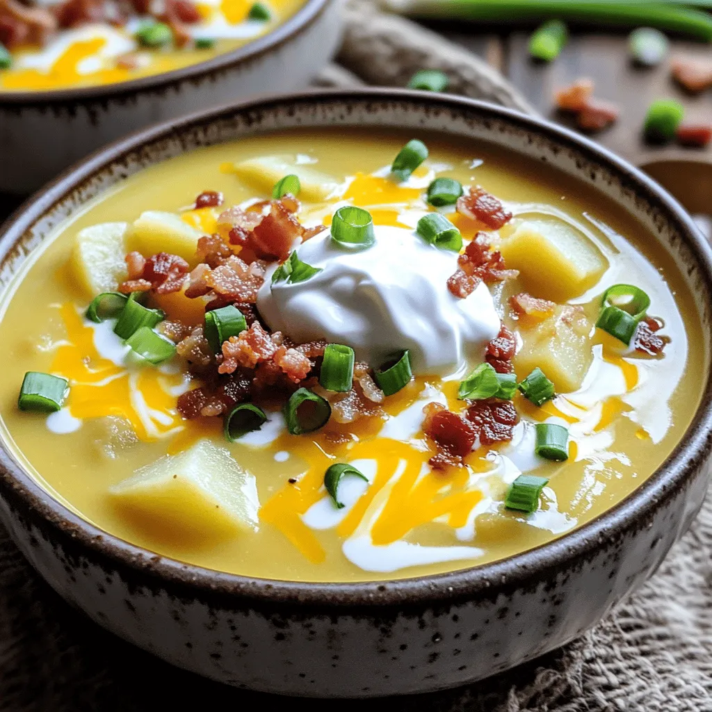 To make this loaded potato soup, gather these simple ingredients: - 4 large russet potatoes, peeled and diced - 1 medium onion, chopped - 3 garlic cloves, minced - 4 cups vegetable broth - 1 cup heavy cream (or coconut cream for a vegan option) - 1 cup shredded sharp cheddar cheese, plus more for topping - 1 cup cooked and crumbled turkey bacon or plant-based bacon (optional) - 1 teaspoon dried thyme - 1 teaspoon smoked paprika - Salt and pepper to taste - ½ cup sour cream or Greek yogurt for garnish - Chopped green onions for garnish You can easily swap ingredients based on your taste or needs. Here are some ideas: - Use sweet potatoes for a sweeter flavor. - Replace heavy cream with cashew cream for a nutty twist. - Try different cheese like gouda or pepper jack for extra flavor. - For a lighter option, skip the bacon or use a veggie alternative. Using fresh ingredients makes a big difference. Here are some tips: - Choose firm russet potatoes with no bruises or blemishes. - Fresh garlic gives a stronger flavor than pre-minced. - Look for high-quality vegetable broth for better taste. - Select sharp cheddar cheese for a bolder flavor profile. These choices will make your soup rich and delicious. Enjoy the cooking journey! Start by peeling the four large russet potatoes. Dice them into small cubes. This helps them cook evenly. Next, chop one medium onion and mince three garlic cloves. Add these to your work area. In your slow cooker, combine the diced potatoes, chopped onion, and minced garlic. Pour in four cups of vegetable broth. This adds flavor and moisture. Stir everything well to mix the ingredients. Now, sprinkle in one teaspoon of dried thyme and one teaspoon of smoked paprika. Add salt and pepper to taste. These spices boost the soup's flavor. Mix them thoroughly with the vegetables. Cover your slow cooker. Set it to cook on low for 6-7 hours or on high for 3-4 hours. The goal is to make the potatoes tender. Check the soup after the cooking time. The potatoes should be soft and easy to mash. Once done, use a potato masher or an immersion blender. Blend some of the potatoes but leave a few chunks for texture. This creates a creamy base while keeping some bite. After blending, stir in one cup of heavy cream. If you prefer a vegan option, use coconut cream instead. Next, mix in one cup of shredded sharp cheddar cheese. Stir until the cheese melts and blends well. If you want, add one cup of cooked and crumbled turkey bacon for extra flavor. Adjust the seasoning if needed with more salt and pepper. Serve the soup hot. Top each bowl with a dollop of sour cream or Greek yogurt. Add extra cheddar cheese and chopped green onions for garnish. Enjoy your creamy comfort dish! For the best creaminess, use heavy cream. It adds rich flavor and smoothness. If you prefer a lighter option, coconut cream works great too. Blend some potatoes with a masher or an immersion blender. This step helps create a thick and creamy base. Make sure to leave some chunks for texture. To boost the taste, use fresh herbs when possible. Dried thyme and smoked paprika give depth. You can add a splash of lemon juice for brightness. Adjust salt and pepper to your liking. For a smoky flavor, try adding a bit of liquid smoke. If you love cheese, toss in more sharp cheddar right before serving. A good slow cooker is key for this soup. I recommend one with a timer. An immersion blender makes blending easy and mess-free. You can also use a regular blender, but be careful with hot soup. A potato masher is handy if you prefer a chunkier texture. Don't forget a sturdy cutting board and a sharp knife for prepping your ingredients. {{image_2}} You can make this soup vegan easily. Swap out the heavy cream for coconut cream. It adds a nice richness. You can also skip the cheese or use a vegan cheese. For the broth, stick with vegetable broth. This keeps all the flavors intact while being plant-based. If you want more protein, add beans or lentils. They blend well and make the soup hearty. You can also use plant-based bacon for a smoky flavor. Another option is adding cooked chickpeas. They add texture and nutrition without overpowering the dish. You can change the flavor by adding spices. A pinch of cayenne pepper gives it heat. Fresh herbs like parsley or cilantro brighten the taste. For a smoky twist, try adding chipotle powder. You can also sprinkle in some lemon juice before serving for a fresh zest. Adjust these flavors to fit your taste! To store leftovers, let the soup cool down first. Use an airtight container. You can keep it in the fridge for about 3 to 5 days. Make sure to label the container with the date. This helps you know when to use it. Reheat the soup on the stove over medium heat. Stir it often to avoid sticking. If it seems too thick, add a splash of broth or cream. You can also use a microwave. Place the soup in a microwave-safe bowl. Heat it in short bursts, stirring between each. You can freeze this soup for later. Use freezer-safe containers or bags. Leave some space for the soup to expand as it freezes. It can last up to 3 months in the freezer. To thaw, place it in the fridge overnight. Reheat it on the stove or microwave afterward. You can store loaded potato soup in the fridge for about three to five days. Make sure to keep it in an airtight container. If you want to keep it longer, you can freeze it. The soup can last up to three months in the freezer. Just be sure to let it cool before you freeze it. Yes, you can use different potatoes for this soup. While russet potatoes are great, Yukon Gold or red potatoes work well too. Yukon Gold gives a creamier texture. Red potatoes add a nice color and flavor. Just keep in mind that cooking times may vary a bit. You can make this soup on the stove if you don’t have a slow cooker. Start by cooking the onions and garlic in a large pot. Then, add the diced potatoes and broth. Bring it to a boil, then lower the heat and let it simmer. Cook until the potatoes are soft, about 20 to 30 minutes. You can then mash some potatoes for texture and stir in the cream and cheese. To make loaded potato soup, you need the right ingredients and proper preparation. We covered substitutions, cooking steps, and how to achieve creamy textures. I shared tips for enhancing flavor and equipment suggestions for success. You can customize the soup to fit your diet, and storage tips ensure leftovers last longer. Remember, you can always adjust recipes to fit your taste. Enjoy the process and have fun cooking!