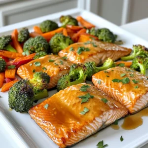 - 4 salmon fillets (6 oz each) - 3 tablespoons pure maple syrup - 2 tablespoons soy sauce (or tamari for gluten-free) - 1 tablespoon Dijon mustard - 2 tablespoons olive oil - 2 cups broccoli florets - 1 cup baby carrots - 1 red bell pepper, sliced into strips - 1 teaspoon garlic powder - Salt and pepper to taste - Fresh parsley, chopped (for garnish) Each serving packs a healthy punch. You get about 350 calories, with 22 grams of protein. The dish also provides healthy fats and fiber. It is rich in vitamins A and C from the veggies. This meal is balanced and satisfying. When buying salmon, look for bright, shiny skin. The flesh should be firm and have a nice pink color. Avoid any fish with a strong fishy smell. For veggies, choose bright colors and firm textures. Fresh broccoli should be dark green and crisp. Select carrots that are smooth, with no soft spots. Fresh bell peppers should feel heavy for their size and have smooth skin. First, gather your ingredients. You will need: - 4 salmon fillets (6 oz each) - 3 tablespoons pure maple syrup - 2 tablespoons soy sauce - 1 tablespoon Dijon mustard - 2 tablespoons olive oil - 2 cups broccoli florets - 1 cup baby carrots - 1 red bell pepper - 1 teaspoon garlic powder - Salt and pepper - Fresh parsley Next, preheat your oven to 400°F (200°C). Line a large baking sheet with parchment paper. This helps with cleanup. In a small bowl, whisk together the maple syrup, soy sauce, Dijon mustard, and olive oil. This mix will be your glaze. Set it aside for later. Place the salmon fillets on one side of the baking sheet. Season them with salt, pepper, and garlic powder. Pour half of the maple glaze over the salmon. Make sure each piece is coated well. On the other side, arrange the broccoli, baby carrots, and red bell pepper strips. Drizzle olive oil on the veggies and season them with salt and pepper. Toss the veggies to coat them evenly. Now, put the baking sheet in the oven. Roast for about 15-18 minutes. The salmon should flake easily with a fork when done. The veggies will be tender-crisp. In the last 5 minutes, brush the remaining glaze over the salmon. This adds a nice flavor boost. You will need 10 minutes to prep the dish. The total cooking time is about 20 minutes. So, the whole meal takes around 30 minutes from start to finish. Once done, let the salmon rest for a couple of minutes before serving. Garnish with fresh parsley for a bright touch. Enjoy this easy and tasty dish! To make a great maple glaze, start with pure maple syrup. Mix it with soy sauce and Dijon mustard. The soy sauce adds salt and depth. The mustard gives a nice tang. Whisk these together with olive oil until smooth. Brush half of this glaze on the salmon before cooking. Save the rest for the last few minutes. This step adds an extra layer of flavor. For roasted veggies, cut them into similar sizes. This helps them cook evenly. Broccoli florets, baby carrots, and bell peppers work great. Toss them in olive oil, salt, and pepper. Spread them out on the baking sheet. This allows hot air to circulate around each piece. Roast for about 15-18 minutes. They should be tender but still crisp. When serving, arrange the salmon and veggies on a large platter. The colors should pop! Drizzle any remaining glaze over the top. This adds shine and flavor. Sprinkle with fresh parsley for a bright touch. A beautiful presentation makes the meal feel special. Enjoy your dish with pride! {{image_2}} You can mix and match veggies to suit your taste. Here are some great options: - Zucchini, sliced - Asparagus, trimmed - Cauliflower florets - Brussels sprouts, halved - Sweet potatoes, diced These vegetables roast well and absorb the maple glaze nicely. Experiment and find your favorite combo! This recipe is easy to make gluten-free. Just swap soy sauce for tamari. Tamari is a great choice, as it tastes similar. Always check labels to ensure no gluten sneaks in. You can change the marinade for fun flavors. Try these ideas: - Add fresh ginger for spice. - Use orange juice for a citrus twist. - Mix in sriracha for heat, if you love spice. These changes keep the dish exciting. Feel free to get creative! To store leftover salmon and veggies, let them cool first. Place them in an airtight container. Make sure to cover the salmon well. This helps keep it fresh. You can store it in the fridge for up to three days. To reheat, preheat your oven to 350°F (175°C). Place the salmon and veggies on a baking sheet. Cover them loosely with foil. This keeps moisture in. Heat for about 10-15 minutes, or until warm. You can also use a microwave, but the oven keeps the texture better. The shelf life of cooked salmon and veggies is about three days in the fridge. For longer storage, freeze them. Wrap each piece of salmon and veggies in plastic wrap. Then, place them in a freezer bag. They can last up to three months in the freezer. To thaw, move them to the fridge overnight before reheating. Cooking salmon in a sheet pan takes about 15 to 18 minutes. At 400°F (200°C), the salmon cooks fast. It flakes easily when done. Check the thickest part for doneness. If it’s opaque and flakes with a fork, it’s ready. Yes, you can prepare some parts ahead. Season the salmon and chop the veggies. Store them in the fridge until ready to bake. This saves time on busy nights. Just add the glaze right before cooking for fresh flavor. Sheet-pan salmon goes well with many sides. Here are some great options: - Quinoa - Brown rice - Mashed potatoes - Garlic bread - A light salad These sides add variety and balance. Choose what you love most! You can grill the salmon if you prefer! Preheat your grill to medium heat. Brush the glaze on the salmon. Grill for about 6 to 8 minutes per side. Watch closely so it doesn’t burn. Grilling adds a tasty smokiness too! This blog post covered everything you need for a delicious sheet-pan maple glazed salmon meal. We discussed key ingredients, simple cooking steps, and tips for perfecting your dish. I shared storage tips and answered common questions to help you succeed. With these insights, you can confidently prepare a tasty, healthy meal that impresses. Enjoy cooking and making this recipe your own!
