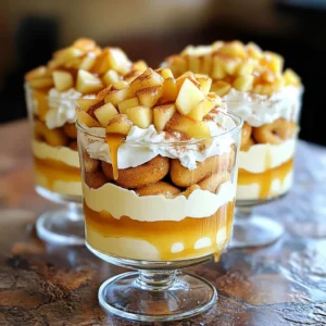To make Apple Cider Donut Trifle Cups, you'll need: - 4 apple cider donuts, crumbled - 2 cups vanilla pudding - 1 cup whipped cream - 1 cup diced apples (preferably sweet varieties) - 1 teaspoon cinnamon - 2 tablespoons brown sugar These ingredients blend to create a sweet, layered dessert that brings joy to any gathering. Enhance your trifle cups with these garnishes: - Caramel sauce for drizzling - Thin apple slices for decoration - Crushed nuts for added crunch These little touches make your trifle cups look and taste even better! You can switch some ingredients if needed: - Use chocolate pudding instead of vanilla for a richer flavor. - Swap apple cider donuts for cinnamon donuts or sponge cake. - Try different apples, like tart Granny Smith or sweet Fuji. These substitutions allow you to customize the trifle to your taste and what you have on hand. Start by dicing your apples into small pieces. I prefer sweet apples for their taste. In a small bowl, mix the diced apples with one teaspoon of cinnamon and two tablespoons of brown sugar. This blend adds a warm, sweet flavor. Let the apples sit for about 10 minutes. This allows the sugar to draw out the juice from the apples. You will see a nice syrup form at the bottom of the bowl. Grab your clear cups or dessert glasses. Begin with a layer of crumbled apple cider donuts. Use about half of the donuts for the bottom layer. Next, spoon a layer of vanilla pudding over the donuts. Smooth it out with the back of your spoon for a nice look. After that, add a layer of whipped cream. You can use a piping bag for a fancy touch, or just spoon it on. Now, take your cinnamon-sugar apple mixture and spoon it over the whipped cream. Repeat the layering process. Start again with donut crumbles, then pudding, followed by whipped cream, and finally the apple mixture. Finish with a big dollop of whipped cream on top. If you want to make it special, drizzle some caramel sauce over the top. A sprinkle of cinnamon adds a nice touch, too. Enjoy this treat chilled for the best flavor! Make your trifle cups look great. Use clear cups to show off the layers. This makes it fun to see the bright apples, cream, and donuts. For a fancy touch, add a thin apple slice on the rim. A sprinkle of crushed nuts adds crunch and color. Serve the cups chilled for the best taste. To boost flavor, try adding nutmeg or ginger to the apple mix. These spices add warmth that pairs well with the sweet donuts. Drizzle some caramel sauce on top for extra sweetness. You can also swap the vanilla pudding for a butterscotch or pumpkin flavor. These changes can make the trifle even more special. One mistake is not letting the apples sit long enough. They need to sit so they can soak up the cinnamon and sugar. This step brings out their natural sweetness. Avoid overfilling the cups. Each layer should be even and not too packed. This helps keep each bite balanced and tasty. Lastly, don't skip the chilling step. Chilling helps the flavors blend and makes each bite creamy and smooth. {{image_2}} You can change your trifle cups with the seasons. In fall, use spiced donuts. In winter, try peppermint donuts for a festive twist. In spring, swap for lemon donuts to brighten the dish. Summer? Fresh berry toppings can add a burst of color and flavor. Each season brings new tastes to enjoy. To make this treat gluten-free, use gluten-free apple cider donuts. Check the label to be sure. For a vegan option, swap the pudding for a plant-based version and use coconut cream instead of whipped cream. You can still enjoy all the layers without missing any flavors. Mixing flavors can elevate your trifle. Add nutmeg for warmth or ginger for a kick. Try using different fruits like pears or berries. You can even mix in some nuts for crunch. These small changes can create a new favorite dessert every time. Store your Apple Cider Donut Trifle Cups in the fridge. Use an airtight container. They will stay fresh for about 2 to 3 days. Keep the whipped cream from getting too soft. If you notice it losing its shape, enjoy them quickly. Freezing is not the best option for these trifle cups. The texture of the whipped cream and pudding can change. If you must freeze them, separate the layers first. You can freeze the crumbled donuts and apple mixture. Just thaw them before layering again. These trifle cups taste best when served cold. Enjoy them the same day you make them. The flavors blend nicely after a few hours in the fridge. They are perfect for parties or gatherings, especially in autumn. Yes, you can use store-bought apple cider donuts. They save time and still taste great. Just crumble them up as you would with homemade ones. The flavor will still shine through in your trifle cups. You can store the trifle cups in the fridge for up to two days. Keep them covered to avoid drying out. After two days, the donuts may get soggy. You can use chocolate pudding or butterscotch pudding instead of vanilla. Both will add a fun twist to your trifle. If you want a lighter option, try Greek yogurt mixed with honey. Yes, you can use gluten-free apple cider donuts for this recipe. Check the store for gluten-free brands. Ensure the pudding and any other ingredients are gluten-free too. Yes, you can make this trifle ahead of time. Assemble it a day in advance and store it in the fridge. Just add the whipped cream and caramel sauce right before serving for the best taste. This blog covered key ingredients and how to prepare them for your trifle. I shared tips for better presentation and ways to adapt the recipe for different diets. Remember to store your trifle properly for the best taste. Enjoy experimenting with flavors and substitutes to make it your own. With these steps in mind, you can create a great dessert that impresses everyone!
