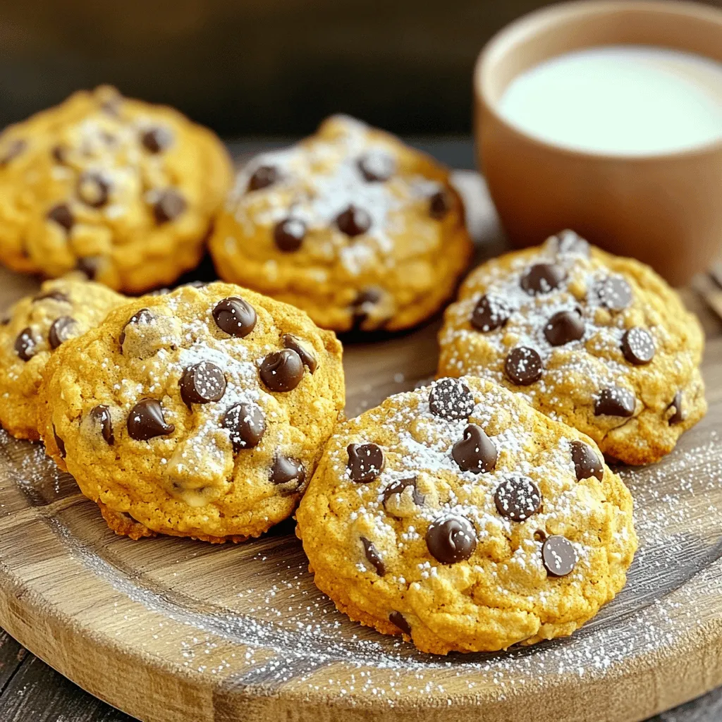 To make Pumpkin Oatmeal Chocolate Chip Cookies, you need the right mix of ingredients. Each one serves a purpose and adds to the flavor and texture. Here’s what you will need: - 1 cup pumpkin puree - ½ cup brown sugar, packed - ½ cup granulated sugar - ½ cup unsalted butter, softened - 1 large egg - 1 teaspoon vanilla extract - 1 teaspoon baking soda - 1 teaspoon ground cinnamon - ½ teaspoon ground nutmeg - ¼ teaspoon ground ginger - ¼ teaspoon salt - 1 ½ cups rolled oats - 1 cup all-purpose flour - ½ cup semi-sweet chocolate chips Pumpkin puree gives the cookies a moist and chewy feel. The sugars add sweetness and help with browning. Softened butter makes the cookies rich and tender. The egg binds everything together, while vanilla brings in warmth. Baking soda helps the cookies rise. The spices like cinnamon, nutmeg, and ginger give a cozy flavor. Rolled oats add texture and heartiness, while the flour gives structure. Finally, chocolate chips are the stars that make every bite a delight. This mix of ingredients will create a lovely batch of cookies that are perfect for any occasion. 1. Start by preheating your oven to 350°F (175°C). This step is key for even baking. Line a baking sheet with parchment paper. This helps the cookies not stick. 2. In a large bowl, cream together the softened unsalted butter, brown sugar, and granulated sugar. Mix until it looks light and fluffy. This creates a nice base for your cookies. 3. Next, add in the pumpkin puree, large egg, and vanilla extract. Stir until the mixture is smooth. This adds moisture and flavor to your cookies. 4. In a separate bowl, whisk together the all-purpose flour, rolled oats, baking soda, ground cinnamon, ground nutmeg, ground ginger, and salt. This helps to evenly distribute the dry ingredients. 5. Gradually mix the dry ingredients into the wet mixture. Stir just until combined. Be careful not to overmix; this keeps the cookies soft. 6. Now fold in the semi-sweet chocolate chips. Make sure they are evenly spread throughout the dough. This will enhance each bite with chocolate goodness. 1. Use a tablespoon to drop rounded portions of dough onto the prepared baking sheet. Space them about 2 inches apart. You can flatten them slightly with a spoon if you want. 2. Bake the cookies in the preheated oven for 12-15 minutes. Watch for the edges to be lightly golden. This means they are ready. 3. When done, remove the cookies from the oven. Let them sit on the baking sheet for 5 minutes. This helps them firm up. 4. Finally, transfer the cookies to a wire rack to cool completely. This will give you the perfect texture for your treats. Enjoy the process, and soon you’ll have warm, tasty cookies to share! How to avoid overmixing Overmixing can ruin the texture of your cookies. When you add dry ingredients to the wet mix, stir gently. Stop as soon as you see no dry flour. This keeps the cookies soft and chewy. Ensuring even baking To get even baking, space your cookie dough about 2 inches apart on the baking sheet. This allows heat to flow freely around each cookie. Rotate the baking sheet halfway through baking for best results. Adding nuts or dried fruits You can make these cookies even better by adding nuts or dried fruits. Chopped walnuts or raisins work great. They add texture and taste, making each bite more exciting. Alternative spices for more depth If you want a twist, try adding different spices. A pinch of allspice or cloves can give your cookies a warm, cozy flavor. Play around with the spices to find your favorite mix. Using different chocolate varieties Switch up the chocolate chips for a new taste. Dark chocolate, milk chocolate, or even white chocolate can change the flavor profile. Mixing different varieties can create a fun chocolate surprise in every cookie. {{image_2}} You can easily make Pumpkin Oatmeal Chocolate Chip Cookies fit your diet. If you want a gluten-free option, use almond flour or coconut flour. Both work well with pumpkin. Just remember to check your flour for gluten-free labels. For those who prefer vegan cookies, swap the butter for coconut oil or vegan butter. Use a flax egg instead of a regular egg. To make a flax egg, mix one tablespoon of ground flaxseed with three tablespoons of water. Let it sit for five minutes to thicken. Let’s get creative with themes! For Halloween, add spooky decorations. Use orange and black sprinkles on top for a fun touch. You could also shape the cookies into pumpkins or ghosts. Kids love these festive treats! For holiday spice variations, try adding nutmeg and cloves. This will give your cookies a warm, cozy flavor. You can also mix in dried cranberries or pecans for a seasonal twist. Each bite will remind you of the holidays! To keep your pumpkin oatmeal chocolate chip cookies fresh, store them in an airtight container. This helps lock in moisture and keeps them soft. You can place parchment paper between layers to avoid sticking. Keep the cookies at room temperature for up to five days. If you want to save them longer, freezing is a great option. For freezing, let the cookies cool completely. Then, place them in a freezer-safe bag or container. Be sure to remove as much air as possible. They can last up to three months in the freezer. When you're ready to enjoy them, simply thaw at room temperature. To reheat your cookies, use the oven for the best results. Preheat the oven to 350°F (175°C). Place the cookies on a baking sheet and heat for about 5 minutes. This method helps maintain their chewy texture. You can also use a microwave, but be cautious. Heat them in short bursts of 10-15 seconds to avoid making them tough. Enjoy the warm, gooey chocolate chips! Can I use canned pumpkin instead of fresh? Yes, you can use canned pumpkin. It saves time and works well. Make sure to choose pure pumpkin, not pumpkin pie filling. Canned pumpkin gives a smooth texture and rich flavor. How do I make cookies chewier? To make cookies chewier, use more brown sugar than white sugar. Brown sugar has more moisture, which helps. You can also chill the dough before baking. This slows the spread and keeps them thick. Can I substitute the chocolate chips? Absolutely! You can use white chocolate, dark chocolate, or even butterscotch chips. Each type adds its unique touch. You could also mix in nuts or dried fruits for extra flavor. How to test if cookies are done? To check if cookies are done, look at the edges. They should be lightly golden. The center may look soft but will firm up as they cool. A toothpick inserted should come out with a few crumbs. What to do if my dough is too dry? If your dough is too dry, add a little liquid. Start with a teaspoon of milk or water. Mix it in and see if it helps. Be careful not to add too much at once. Can I make the dough ahead of time? Yes, you can make the dough ahead of time. Wrap it tightly in plastic wrap and refrigerate it. You can store it for up to three days. When ready, let it sit at room temperature before baking. This article covers how to make delicious pumpkin cookies. We discussed key ingredients like pumpkin puree, sugars, and chocolate chips. I shared step-by-step instructions, handy tips, and fun variations. Whether you want gluten-free or vegan options, there’s something for everyone. Remember, storing your cookies properly keeps them fresh. With these tips, you can bake tasty treats that impress. Enjoy the process and let your creativity shine in the kitchen. Happy baking!