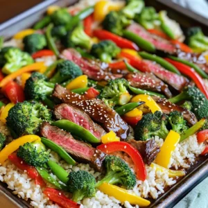 - 1 lb flank steak, thinly sliced - 2 cups broccoli florets - 1 red bell pepper, sliced - 1 yellow bell pepper, sliced - 1 cup snap peas - 3 cloves garlic, minced - 1 inch ginger, grated - 1/4 cup low-sodium soy sauce - 2 tablespoons honey - 1 tablespoon sesame oil - 1 tablespoon rice vinegar - 1 tablespoon cornstarch - 2 tablespoons sesame seeds - Cooked jasmine rice or quinoa for serving - Salt and pepper to taste Flank steak is the star of this dish. It cooks quickly and has great flavor. I love how it soaks up the marinade. Fresh vegetables add color and texture. Broccoli, bell peppers, and snap peas work well together. They stay crisp and bright when roasted. The marinade is simple yet powerful. Soy sauce brings saltiness, while honey adds sweetness. Sesame oil gives a nutty taste, and rice vinegar adds a bit of tang. These flavors blend beautifully. - Additional vegetables, herbs, or spices - Alternative sweeteners or sauces You can change things up with optional ingredients. Try adding carrots, green beans, or even mushrooms for more variety. Fresh herbs like cilantro or basil can brighten the dish. If you want a different sweetener, maple syrup or agave can work too. Feel free to experiment with sauces like teriyaki or hoisin for a twist. Cooking should be fun! To start, preheat your oven to 425°F (220°C). This high heat helps the steak cook fast and keeps the veggies crisp. Next, take a large baking sheet and line it with parchment paper. This makes clean-up easy and ensures nothing sticks. For the marinade, grab a large mixing bowl. Combine 1/4 cup of low-sodium soy sauce, 2 tablespoons of honey, 1 tablespoon of sesame oil, and 1 tablespoon of rice vinegar. Add 3 minced garlic cloves and 1 grated inch of ginger. Season with salt and pepper. Toss in the 1 lb of thinly sliced flank steak. Make sure every piece is coated well. Let it marinate for about 20 minutes. This adds great flavor to your steak. While the steak is marinating, it's time to prepare the veggies. Chop 2 cups of broccoli florets, slice 1 red bell pepper, and slice 1 yellow bell pepper. Add 1 cup of snap peas to the mix. Place all the chopped veggies in a bowl. Drizzle them with a little olive oil and season with salt and pepper. Toss the veggies to coat them evenly. Now, it’s time to bring it all together. Spread the marinated steak onto one half of the prepared sheet pan. Then, arrange the seasoned vegetables on the other half. This way, they cook together but stay separate. Roast in the preheated oven for about 15 to 20 minutes. Check that the steak is cooked to your liking and the veggies are tender-crisp. In the last five minutes of cooking, sprinkle 1 tablespoon of cornstarch over the steak and veggies. Give everything a gentle toss in the pan. This helps thicken the juices and creates a tasty glaze. Once done, remove the pan from the oven and sprinkle 2 tablespoons of sesame seeds on top. This adds a nice crunch and flavor. For the best flavor, marinate your steak for at least 20 minutes. Use a bowl to mix the soy sauce, honey, sesame oil, rice vinegar, garlic, and ginger. This blend adds depth and a sweet touch. Make sure the steak is fully coated. You can even marinate it overnight for a richer taste. To achieve perfect steak doneness, cook it for about 15-20 minutes at 425°F. Use a meat thermometer to check if it reaches 135°F for medium-rare. Don’t forget to let the steak rest for a few minutes after cooking. This helps keep it juicy. For tender-crisp veggies, roast them alongside the steak. They should be bright and slightly soft, not mushy. Keep an eye on them to avoid overcooking. Serve this dish over jasmine rice or quinoa for a wholesome meal. Add a sprinkle of sesame seeds on top for a nice finish. You can also pair it with a simple salad or steamed edamame on the side. This adds color and freshness to your plate. {{image_2}} You can make this dish gluten-free by using tamari instead of soy sauce. Tamari tastes similar but lacks gluten. For those on a low-carb diet, skip the rice or quinoa. You can also use cauliflower rice for a great swap. Add different marinades or spices for new tastes. Try adding sriracha for heat or orange juice for a fruity twist. You can toss in nuts like cashews or peanuts for a nice crunch. They give the dish a tasty texture. Feel free to switch up the veggies. If you don’t have broccoli, use green beans or asparagus. Carrots add color and sweetness. You can also toss in zucchini or mushrooms based on your likes or what you have in the fridge. This way, your stir-fry stays fresh and fun! To store leftover teriyaki steak stir-fry properly, place it in an airtight container. Make sure to let it cool to room temperature first. You can keep it in the fridge for up to three days. This keeps the flavors fresh and the steak tender. When you’re ready to eat, just open the container and enjoy! If you want to freeze your teriyaki steak stir-fry, it’s easy! Allow it to cool completely. Then, transfer it to a freezer-safe bag or container. Remove as much air as possible to prevent freezer burn. You can store it in the freezer for up to three months. When you’re ready to use it, just thaw it in the fridge overnight. To reheat your stir-fry, the best method is to use a skillet on low heat. Add a splash of water or broth to keep it moist. Stir it gently until heated through. This method helps to maintain the texture and flavor of the steak and veggies. You can also use a microwave, but be careful not to overcook it. Enjoy your tasty meal! You can make teriyaki sauce easily. Here’s a simple recipe: - 1/4 cup soy sauce - 2 tablespoons honey - 1 tablespoon sesame oil - 1 tablespoon rice vinegar - 1 clove garlic, minced - 1 inch ginger, grated 1. Mix all the ingredients in a bowl. 2. Stir until the honey dissolves. 3. Use it to marinate your steak. This homemade sauce is fresh and tasty. You can adjust the sweetness by adding more honey. I love using it in many dishes! Teriyaki steak stir-fry is great with many sides. Here are some ideas: - Steamed jasmine rice - Quinoa for a healthy twist - Sautéed green beans or bok choy - Cucumber salad for crunch These sides balance the rich flavors of the dish. They add texture and freshness. You can mix and match based on what you have at home. Yes, you can use other cuts of meat. Here are some good options: - Sirloin steak - Ribeye steak - Chicken breast for a lighter option Just remember to adjust cooking times. Thicker cuts may need more time, while thinner cuts cook fast. Always check for doneness to keep it juicy! This blog post covered how to make a tasty teriyaki steak stir-fry. You learned about the main and optional ingredients, plus the step-by-step instructions for prep and cooking. We shared tips for great flavor, variations for different diets, and how to store leftovers. Try this dish for a quick meal full of flavor. Cooking can be fun, so experiment and enjoy! With a few simple steps, you can impress anyone with your cooking skills. Happy cooking!