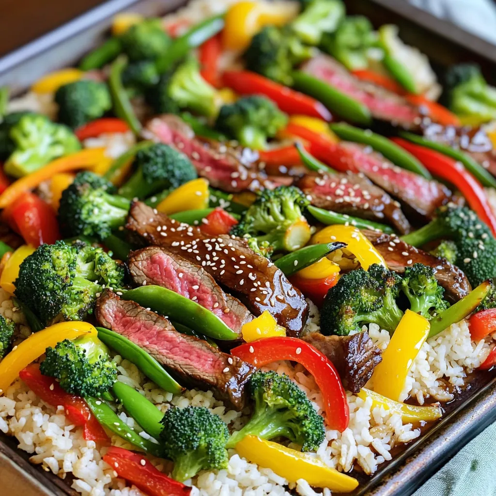 - 1 lb flank steak, thinly sliced - 2 cups broccoli florets - 1 red bell pepper, sliced - 1 yellow bell pepper, sliced - 1 cup snap peas - 3 cloves garlic, minced - 1 inch ginger, grated - ¼ cup low-sodium soy sauce - 2 tablespoons honey - 1 tablespoon sesame oil - 1 tablespoon rice vinegar - 1 tablespoon cornstarch - 2 tablespoons sesame seeds - Cooked jasmine rice or quinoa for serving - Salt and pepper to taste Flank steak is the star of this dish. It cooks quickly and has great flavor. I love how it soaks up the marinade. Fresh vegetables add color and texture. Broccoli, bell peppers, and snap peas work well together. They stay crisp and bright when roasted. The marinade is simple yet powerful. Soy sauce brings saltiness, while honey adds sweetness. Sesame oil gives a nutty taste, and rice vinegar adds a bit of tang. These flavors blend beautifully. - Additional vegetables, herbs, or spices - Alternative sweeteners or sauces You can change things up with optional ingredients. Try adding carrots, green beans, or even mushrooms for more variety. Fresh herbs like cilantro or basil can brighten the dish. If you want a different sweetener, maple syrup or agave can work too. Feel free to experiment with sauces like teriyaki or hoisin for a twist. Cooking should be fun! To start, preheat your oven to 425°F (220°C). This high heat helps the steak cook fast and keeps the veggies crisp. Next, take a large baking sheet and line it with parchment paper. This makes clean-up easy and ensures nothing sticks. For the marinade, grab a large mixing bowl. Combine ¼ cup of low-sodium soy sauce, 2 tablespoons of honey, 1 tablespoon of sesame oil, and 1 tablespoon of rice vinegar. Add 3 minced garlic cloves and 1 grated inch of ginger. Season with salt and pepper. Toss in the 1 lb of thinly sliced flank steak. Make sure every piece is coated well. Let it marinate for about 20 minutes. This adds great flavor to your steak. While the steak is marinating, it's time to prepare the veggies. Chop 2 cups of broccoli florets, slice 1 red bell pepper, and slice 1 yellow bell pepper. Add 1 cup of snap peas to the mix. Place all the chopped veggies in a bowl. Drizzle them with a little olive oil and season with salt and pepper. Toss the veggies to coat them evenly. Now, it’s time to bring it all together. Spread the marinated steak onto one half of the prepared sheet pan. Then, arrange the seasoned vegetables on the other half. This way, they cook together but stay separate. Roast in the preheated oven for about 15 to 20 minutes. Check that the steak is cooked to your liking and the veggies are tender-crisp. In the last five minutes of cooking, sprinkle 1 tablespoon of cornstarch over the steak and veggies. Give everything a gentle toss in the pan. This helps thicken the juices and creates a tasty glaze. Once done, remove the pan from the oven and sprinkle 2 tablespoons of sesame seeds on top. This adds a nice crunch and flavor. For the best flavor, marinate your steak for at least 20 minutes. Use a bowl to mix the soy sauce, honey, sesame oil, rice vinegar, garlic, and ginger. This blend adds depth and a sweet touch. Make sure the steak is fully coated. You can even marinate it overnight for a richer taste. To achieve perfect steak doneness, cook it for about 15-20 minutes at 425°F. Use a meat thermometer to check if it reaches 135°F for medium-rare. Don’t forget to let the steak rest for a few minutes after cooking. This helps keep it juicy. For tender-crisp veggies, roast them alongside the steak. They should be bright and slightly soft, not mushy. Keep an eye on them to avoid overcooking. Serve this dish over jasmine rice or quinoa for a wholesome meal. Add a sprinkle of sesame seeds on top for a nice finish. You can also pair it with a simple salad or steamed edamame on the side. This adds color and freshness to your plate. {{image_2}} You can make this dish gluten-free by using tamari instead of soy sauce. Tamari tastes similar but lacks gluten. For those on a low-carb diet, skip the rice or quinoa. You can also use cauliflower rice for a great swap. Add different marinades or spices for new tastes. Try adding sriracha for heat or orange juice for a fruity twist. You can toss in nuts like cashews or peanuts for a nice crunch. They give the dish a tasty texture. Feel free to switch up the veggies. If you don’t have broccoli, use green beans or asparagus. Carrots add color and sweetness. You can also toss in zucchini or mushrooms based on your likes or what you have in the fridge. This way, your stir-fry stays fresh and fun! To store leftover teriyaki steak stir-fry properly, place it in an airtight container. Make sure to let it cool to room temperature first. You can keep it in the fridge for up to three days. This keeps the flavors fresh and the steak tender. When you’re ready to eat, just open the container and enjoy! If you want to freeze your teriyaki steak stir-fry, it’s easy! Allow it to cool completely. Then, transfer it to a freezer-safe bag or container. Remove as much air as possible to prevent freezer burn. You can store it in the freezer for up to three months. When you’re ready to use it, just thaw it in the fridge overnight. To reheat your stir-fry, the best method is to use a skillet on low heat. Add a splash of water or broth to keep it moist. Stir it gently until heated through. This method helps to maintain the texture and flavor of the steak and veggies. You can also use a microwave, but be careful not to overcook it. Enjoy your tasty meal! You can make teriyaki sauce easily. Here’s a simple recipe: - ¼ cup soy sauce - 2 tablespoons honey - 1 tablespoon sesame oil - 1 tablespoon rice vinegar - 1 clove garlic, minced - 1 inch ginger, grated 1. Mix all the ingredients in a bowl. 2. Stir until the honey dissolves. 3. Use it to marinate your steak. This homemade sauce is fresh and tasty. You can adjust the sweetness by adding more honey. I love using it in many dishes! Teriyaki steak stir-fry is great with many sides. Here are some ideas: - Steamed jasmine rice - Quinoa for a healthy twist - Sautéed green beans or bok choy - Cucumber salad for crunch These sides balance the rich flavors of the dish. They add texture and freshness. You can mix and match based on what you have at home. Yes, you can use other cuts of meat. Here are some good options: - Sirloin steak - Ribeye steak - Chicken breast for a lighter option Just remember to adjust cooking times. Thicker cuts may need more time, while thinner cuts cook fast. Always check for doneness to keep it juicy! This blog post covered how to make a tasty teriyaki steak stir-fry. You learned about the main and optional ingredients, plus the step-by-step instructions for prep and cooking. We shared tips for great flavor, variations for different diets, and how to store leftovers. Try this dish for a quick meal full of flavor. Cooking can be fun, so experiment and enjoy! With a few simple steps, you can impress anyone with your cooking skills. Happy cooking!