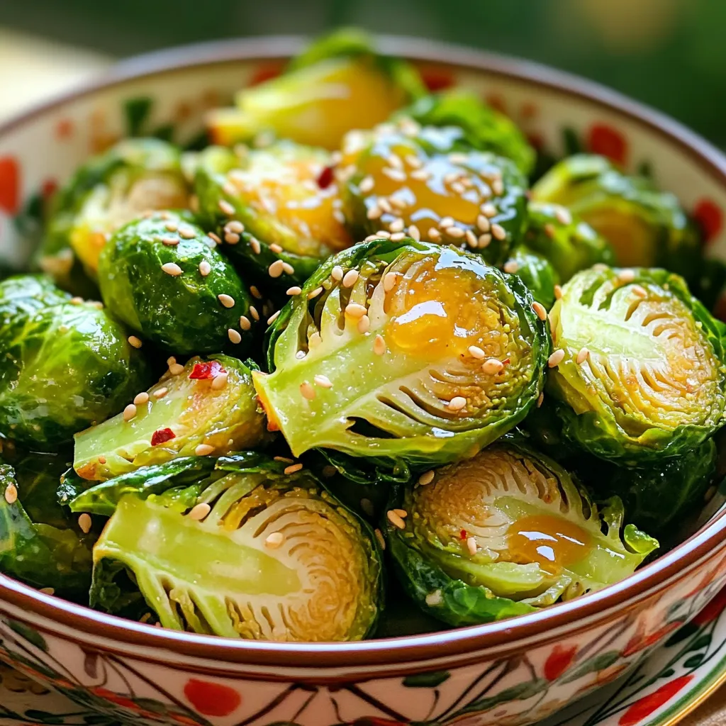 To make Air Fryer Honey Garlic Brussels Sprouts, gather these key items: - 1 lb Brussels sprouts, trimmed and halved - 3 tablespoons honey - 2 tablespoons soy sauce - 2 cloves garlic, minced - 1 tablespoon olive oil - Salt and pepper to taste - 1 teaspoon sesame seeds (for garnish) If you want to amp up the taste, consider these options: - Red pepper flakes for a spicy kick You can swap some ingredients without losing flavor: - Use maple syrup instead of honey for a vegan option. - Tamari can replace soy sauce for a gluten-free version. - Coconut oil works well in place of olive oil. To make the honey garlic sauce, grab a large bowl. Add 3 tablespoons of honey. Next, pour in 2 tablespoons of soy sauce. Then, add 2 minced cloves of garlic. Follow this with 1 tablespoon of olive oil. Season with salt and pepper to taste. Mix everything well until it blends nicely. This sauce is sweet, salty, and packed with flavor. Now, it’s time to coat the Brussels sprouts. Take 1 pound of trimmed and halved Brussels sprouts. Add them to the bowl with the honey garlic sauce. Toss the sprouts gently until each one is fully coated. Make sure no sprout is left dry. This step is key for flavor and caramelization. Preheat your air fryer to 375°F (190°C). This step helps the sprouts cook evenly. Place the coated Brussels sprouts in the air fryer basket in a single layer. Don’t crowd the basket; it may take two batches. Air fry for 15-18 minutes. Shake the basket halfway through to ensure even cooking. The sprouts should turn crispy and caramelized when done. After cooking, transfer them to a serving dish. Drizzle any leftover sauce over the top. Sprinkle sesame seeds for a nice touch. If you like heat, add red pepper flakes for a spicy kick. Enjoy your crunchy delight! To get the best crunch, you must start with fresh sprouts. Look for bright green, firm Brussels sprouts. Trim and halve them evenly to ensure they cook well. The honey garlic sauce adds flavor, but too much moisture can make them soggy. Keep the sauce light. If you notice extra liquid, drain it before cooking. Preheat your air fryer to 375°F (190°C). This step helps the Brussels sprouts cook evenly. Place them in a single layer to let hot air circulate. If your air fryer is small, cook in batches. Shake the basket halfway through to help with even browning. Check for doneness after 15 minutes. They should be crispy and have a nice caramel color. These honey garlic Brussels sprouts shine on their own or as a side dish. They pair well with grilled chicken or fish. For a twist, add red pepper flakes for heat. You can also sprinkle some extra sesame seeds for a nice finish. Serve them warm in a decorative bowl with a drizzle of honey on top. This not only looks great but also adds more sweetness. {{image_2}} If you want some heat, try adding red pepper flakes. Just sprinkle them into the sauce. This spice brings a nice kick to your sweet dish. You can adjust the amount based on your taste. For a bolder flavor, consider adding some sriracha sauce to the mix too. It blends well with honey and garlic. You can swap honey for other sweeteners. Maple syrup is a great choice. It adds a rich flavor that pairs nicely with Brussels sprouts. Agave nectar is another option if you want a vegan twist. Each sweetener gives a different taste, so feel free to experiment. Brussels sprouts are not the only veggies you can use. Try adding broccoli or cauliflower for more color. Slice carrots or bell peppers for a sweet addition. Just remember to cut them to a similar size. This ensures even cooking in the air fryer. Mixing vegetables can create a fun and tasty medley. To store leftover Brussels sprouts, first let them cool. Place them in a container with a lid. You can keep them in the fridge for up to three days. Make sure they are sealed tightly to keep them fresh. When you are ready to eat the leftovers, you can reheat them in the air fryer. Set the air fryer to 350°F (175°C). Heat for about 5 to 7 minutes. This will help them regain some crunch. You can also use a microwave, but this may make them soggy. If you want to freeze Brussels sprouts, place them in a freezer-safe bag. Remove as much air as you can before sealing. They will stay good for about three months. When you're ready to cook them, thaw them in the fridge overnight before reheating in the air fryer. This will help keep their texture. Yes, you can use frozen Brussels sprouts. Just keep in mind that they may not get as crispy. I suggest thawing them first. Pat them dry with a towel. This helps remove excess moisture. Then, toss them in your honey garlic sauce and air fry as usual. You can tell the Brussels sprouts are done when they are crispy and golden brown. They should be tender inside. Check them at around 15 minutes. If they need more time, give them a few extra minutes. Shake the basket halfway through cooking for even crispiness. These Brussels sprouts pair well with many dishes. Try them with grilled chicken or salmon. They also go great with rice or quinoa. You can serve them as a side dish at dinner or even as an appetizer. The sweet and savory flavors make them a hit with everyone! This guide covered all you need to know about making honey garlic Brussels sprouts. You learned about essential ingredients, easy steps, and useful tips for cooking. We explored tasty variations and how to store leftovers, ensuring you can enjoy these sprouts later. Remember, air frying gives a crisp outside and tender inside. Use these ideas to make your dish unique. Experiment confidently, and enjoy your meals with great flavors and textures.