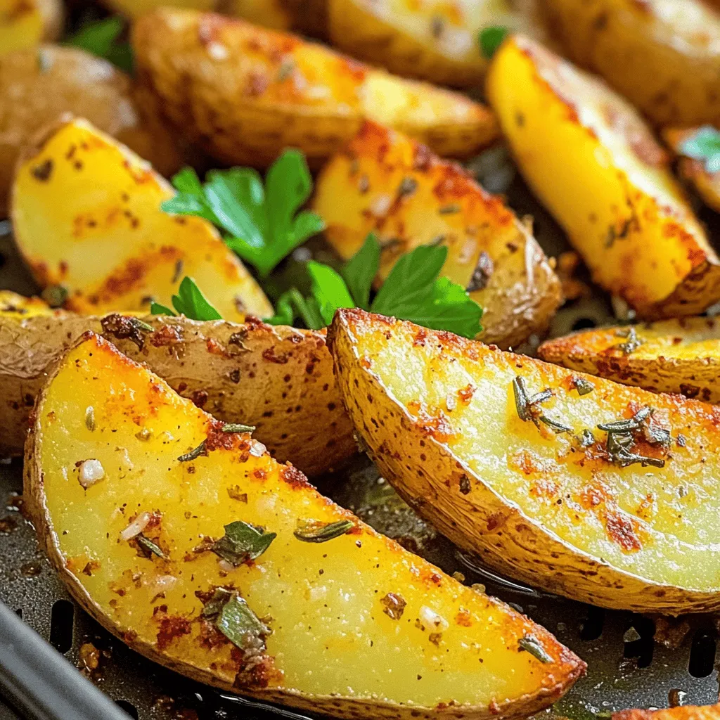 To make Air Fryer Garlic Herb Potato Wedges, you need simple ingredients. Here’s what you’ll need: - 4 medium-sized russet potatoes, washed and cut into wedges - 3 tablespoons olive oil - 4 cloves garlic, minced - 1 teaspoon dried oregano - 1 teaspoon dried rosemary - 1 teaspoon paprika - Salt and pepper to taste - Fresh parsley, chopped (for garnish) These ingredients are easy to find. The russet potatoes give a great texture. The garlic and herbs add fantastic flavor. Olive oil helps achieve that crispy finish. Make sure to wash the potatoes well. Clean potatoes help the skin get nice and crispy. Cut them into wedges, making them even in size. This step ensures they cook at the same rate. The garlic will infuse the wedges with a rich taste. Oregano and rosemary add a nice herbal note. Paprika brings a warm, slightly sweet flavor. Adjust salt and pepper based on your taste. Chop fresh parsley to sprinkle on top after cooking. This adds a pop of color and freshness. With these ingredients, you’re set to create a crispy delight! Set your air fryer to 400°F (200°C) and preheat it for about 5 minutes. Preheating is key. It helps the potato wedges cook evenly and get that perfect crisp. If you skip this step, the wedges may turn out soggy instead of crunchy. First, wash your russet potatoes well. This removes any dirt. Next, cut them into wedges. Aim for wedges that are not too thick. This helps them cook faster and more evenly. In a large bowl, combine the potato wedges with olive oil, minced garlic, oregano, rosemary, paprika, salt, and pepper. Toss everything well. Each wedge should be coated in flavor. This step adds the delicious garlic herb taste. Arrange the seasoned potato wedges in a single layer in the air fryer basket. Avoid overcrowding them. This allows hot air to circulate and crisp each wedge. Cook them for 15-20 minutes. About halfway through, shake the basket gently. This helps them brown evenly. Check for doneness by looking for a golden brown color. They should be crispy on the outside. If they need more time, add a few extra minutes. Once cooked, remove the wedges and garnish with fresh parsley for a vibrant touch. To make your potato wedges crispy, thickness matters. Aim for wedges that are about 1 inch thick. This size strikes a balance between soft inside and crunchy outside. If they are too thick, they may not cook evenly. Thinner wedges can burn easily. Shaking the basket is key. Halfway through cooking, give the basket a good shake. This helps the wedges cook evenly. It also promotes better airflow around each piece. Don't skip this step if you want crispiness. To boost flavor, consider extra spices. Try adding chili powder for heat or cumin for earthiness. You can also mix in some onion powder for added depth. These spices can give your wedges a unique twist. Using fresh herbs can elevate the taste. Fresh parsley adds brightness. It also looks nice as a garnish. Dried herbs work well too, but fresh offers a stronger flavor. If using dried, remember to use less since they are more potent. {{image_2}} You can make these potato wedges spicy. Just add chili powder or cayenne pepper. Start with 1 teaspoon for a mild kick. If you love heat, feel free to add more. Mix it well with the other spices. This small change makes a big flavor boost. Your friends will love the spicy twist! Cheese adds a rich taste to your wedges. Use grated cheese like Parmesan or cheddar. Add about half a cup when mixing the potatoes. The cheese melts and makes the wedges creamy. It also gives a nice golden color. This option is perfect for cheese lovers! You don’t have to stick with russet potatoes. Sweet potatoes work great for a different flavor. They add a bit of sweetness and color. Yukon golds are another tasty choice. They are creamy and hold flavors well. Just adjust the cooking time if needed, as different potatoes may cook differently. To keep your leftover potato wedges fresh, store them in an airtight container. Let the wedges cool down completely before placing them in the container. You can keep them in the fridge for up to three days. If you want to keep them longer, consider freezing. Just make sure to wrap them tightly in plastic wrap and then place them in a freezer bag. They can last up to three months in the freezer. For the best taste and texture, I recommend reheating your potato wedges in the air fryer. Preheat the air fryer to 350°F (175°C). Place the wedges in the basket in a single layer. Heat them for about 5-8 minutes, shaking the basket halfway through. This method helps restore their crispiness. If you prefer the oven, preheat it to 400°F (200°C). Spread the wedges on a baking sheet and warm them for about 10-15 minutes. Keep an eye on them to prevent burning. Yes, you can use many other seasonings. Some popular choices are: - Italian seasoning for a herby twist. - Cajun spice for a bold kick. - Chili powder for heat. - Lemon zest for a citrusy flavor. Feel free to mix things up! The key is to balance flavors. Experimenting can lead to new favorites. The cooking time depends on how thick you cut the wedges. For regular-sized wedges, aim for 15-20 minutes at 400°F (200°C). - Thin wedges may cook faster, around 12-15 minutes. - Thicker wedges might take 20-25 minutes. Always check for doneness. The wedges should be golden brown and crispy. Air frying is a healthier option compared to deep frying. Here are some benefits: - Less oil means fewer calories and fat. - Air frying keeps more nutrients in the potatoes. - The method can lead to less acrylamide, a harmful chemical formed in frying. Enjoy your crispy wedges guilt-free! You learned how to make crispy air fryer potato wedges using simple ingredients. Preheating the air fryer and preparing your potatoes is key. Remember to coat them well and check for doneness as they cook. Try variations like spicy garlic or cheese wedges to add fun flavors. Store leftovers properly, and reheating in the air fryer keeps them crisp. With these tips, you can enjoy tasty potato wedges that are both healthy and delicious. Enjoy your cooking journey!