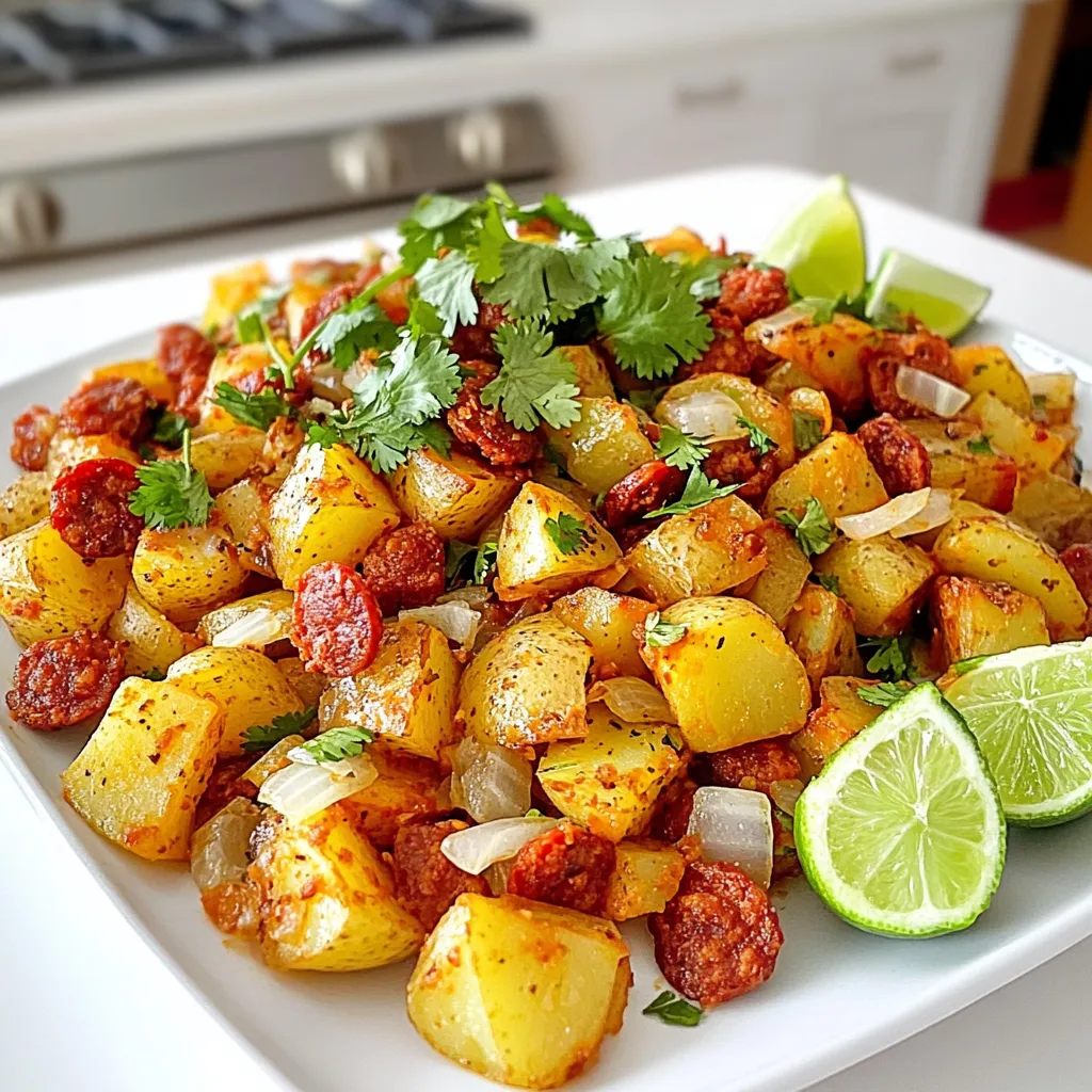 To make Papas con Chorizo, you need fresh and simple ingredients that pack a punch. Here’s what you’ll need: - 4 medium-sized potatoes, peeled and diced - 200g fresh chorizo sausage, casings removed - 1 small onion, finely chopped - 2 cloves garlic, minced - 1 teaspoon smoked paprika - ½ teaspoon cumin - Salt and pepper to taste - 2 tablespoons vegetable oil - Fresh cilantro, chopped (for garnish) - Lime wedges (for serving) Each of these ingredients plays a key role in making this dish flavorful. The potatoes provide a hearty base. The chorizo adds spice and richness. Onions and garlic bring depth. The spices elevate the taste profile. A sprinkle of cilantro and a squeeze of lime at the end gives a fresh finish. Using fresh ingredients is important. They enhance the flavors and make the dish more enjoyable. You can find these ingredients easily at your local market. If you want to add a twist, try adding different spices or herbs. However, the classic combination creates the best comfort food experience. This dish is not just easy to make; it feels like a warm hug on a plate. Enjoy the cooking process and the delightful aroma that fills your kitchen. First, I peel and dice 4 medium-sized potatoes. I want even pieces for even cooking. Next, I bring a large pot of salted water to a boil. I add the diced potatoes and cook them until they are fork-tender. This takes about 10 to 12 minutes. I make sure to drain the potatoes well and set them aside for later. In a big skillet, I heat 2 tablespoons of vegetable oil over medium heat. I add 1 small finely chopped onion and sauté it until it turns translucent. This takes about 3 to 4 minutes. Then, I stir in 2 minced garlic cloves and let them cook for 1 more minute. The smell is amazing! Next, I add 200 grams of fresh chorizo sausage, breaking it apart with a spatula. I cook this until the chorizo is browned and fully cooked, which takes about 5 to 7 minutes. Now, I mix the boiled potatoes with the chorizo in the skillet. I also add 1 teaspoon of smoked paprika, ½ teaspoon of cumin, salt, and pepper to taste. I gently stir everything together, making sure the potatoes are coated well. Finally, I let this cook for an additional 5 minutes. This helps the potatoes get slightly crispy and heat through. The dish is now ready for garnish and serving! To ensure your potatoes are perfectly boiled, cut them into even-sized pieces. This helps them cook at the same rate. Boil them in salted water for about 10-12 minutes. You want them fork-tender, not mushy. Drain them well before adding to the skillet. For sautéing the meat, use a large skillet over medium heat. Start with vegetable oil, then add chopped onions. Cook until the onions are soft and clear. This takes about 3-4 minutes. Then add minced garlic and stir for just a minute. This step builds a strong flavor base. When adding chorizo, break it apart with a spatula. Cook it until it browns, about 5-7 minutes. This gives it a nice crispy texture and enhances the taste. Fresh herbs make a great garnish. I love using chopped cilantro for a burst of color and flavor. Just sprinkle it on before serving. It adds a fresh touch to the dish. Don't forget the lime wedges! Serve them on the side. Squeezing lime juice over the potatoes brightens the flavors. It adds a zesty kick that makes this dish shine. One common mistake is overcooking chorizo. Keep an eye on it while cooking. Overcooked chorizo can become dry and lose its rich flavor. Aim for a nice golden brown color. Another mistake is under-seasoning the dish. Remember to taste as you cook. Adding salt and pepper at the right time can elevate the flavor. Don’t skip the spices like smoked paprika and cumin. They give Papas con Chorizo its unique taste. {{image_2}} You can switch up the chorizo for other meats. Chicken or turkey chorizo works well. For a vegetarian option, try using plant-based chorizo. This keeps the dish flavorful while meeting different diets. Feel free to explore different spices to change the taste. Try adding chili powder for heat or oregano for a fresh twist. Each spice adds its own flair. This keeps your Papas con Chorizo exciting every time you cook it. If you need gluten-free options, check your chorizo brand. Many brands offer gluten-free chorizo. Use oil that is also gluten-free, like olive oil. For dairy-free options, simply skip the cheese. This way, you still enjoy the dish without any dairy. If you want a lighter meal, cut down on the oil. You can also use fewer potatoes and add more veggies, like bell peppers or zucchini. You can make Papas con Chorizo more local by adding fresh ingredients from your area. If you have seasonal veggies, toss them in. Corn or squash can add a special touch. Different states in Mexico have their own spins on this dish. In some regions, they add cheese or even eggs. Each variation brings a unique taste and story. Exploring these can make your cooking journey even more fun! To keep your Papas con Chorizo fresh, store it in the fridge. Let it cool first. Use an airtight container to prevent moisture loss and keep it safe. This dish is best eaten within three to four days. You can reheat Papas con Chorizo in the oven or microwave. For the oven, preheat it to 350°F (175°C). Spread the potatoes on a baking sheet. Heat for about 10-15 minutes. This method keeps them crispy. In the microwave, place a portion in a bowl. Heat it for 1-2 minutes, stirring halfway. The microwave is quick, but it may not keep the potatoes crispy. You can freeze cooked Papas con Chorizo. Let it cool completely before freezing. Place it in a freezer-safe container or bag. It can last up to three months in the freezer. To thaw, move it to the fridge overnight. Reheat as mentioned above. Enjoy your tasty meal any day! Papas con Chorizo is a traditional Mexican dish that combines potatoes and spicy chorizo. This dish has roots in Mexican home cooking. It is loved for its simple ingredients and bold flavors. Many families enjoy it for breakfast or lunch. The dish is hearty, filling, and comforting. It reflects the rich culinary culture of Mexico. Each bite brings warmth and connection to family meals. Yes, you can prepare Papas con Chorizo ahead of time. Cook the dish and let it cool. Store it in an airtight container in the fridge. It stays fresh for up to three days. When you're ready to eat, just reheat it. To keep the potatoes crispy, use a skillet instead of a microwave. Heat it over medium heat and stir gently. Papas con Chorizo pairs well with many sides. Here are some great options: - Scrambled eggs for breakfast - Refried beans for extra protein - Fresh avocado slices for creaminess - A simple green salad for freshness For drinks, consider serving: - Fresh agua fresca - Mexican hot chocolate - A tangy limeade for balance This guide shows you how to make delicious Papas con Chorizo. We covered ingredients, step-by-step cooking, and storage tips. Remember to avoid common mistakes, like overcooking chorizo. You can also try different meats or spices for a twist. With the right prep, you can enjoy this dish fresh or reheated. Enjoy your tasty creation and share it with others. Good food brings happiness, and I hope you make it your own.