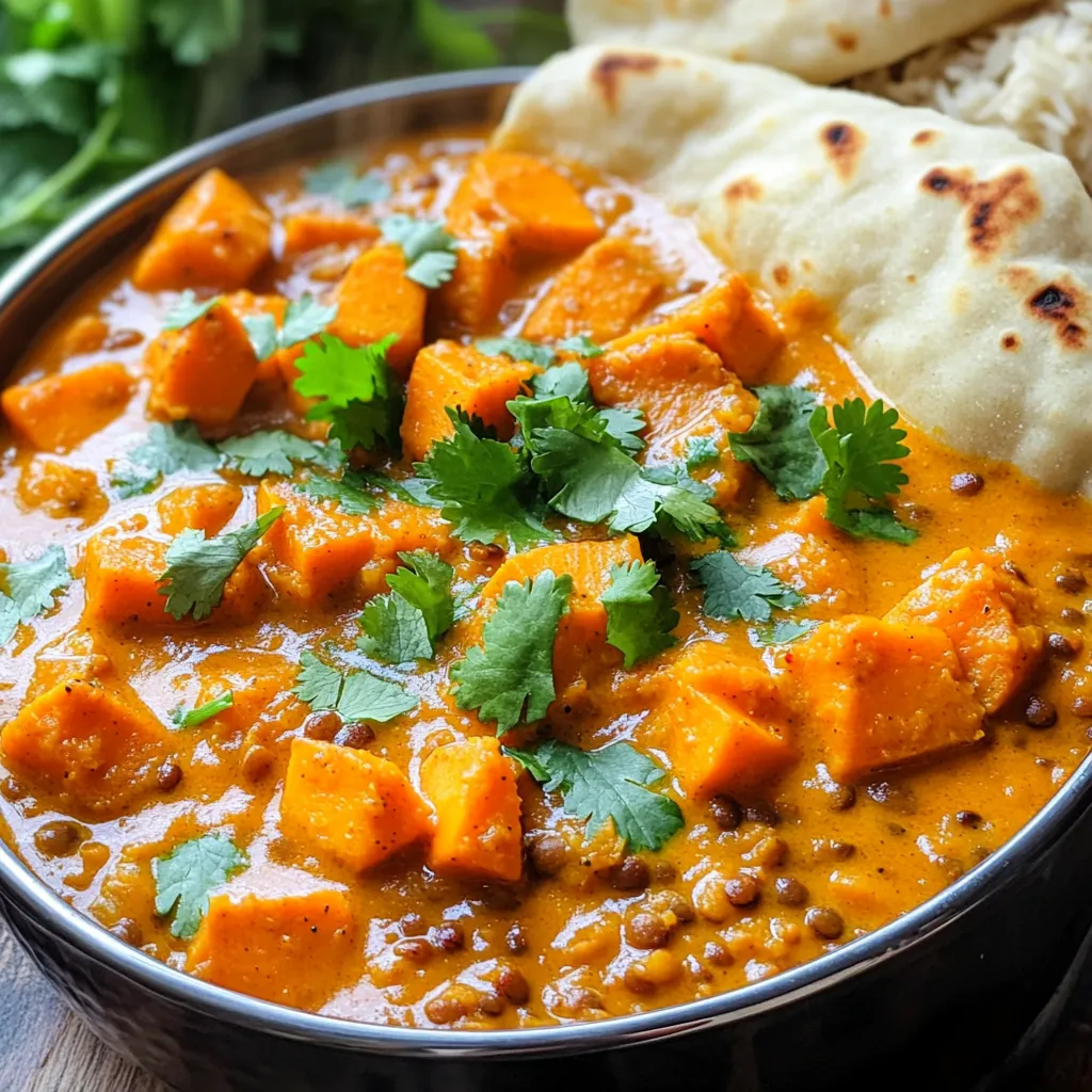 - 2 medium sweet potatoes, peeled and diced - 1 cup dried green or brown lentils, rinsed - 1 can (14 oz) coconut milk - 2 cups vegetable broth - 1 teaspoon cumin seeds - 1 teaspoon turmeric powder - 1 teaspoon curry powder - 1 teaspoon coriander powder - ½ teaspoon cayenne pepper (adjust to taste) - 1 large onion, finely chopped - 3 cloves garlic, minced - 1 inch ginger, grated - Juice of 1 lime - Fresh cilantro leaves for garnish The sweet potatoes bring a creamy texture. They also add natural sweetness. Lentils boost protein and fiber content. Coconut milk gives a rich, smooth base. Vegetable broth adds depth to the dish. Spices are key to great flavor. Cumin seeds add warmth. Turmeric gives a golden color and health benefits. Curry powder brings a blend of spices. Coriander enhances the dish with its citrusy notes. Cayenne pepper adds heat for those who love spice. Don’t skip the onion, garlic, and ginger. These aromatics build a solid flavor base. Lime juice brightens the curry. Fresh cilantro adds a pop of color and freshness. Each ingredient plays a vital role in creating a comforting and tasty meal. - Dicing Sweet Potatoes: Start by peeling and dicing two medium sweet potatoes. Aim for cubes about one inch in size. This helps them cook evenly and adds texture to your curry. - Rinsing Lentils: Measure one cup of dried green or brown lentils. Place them in a fine mesh strainer under cold water. Rinse them well to remove any dust or debris. This step ensures a cleaner taste in your dish. - Chopping Onion and Mince Garlic: Finely chop one large onion. This will add sweetness and depth of flavor. Next, mince three cloves of garlic. The garlic brings a lovely aroma to your curry. - Layering the Vegetables and Lentils: In your slow cooker, add the diced sweet potatoes, rinsed lentils, chopped onion, minced garlic, and grated ginger. Layer them evenly for the best flavor. - Adding Spices and Seasonings: Sprinkle one teaspoon each of cumin seeds, turmeric powder, curry powder, and coriander powder over the top. Adjust the cayenne pepper to your spice preference. Don't forget to add salt to taste. - Pouring in Liquids: Carefully pour in one can of coconut milk and two cups of vegetable broth. Stir everything gently to combine. This will create a creamy base for your curry. - Setting Slow Cooker on Low vs. High: You can cook this dish on low or high. Low gives a longer cooking time but richer flavors. High cooks faster, perfect for busy days. - Cooking Duration: If you set your slow cooker on low, let it cook for 6 to 8 hours. On high, it will take 4 to 5 hours. - Checking for Doneness: Once the time is up, check if the sweet potatoes are tender and the lentils are soft. They should blend easily with a fork. If not, give it a little more time. How can I adjust spice levels? You can easily change the heat by adding cayenne pepper. Start with half a teaspoon. Taste the curry and add more if you like it spicier. You can also try adding a pinch of chili powder for extra warmth. Why are fresh herbs important? Fresh herbs boost the taste of your dish. Cilantro adds a bright flavor and color. Add it just before serving to keep it fresh. You can also try adding fresh basil or mint for a new twist. What should I serve with naan or rice? Naan or rice balances the curry's flavors. Naan is great for dipping, while rice soaks up the sauce. Both options make the meal filling and satisfying. Try serving the curry in a deep bowl for a nice look. How can I present the dish for best aesthetics? For a beautiful dish, garnish with fresh cilantro. Use a sprinkle on top of the curry. Serve it in a bright bowl to make the colors pop. Pair it with warm naan on the side for added texture. How can I prep ahead for busy days? Chop your sweet potatoes and onion the night before. Store them in the fridge until you're ready to cook. Rinsing lentils can also be done ahead. Just remember to soak them in water if needed. How can I use a timer for convenience? Using a timer helps you keep track of cooking time. Set it for 6-8 hours on low or 4-5 hours on high. This way, you can enjoy your day without worrying about overcooking. It makes meal planning stress-free. {{image_2}} Different Types of Lentils You can use more than just green or brown lentils. Red lentils cook faster and become soft. Black lentils add a nice bite. Each type brings unique flavors to your curry. Experiment with what you have on hand. Seasonal Vegetable Options Feel free to mix in seasonal veggies. Carrots, spinach, and cauliflower work well. They add color and taste. Use whatever is fresh at the market. This helps keep your curry exciting and new. Adjusting Cayenne Pepper Want it spicy? Add more cayenne pepper. Start with half a teaspoon if you're unsure. Taste as you go and adjust to your liking. Remember, you can always add more, but you can't take it out! Other Spice Additions If you want more depth, try adding paprika or garam masala. These spices can give your curry a warm kick. Each option adds a different note to the dish. Play around and find your perfect blend. Alternative Protein Sources If you want extra protein, try adding chickpeas or tofu. Both will soak up the curry flavors well. They make the meal heartier without losing its vegan touch. Dairy-Free Suggestions The recipe uses coconut milk, so it's already dairy-free. But you can also add nut milk for creaminess. Almond or cashew milk can work great. Just be sure to balance the flavors well. - Storing Leftovers: Once you finish your meal, let the curry cool down. Store it in an airtight container. Make sure to keep it in the fridge to maintain freshness. I recommend using glass containers. They do not retain odors and are easier to clean. - Shelf Life in Refrigerator: The sweet potato lentil curry can stay fresh in the fridge for up to 5 days. Always check for any signs of spoilage before eating. If it smells off or looks strange, it’s best to toss it. - How to Freeze Curry: To freeze the curry, let it cool completely. Portion it into freezer-safe bags or containers. Remove as much air as possible to prevent freezer burn. Label each bag with the date for easy reference. - Reheating Tips: When you’re ready to eat, thaw the curry overnight in the fridge. You can reheat it on the stove over medium heat, stirring often. Alternatively, you can use a microwave. Heat in short intervals, stirring in between, until hot. - Portioning Out Servings: I like to divide the curry into single-serving sizes. This makes it easy to grab a meal on busy days. Portioning also helps control serving sizes, which is great if you watch your intake. - Containers for Storage: Use clear containers for easy visibility. Look for BPA-free plastic or glass with tight seals. They help keep your food fresh longer and are perfect for meal prep. You can tell lentils are done by looking for a few signs. First, they should be soft but not mushy. When you take a spoonful, they will hold their shape. You will also notice the sweet potatoes are tender. This usually takes about 6-8 hours on low or 4-5 hours on high in the slow cooker. If you want to be sure, taste a few lentils. If they feel soft and creamy inside, they are ready. Yes, you can add meat to this curry! Chicken or shrimp works great. If you use chicken, cut it into small pieces and add it at the start. For shrimp, add it in the last 30 minutes of cooking to keep it tender. Just remember, adding meat will change the cooking time slightly. Always check to ensure your meat is fully cooked before serving. This curry pairs well with many sides. You can serve it with warm naan for dipping. Rice is another great option, especially basmati or jasmine. For a fresh touch, a simple salad with cucumbers and tomatoes works well too. You can even add a dollop of yogurt on top for creaminess. This blog covered the key ingredients, steps, and tips for making a delicious slow cooker sweet potato lentil curry. We explored essential ingredients like sweet potatoes and lentils, the right spices, and cooking methods. In my experience, following these steps leads to a tasty meal. Remember to try different spices and variations to fit your taste. Enjoy your cooking and share this dish with friends!