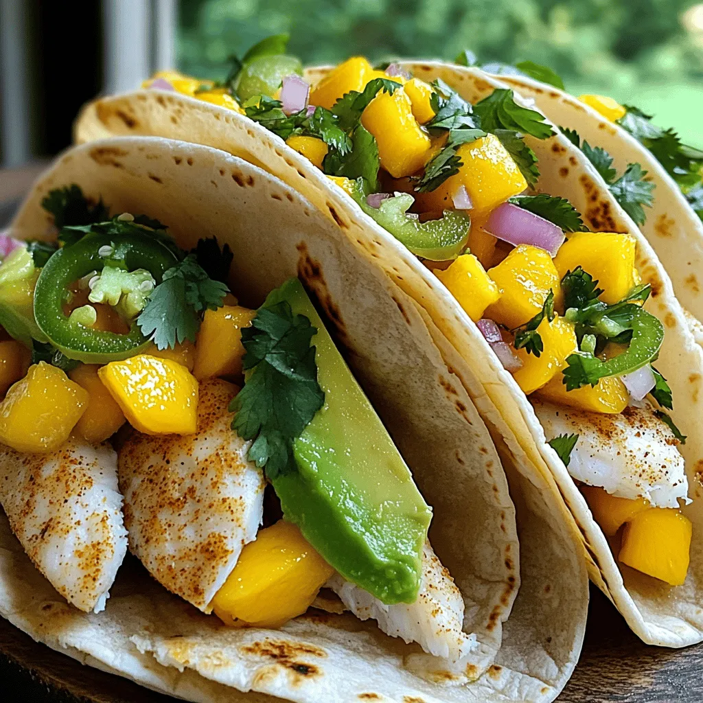To make mango salsa fish tacos, gather these fresh and tasty ingredients: - Fish Options: tilapia, cod, or halibut - Spices: chili powder, cumin, garlic powder - Fresh Produce: mango, red onion, jalapeño, cilantro, lime, avocado - Tortillas: corn tortillas - Seasoning: salt and pepper You will need one pound of firm white fish. This fish should be cut into one-inch pieces. I like to use tilapia because it cooks quickly and has a mild flavor. Cod and halibut are also great choices. For spices, you will need chili powder, cumin, and garlic powder. These spices add a warm, savory taste to the fish. Make sure to season the fish well with salt and pepper, too. Next, let’s talk about the fresh produce. A ripe mango brings sweetness to the salsa. You want it diced into small pieces. The red onion adds a nice crunch, while the jalapeño gives a little heat. Don’t forget the fresh cilantro for a burst of flavor. Lastly, a squeeze of lime juice brightens everything up. Avocado slices make the tacos creamy and rich. For the tortillas, I recommend using corn tortillas. They have a great texture and flavor. These will hold all your yummy fillings together. Gather these ingredients, and you are ready to make a delicious meal! Marinating the Fish with Spices To start, take your fish and cut it into 1-inch pieces. In a bowl, mix the fish with 2 tablespoons of olive oil. Add 1 teaspoon of chili powder, 1 teaspoon of cumin, and ½ teaspoon of garlic powder. Season with salt and pepper to taste. Toss everything together until each piece is coated well. Let the fish sit for about 10 minutes to soak up those great flavors. Cooking Techniques for Better Flavor Preheat a skillet over medium-high heat. Once hot, add the seasoned fish in a single layer. Cook for 3 to 4 minutes on each side. The fish should be golden and flake easily with a fork when done. Remove it from the heat and set it aside. This method keeps the fish juicy and full of flavor. Ingredients Mixing Guidelines For the mango salsa, take 1 ripe mango and dice it. Then, chop ½ a red onion and 1 small jalapeño after removing the seeds. In a bowl, combine the mango, onion, jalapeño, and ¼ cup of fresh cilantro. Squeeze in the juice of 1 lime for a zesty kick. Gently mix everything together and add a pinch of salt to taste. Tips for Achieving the Right Texture Mix the salsa carefully to keep the mango pieces intact. You want a nice balance of crunch from the onion and jalapeño, with the softness of the mango. Let the salsa sit for a few minutes to allow the flavors to blend. Warming Tortillas: Best Practices To warm the corn tortillas, you can use a dry skillet over medium heat. Cook each tortilla for about 30 seconds on each side until they are soft and warm. Alternatively, you can microwave them for about 15 seconds. This step makes the tortillas easier to fold. Layering Fish and Salsa Now, it’s time to build your tacos. Place a spoonful of the cooked fish on each warm tortilla. Top it with a generous amount of mango salsa. Add a few slices of avocado for creaminess. Enjoy these vibrant tacos right away for the best taste! To make sure your fish is perfect, look for a few signs. The fish should turn opaque and flake easily with a fork. This usually takes about 3-4 minutes per side on medium-high heat. If the fish looks dry or hard, you may have overcooked it. You can add more flavor to your fish tacos with a few extras. Try mixing in some lime zest for a fresh twist. You can also add diced bell peppers or corn to the salsa. A pinch of smoked paprika can give the fish a nice kick. Feel free to adjust spices to match your taste! These tacos pair well with simple sides. Serve with a fresh green salad or tortilla chips and salsa. For drinks, a light beer or a refreshing limeade works great. You can also try a chilled white wine to enhance the meal. Enjoy your delicious tacos with friends and family! {{image_2}} You can switch up the fish in these tacos. Chicken works great if you prefer poultry. Shrimp is another tasty choice. If you want a plant-based option, try tofu or tempeh. Just season them like the fish. Each protein brings its own flavor and texture. Adjust the cooking time based on what you choose. Mango salsa can be fun to change. You can add other fruits like pineapple or peaches for sweetness. Try adding bell peppers for a crunch. Even diced tomatoes can enhance the mix. Each fruit or veggie adds unique taste and texture. Feel free to experiment based on what you have. This keeps the salsa fresh and exciting. When it comes to tortillas, corn is classic. But flour tortillas can be softer and chewier. If you want to cut carbs, use lettuce wraps. You can also find low-carb tortillas at many stores. Each type offers a different experience. Choose what you enjoy most or what fits your diet. Store leftover fish tacos in an airtight container. Make sure to separate the fish from the tortillas and salsa. This keeps everything fresh. Place the fish in the fridge within two hours of cooking. It will stay good for up to three days. For mango salsa, use a clean, airtight container. Keep it in the fridge for up to four days. Always check for freshness before using. If you see any signs of spoilage, it’s best to toss it. If you want to keep it longer, you can freeze it. Just make sure to leave some space in the container since it can expand. When reheating, avoid using the microwave alone. It can make the fish tough. Instead, try these methods: - Skillet: Heat a small amount of oil in a pan. Add the fish and cook on medium heat until warmed through. - Oven: Place the fish on a baking sheet. Heat in a preheated oven at 350°F until hot, about 10 minutes. These methods help restore the fish's texture while keeping it moist. Enjoy your tasty fish tacos again! Yes, you can use frozen fish for these tacos. Just make sure to thaw it first. To thaw, place the fish in the fridge overnight. If you're short on time, you can also use the cold-water method. Submerge the sealed fish in cold water for about 30 minutes. After thawing, pat it dry with a paper towel. This helps the spices stick better when you cook it. Cook the fish just like fresh, aiming for 3-4 minutes on each side. The spice level of the mango salsa can vary. It mainly depends on the jalapeño you use. If you want it mild, remove all the seeds and membranes. For more heat, leave some of the seeds in. You can also add more jalapeño or a pinch of cayenne pepper to boost the spice. Taste the salsa as you mix it, and adjust to your liking. This way, you can find the perfect balance for your palate. Making this recipe gluten-free is simple. Use corn tortillas instead of flour tortillas, as they are naturally gluten-free. Check the labels on the spices to ensure they are gluten-free. Most spices are safe, but some blends may contain gluten. You can also replace any soy sauce with tamari, which is gluten-free. With these swaps, you can enjoy delicious fish tacos without worry. We covered how to make delicious fish tacos from scratch. You learned about the key ingredients and steps for marinating fish, making mango salsa, and assembling the tacos. I shared tips to perfect your cooking times and suggested ways to customize the dish. Remember, you can mix and match proteins and salsas to create your own twist. With proper storage and reheating, you can enjoy these tacos later. Dive into this meal as a fun family dish or a tasty treat for friends!