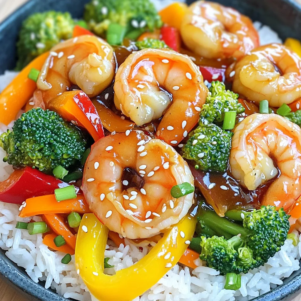 To make this dish, gather these main ingredients: - 1 lb large shrimp, peeled and deveined - 2 tablespoons honey - 4 cloves garlic, minced - 1 tablespoon soy sauce - 1 tablespoon fresh ginger, grated - 1 bell pepper (red or yellow), sliced - 1 cup broccoli florets - 1 carrot, thinly sliced These ingredients bring a sweet and savory flavor. The shrimp add protein, while the veggies give crunch and color. You will need two cooking oils for the best taste: - 2 tablespoons olive oil - 1 tablespoon sesame oil The olive oil helps cook the shrimp and veggies. Sesame oil adds a nutty flavor that shines through. To finish your dish, consider these garnishes: - Sesame seeds - Chopped green onions These garnishes add texture and a pop of color. They make your Honey Garlic Shrimp Stir Fry look and taste even better. To make the honey garlic sauce, grab a small bowl. In this bowl, whisk together 2 tablespoons of honey, 4 minced garlic cloves, 1 tablespoon of soy sauce, and 1 tablespoon of grated ginger. This mix brings a sweet and savory taste to your dish. Set the sauce aside for later. Next, heat a large skillet or wok over medium-high heat. Add 2 tablespoons of olive oil and 1 tablespoon of sesame oil. Once the oil is hot, toss in 1 pound of peeled and deveined shrimp. Season the shrimp with a pinch of salt and pepper. Cook them for about 2-3 minutes. Watch as they turn pink. This means they are almost done. When they look good, take them out of the skillet and set them aside. In the same skillet, add the sliced bell pepper, 1 cup of broccoli florets, and 1 thinly sliced carrot. Stir-fry these veggies for about 4-5 minutes. You want them to be bright and still a little crunchy. This keeps their flavor fresh and vibrant. Now it's time to bring it all together. Return the cooked shrimp to the skillet with the veggies. Pour your honey garlic sauce over everything. Stir well to coat all the ingredients evenly. Cook for another 2-3 minutes. This heats the sauce and makes sure the shrimp are fully cooked. Once everything looks great, you are ready to serve. Enjoy this dish over jasmine rice or quinoa. For a lovely touch, garnish with sesame seeds and green onions. To cook shrimp well, start with fresh or thawed shrimp. Always peel and devein them for a clean taste. Pat them dry with a paper towel. This helps the shrimp sear better. Heat your skillet until it's hot before adding oil. This keeps shrimp from sticking. Cook shrimp in batches if your skillet is small. This ensures even cooking and a nice sear. To amp up the flavor, use high-quality honey. It adds a rich sweetness. Fresh ginger and garlic are key. They bring a bright taste to the dish. You can also add a splash of lime juice. It adds a nice zing. If you like a kick, try adding red pepper flakes. They give your stir fry an exciting heat. Do not overcook shrimp. They turn rubbery and tough if cooked too long. Keep an eye on the color. Shrimp should turn pink and opaque. Avoid crowding the skillet. This leads to steaming instead of stir-frying. Finally, do not skip the garnishes. Sesame seeds and green onions make your dish look great. They also add texture and flavor. {{image_2}} You can change the veggies in this dish to suit your taste. Try adding snap peas for a crisp bite. You can also use mushrooms for an earthy flavor. Bok choy works well too, adding a nice crunch. Carrots can be swapped for zucchini, which cooks fast. Just remember to cut your veggies in similar sizes for even cooking. While the honey garlic sauce is tasty, feel free to mix it up. Teriyaki sauce adds a sweet and tangy twist. A spicy chili garlic sauce can bring heat. If you love citrus, try mixing in some fresh orange juice. Each sauce gives the shrimp its own unique flair. Not in the mood for shrimp? You can easily swap it for chicken or tofu. Chicken thighs add rich flavor. Just slice it thin so it cooks fast. Tofu gives a nice vegetarian option. Make sure to press it to remove extra water. This way, it gets nice and crispy when cooked. To store your honey garlic shrimp stir fry, keep it in an airtight container. Make sure it cools down first. Place it in the fridge for up to three days. This helps keep the flavors fresh. When you reheat the stir fry, use a skillet or a microwave. If using a skillet, heat it on medium. Add a splash of water or oil to help steam the dish. If using the microwave, cover the container loosely. Heat in short bursts to avoid overcooking. You can freeze honey garlic shrimp stir fry for up to three months. Use a freezer-safe container or bag. Make sure to remove as much air as possible. To thaw, place it in the fridge overnight. Then, reheat it in a skillet or microwave. Enjoy the flavors just as you did fresh! Yes, you can prepare the honey garlic sauce ahead. Store it in the fridge for up to three days. You can also chop the veggies in advance. However, I suggest cooking the shrimp fresh. This keeps the shrimp tender and juicy. You can stir-fry everything when you’re ready to eat. Yes, you can use frozen shrimp. Just remember to thaw them first. Place the shrimp in cold water for about 20 minutes. Once thawed, drain and pat them dry. This step helps your shrimp cook evenly. Frozen shrimp can still taste great when cooked properly. I recommend serving this dish over jasmine rice or quinoa. Both options soak up the honey garlic sauce well. You can also add a side of steamed vegetables for more color and nutrition. If you like, serve it with spring rolls or a simple salad. These sides make the meal even more satisfying. This article covered how to make an easy honey garlic shrimp stir fry. We discussed the main ingredients, cooking oils, and garnishes. I shared step-by-step instructions for sauce prep, cooking shrimp, and stir-frying veggies. You learned tips for flavor and how to avoid common mistakes. I also mentioned variations and storage tips for leftovers. Remember, this dish is flexible and fun. Enjoy your cooking and make it your own!