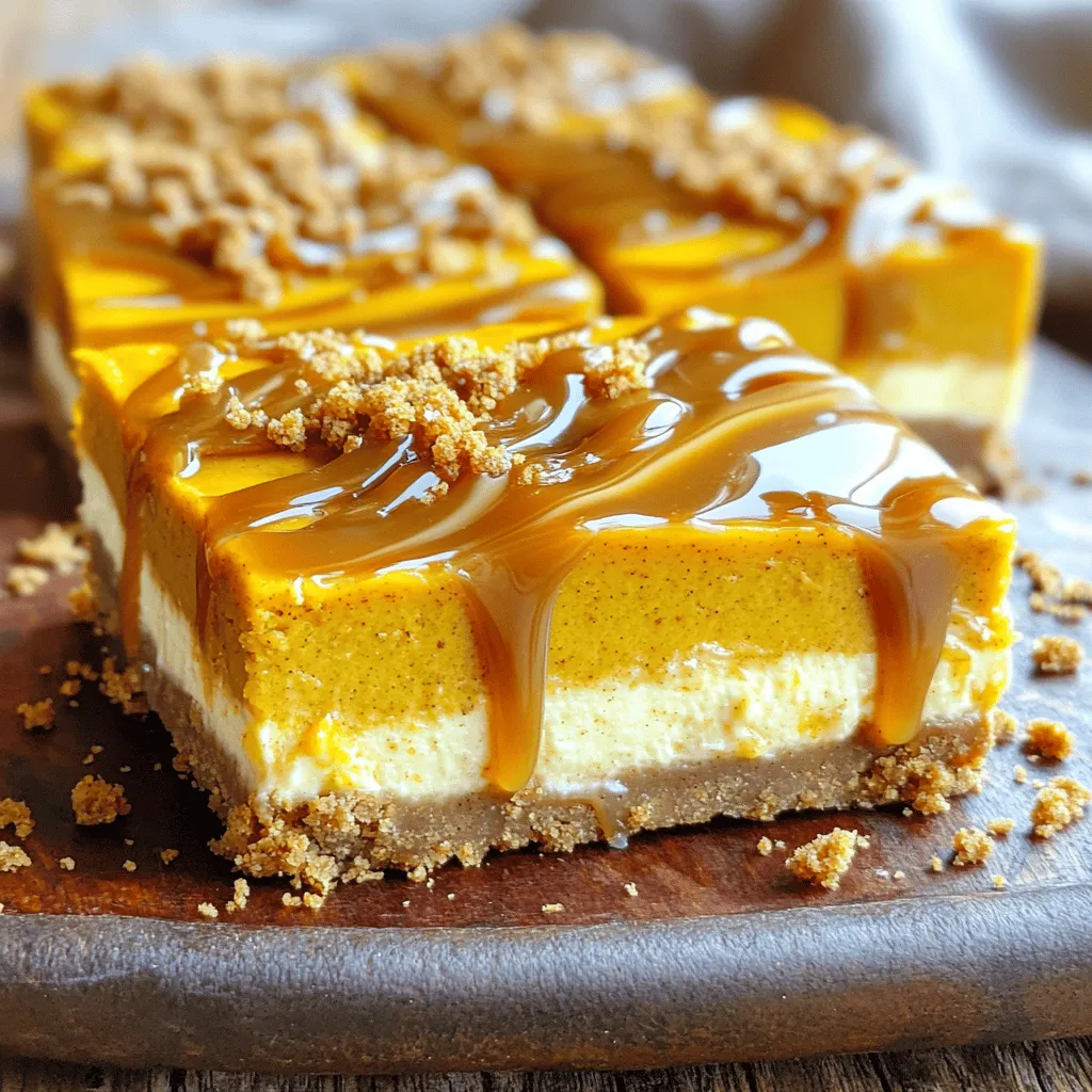 - 2 cups gingersnap crumbs - ½ cup unsalted butter, melted - ¼ cup brown sugar - 16 oz cream cheese, softened - 1 cup pumpkin puree - 1 cup granulated sugar - 3 large eggs - 1 teaspoon vanilla extract - Spices: 1 teaspoon ground cinnamon, ½ teaspoon ground nutmeg, ½ teaspoon ground ginger - ¼ teaspoon salt - 1 cup caramel sauce (store-bought or homemade) This recipe starts with a crunchy gingersnap crust. The crust is simple yet full of flavor. You mix gingersnap crumbs with melted butter and brown sugar. Press this mixture into the bottom of your baking dish. Next, we create a smooth and creamy cheesecake filling. Start with softened cream cheese. This step is key. If the cream cheese is cold, it will be hard to mix. Add pumpkin puree and granulated sugar to the cream cheese. This combination gives the bars their delicious pumpkin flavor. Then, mix in the eggs, one at a time. This helps to keep the filling light. After that, add vanilla extract and spices. The warm spices will fill your kitchen with a lovely aroma. Lastly, we need caramel sauce. You can use store-bought sauce for ease, or make your own if you prefer. Drizzle this over the cheesecake filling. Swirl it in with a knife for a beautiful marbled look. Each layer adds to the rich taste of these pumpkin caramel cheesecake bars. 1. Preheat your oven to 350°F (175°C). This step is crucial for a perfect crust. 2. In a medium bowl, mix 2 cups of gingersnap crumbs, ½ cup of melted butter, and ¼ cup of brown sugar. Stir until the crumbs look like wet sand. 3. Press the mixture evenly into the bottom of your greased 9x13 inch baking dish. Bake for 10 minutes. Let it cool slightly. 1. In a large bowl, beat 16 ounces of softened cream cheese until smooth. This makes for a creamy texture. 2. Mix in 1 cup of pumpkin puree and 1 cup of granulated sugar. Blend well until smooth. 3. Add 3 large eggs, one at a time. Beat well after each egg. This helps to create a light filling. 4. Stir in 1 teaspoon of vanilla extract, 1 teaspoon of ground cinnamon, ½ teaspoon of ground nutmeg, ½ teaspoon of ground ginger, and ¼ teaspoon of salt. Mix until all ingredients are combined. 1. Pour the pumpkin cheesecake filling over the cooled gingersnap crust. Spread it evenly. 2. Drizzle 1 cup of caramel sauce on top. Use a knife or skewer to swirl the caramel into the cheesecake. This creates a beautiful marbled effect. 3. Bake for 35-40 minutes. The center should be set but slightly jiggly. 4. After baking, let it cool at room temperature for about an hour. Then refrigerate for at least 4 hours, or overnight, to set completely. To get a smooth texture, always start with softened cream cheese. This helps it mix well and prevents lumps. If you forget to soften it, you can microwave it for a few seconds. Also, mix the eggs gently. Overmixing can cause cracks in your cheesecake. Add them one at a time, and just mix until blended. This keeps the bars looking nice. A pinch of salt can make a big difference. It enhances the sweetness and adds depth to the flavor. Use a high-quality caramel sauce. The better the sauce, the more delicious your bars will be. You can make homemade caramel, or choose a good store brand. Either way, quality matters. For a beautiful finish, garnish your bars with whipped cream. Crushed gingersnap cookies on top add a nice crunch. Drizzle more caramel sauce over the bars right before serving. This extra touch makes them look special and inviting. Serve them chilled on a nice platter to impress your guests. {{image_2}} You can change the crust for a new taste. - Use 2 cups of graham cracker crumbs instead of gingersnap crumbs. - For a gluten-free crust, try a nut-based crust, like almonds or pecans. You do not have to stick to pumpkin. - Swap pumpkin puree with sweet potato puree for a different flavor. - You can play with spices too. Try using allspice or cloves instead of the usual cinnamon and nutmeg. Add fun touches to your bars for extra joy. - Mix in chocolate chips or toffee bits for a sweet surprise in the filling. - Top your bars with chopped pecans or walnuts for a crunchy finish. To keep your pumpkin caramel cheesecake bars fresh, store them in an airtight container in the refrigerator. This will protect them from drying out. Always use parchment paper when baking. This makes it easy to lift and cut the bars later. If you want to save some bars for later, freeze them in individual portions. This way, you can enjoy a slice whenever you want. To serve, thaw the bars in the refrigerator. This keeps the texture just right. These tasty bars are best eaten within a week when stored in the fridge. They pair wonderfully with coffee or tea. Enjoying them as a dessert with your favorite drink makes for a delightful experience. Yes, but ensure it is cooked and well-pureed. Fresh pumpkin can bring a bright flavor. To prepare, cut the pumpkin, roast it, and blend until smooth. This method gives you a rich taste. Make sure you drain any excess moisture. It will help your cheesecake bars set better. The center should be set but still slightly jiggly. When you take them out, the edges will be firm. The middle will have a soft wobble. This indicates it still has some creaminess. Keep in mind, they will firm up as they cool. Yes, these bars can be made and refrigerated for up to 2 days in advance. This makes them great for parties or family dinners. Just cover them well with plastic wrap. This keeps them fresh and tasty. Allow them to chill for at least four hours before serving. This helps the flavors meld together beautifully. This blog post covered how to create delicious pumpkin cheesecake bars with a gingersnap crust. We explored each ingredient and step, ensuring you have the tools to succeed. Remember to soften the cream cheese and avoid overmixing the eggs to get the perfect texture. With these tips, your cheesecake can shine. Don't forget to customize your bars with different toppings or crust options. Enjoy your baking, and savor each bite!