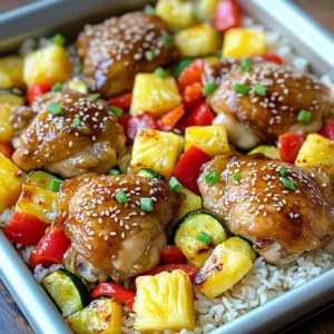 - 4 boneless, skinless chicken thighs - 1 cup teriyaki sauce - 1 fresh pineapple, cut into 1-inch cubes - 2 red bell peppers, sliced - 1 zucchini, sliced - 1 red onion, sliced - 2 tablespoons olive oil - 2 cloves garlic, minced - 1 teaspoon fresh ginger, grated - Sesame seeds - Chopped green onions - Cooked rice or quinoa The main ingredients for this dish include chicken thighs, teriyaki sauce, and fresh pineapple. Chicken thighs work well because they stay juicy during cooking. Teriyaki sauce adds a sweet and savory flavor. Pineapple gives a fresh and bright taste that pairs well with the chicken. For the veggies, I like using red bell peppers, zucchini, and red onion. These add color and crunch. The marinade components are crucial. Olive oil helps the flavors meld together. Minced garlic and fresh ginger add depth and warmth. Lastly, garnishing ingredients bring the dish to life. Sesame seeds give a nice crunch. Chopped green onions add a fresh pop. Serve it all on rice or quinoa for a filling meal. Using these ingredients makes my Sheet Pan Teriyaki Chicken Pineapple Bowls a hit every time. The balance of flavors and textures is what makes this dish truly special. First, set your oven to 400°F (200°C). This high heat cooks the chicken well. Line a large sheet pan with parchment paper. This makes cleanup easier and prevents sticking. In a mixing bowl, combine 1 cup of teriyaki sauce, 2 minced garlic cloves, and 1 teaspoon of grated ginger. Whisk them together until smooth. Take your 4 chicken thighs and place them in a resealable bag. Pour half of the marinade over the chicken. Seal the bag tightly. Let the chicken marinate for at least 30 minutes. For deeper flavor, marinate up to 4 hours in the fridge. Grab a large mixing bowl. Cut a fresh pineapple into 1-inch cubes, slice 2 red bell peppers, 1 zucchini, and 1 red onion. Toss these in the bowl with 2 tablespoons of olive oil. Add the remaining teriyaki marinade and mix well. Make sure all pieces get coated evenly. Take the marinated chicken thighs out of the bag and place them in the center of the sheet pan. Spread the vegetable and pineapple mix around the chicken. Keep everything in an even layer. This helps them cook evenly. Roast in the oven for 25-30 minutes. Check the chicken's doneness by using a meat thermometer. The internal temperature should reach 165°F (75°C). The veggies should be tender and slightly browned. Once baked, take the sheet pan out of the oven. Let it cool for a few minutes. While it's cooling, spoon some cooked rice or quinoa into bowls. Top these with the roasted chicken, veggies, and pineapple. Finally, sprinkle sesame seeds and chopped green onions on top. This adds flavor and makes it look great. Marinating the chicken is key. I suggest at least 30 minutes. For even better flavor, marinate it for up to 4 hours. This allows the flavors to soak in deeply. You can use store-bought teriyaki sauce, but homemade is best. Making your own lets you control the taste and quality. Combine soy sauce, honey, and a dash of sesame oil for a simple mix. Feel free to switch up the veggies! Snow peas, broccoli, and carrots work great too. Cut your vegetables into uniform sizes. This helps them cook evenly. Think about using bite-sized pieces for easy eating. Use a large sheet pan with edges. This prevents spills and makes cleanup easy. I recommend using a sturdy, non-stick pan for the best results. Parchment paper is a must-have. It keeps food from sticking and makes cleanup a breeze. Just line your pan before adding the chicken and veggies. {{image_2}} You can easily swap chicken for other proteins. Try using boneless pork chops or shrimp. Both work well with teriyaki sauce. If you prefer a vegetarian option, use tofu. Tofu absorbs flavors well. Press it to remove excess water, then marinate just like chicken. This dish is great on rice or quinoa. Both options add texture and nutrition. For a fun twist, try a salad base like mixed greens or cabbage. You can also make a wrap using large lettuce leaves. This adds freshness and crunch. To boost flavor, add your favorite spices or herbs. Fresh cilantro or basil can add brightness. You can also incorporate different sauces. Try adding sriracha for heat or a sprinkle of lime juice for zest. These choices allow you to customize your dish to fit your taste! To keep your leftovers fresh, use airtight containers. Glass containers work best. They help maintain flavor and texture. Store the chicken and veggies together for easy meals. In the fridge, your leftovers last up to four days. Make sure to let them cool before sealing. For reheating, the oven is the best choice. Set it to 350°F (175°C). Place your chicken and veggies on a baking sheet. Heat for about 10-15 minutes, or until hot. If you’re in a hurry, use the microwave. Heat in short bursts to avoid overcooking. Don’t reheat more than once. This keeps your food safe and tasty. If you want to save some for later, freezing is a great option. Lay the chicken and veggies flat in freezer bags. Remove as much air as possible. This helps prevent freezer burn. You can freeze them for up to three months. When ready to eat, thaw overnight in the fridge. Reheat as mentioned above for best results. For the best flavor, marinate the chicken thighs for at least 30 minutes. If you have more time, marinate for up to 4 hours in the fridge. This longer time helps the chicken soak up all the tasty teriyaki sauce. Yes, you can make this dish gluten-free. Use a gluten-free teriyaki sauce. Many brands offer great options. Just check the label to be sure. You can also serve it with rice instead of quinoa if you prefer. I like to serve this dish with cooked rice or quinoa. You can also add a simple salad or steamed vegetables on the side. This adds extra color and crunch to your meal. Check the internal temperature with a meat thermometer. The chicken should reach 165°F (75°C). You can also look for clear juices when you cut into it. If the juices run clear, the chicken is done. This blog post covers a delicious teriyaki chicken pineapple bowl recipe. We went over the key ingredients, step-by-step instructions, and helpful tips. You learned how to marinate chicken, choose vegetables, and make flavorful variations. Remember to store leftovers properly for later enjoyment. With these easy instructions, you can create a tasty dish at home. Trust me, your family will love it! Enjoy cooking and experimenting with different flavors. Your kitchen will become a fun place for great meals.