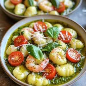 - 1 pound fresh shrimp, peeled and deveined - 1 package (16 oz) potato gnocchi - 1 cup heavy cream - ½ cup basil pesto - 2 tablespoons olive oil For this dish, I love using fresh shrimp. It brings a sweet taste and a great texture. The potato gnocchi adds a soft, pillowy feel that pairs perfectly with the sauce. Heavy cream makes the dish rich and smooth. Adding basil pesto gives a burst of fresh flavor. Lastly, olive oil helps to sauté the shrimp. - 2 cloves garlic, minced - Salt and pepper, to taste - ¼ cup grated Parmesan cheese Garlic is a must for this dish. It adds depth and aroma. Salt and pepper enhance all the flavors in the meal. Parmesan cheese melts into the sauce, making it even creamier. - ½ cup cherry tomatoes, halved - Fresh basil leaves, for garnish Cherry tomatoes not only add color but also a sweet, juicy bite. Fresh basil leaves on top make the dish look bright and inviting. These garnishes make your creamy pesto shrimp gnocchi even more delightful. To cook the gnocchi, start by boiling water in a large pot. Add a good amount of salt to the water for flavor. Once boiling, add the potato gnocchi. Cook them for about 2 to 3 minutes. You know they are done when they float to the top. This means they are light and fluffy! Drain the gnocchi in a colander and set them aside. For perfect texture, do not overcook the gnocchi. You want them soft but still firm enough to hold their shape. If you like a little more flavor, you can toss them in a bit of olive oil after draining. To sauté the shrimp evenly, heat olive oil in a large skillet over medium heat. Once hot, add minced garlic. Sauté for about 30 seconds until it is fragrant. Then, add the fresh shrimp. Season them with salt and pepper. Cook for 2 to 3 minutes on each side. They should turn pink and opaque when done. Remove the shrimp from the skillet and set aside. Proper seasoning is key for great flavor. You can also add a touch of lemon juice for brightness. In the same skillet, reduce the heat to low and pour in the heavy cream. Stir in the basil pesto until it’s well mixed. This creates a rich, flavorful sauce. Allow the sauce to simmer for about 2 to 3 minutes. This helps the flavors blend together nicely. If you want more depth, you can add a pinch of red pepper flakes or a squeeze of lemon. Add the cooked gnocchi, cherry tomatoes, and sautéed shrimp back into the skillet. Gently toss everything together. This ensures the gnocchi and shrimp are coated in the creamy pesto sauce. For the final touch, stir in the grated Parmesan cheese. This will make your dish extra creamy. Taste the sauce and adjust seasoning if needed. You can add more salt or pepper to your liking. To cook shrimp well, use a hot skillet. Start with olive oil and garlic. Add shrimp once the oil shimmers. Cook each side until pink and firm, about 2-3 minutes. This keeps shrimp juicy and tender. For al dente gnocchi, boil in salted water. Wait until they float to the top, which takes about 2-3 minutes. Drain them quickly to avoid sogginess. Toss them with a bit of olive oil to keep them from sticking. To boost the flavor, add lemon juice or zest to the creamy sauce. A pinch of red pepper flakes adds warmth. You can use sun-dried tomatoes for a tangy twist. If you want to swap ingredients, try shrimp with chicken or tofu. You can also use homemade pesto for a fresher taste. Swap heavy cream for half-and-half for a lighter option. For serving, use shallow bowls to show off the dish. Sprinkle extra Parmesan cheese on top for a nice touch. Fresh basil leaves add color and a fresh aroma. A drizzle of olive oil just before serving gives the dish a beautiful sheen. You can also add a few cherry tomato halves for brightness and a pop of color. {{image_2}} If you want a vegetarian version, you can skip the shrimp. Use sautéed mushrooms or zucchini instead. Both add nice texture and flavor. Cook them for about 5-7 minutes until soft. This way, you keep the dish hearty and satisfying. Gnocchi is great, but you can use other pasta too. Penne or fusilli work well. If you choose a different pasta, cook it according to the package. Make sure to adjust the cooking time as needed. The key is to keep the pasta al dente so it mixes well with the sauce. You can change the flavor by adding different herbs. Try thyme, oregano, or even a bit of red pepper flakes for heat. You might also mix in some spinach or artichokes for extra texture. These add-ins can make your meal even more vibrant and delicious. To keep your creamy pesto shrimp gnocchi fresh, use proper storage methods. First, let the dish cool to room temperature. Next, place leftovers in an airtight container. This helps prevent moisture loss and keeps flavors intact. You can store it in the fridge for up to three days. If you want to save it longer, freeze it. In the freezer, it can last for up to three months. Just make sure to label your container with the date for easy reference. When ready to eat, reheating is key to keeping your dish creamy and tasty. The best method is to use the stove. Place the gnocchi in a skillet over low heat. Add a splash of cream or a bit of water to help it warm evenly. Stir often to prevent burning. If you prefer the microwave, use a microwave-safe dish. Heat in short bursts, stirring in between. This helps maintain the creaminess. Avoid overheating, as it can make the sauce grainy. Enjoy your delicious meal again! You can swap heavy cream with several options. - Non-dairy alternatives: Use coconut cream or cashew cream. Both give a creamy texture. - Lower-calorie options: Try Greek yogurt or a mix of milk and cornstarch. This keeps it light. These substitutes can change the flavor a bit, so choose what fits your dish best. Yes, you can prepare parts of this dish ahead. - Preparations suitable for meal prep: Cook the gnocchi and shrimp in advance. Store them separately. - Tips for reheating: Reheat gently on low heat. Add a splash of water or cream to keep it creamy. This way, your meal stays fresh and tasty. Most pesto is gluten-free. - Understanding pesto ingredients: Pesto mainly uses basil, nuts, cheese, and oil. Check the labels for any added gluten. - Recommendations for gluten-free options: Make your own pesto at home. This way, you control all the ingredients. Enjoy this flavorful sauce without worry! This blog covered a delicious dish made with shrimp, gnocchi, and creamy pesto sauce. We talked about key ingredients and how to cook them perfectly. I shared tips for flavor, presentation, and even variations for different diets. Remember, you can customize this dish to suit your taste. Cooking should be fun and simple! Experiment with flavors and enjoy your time in the kitchen. Happy cooking!