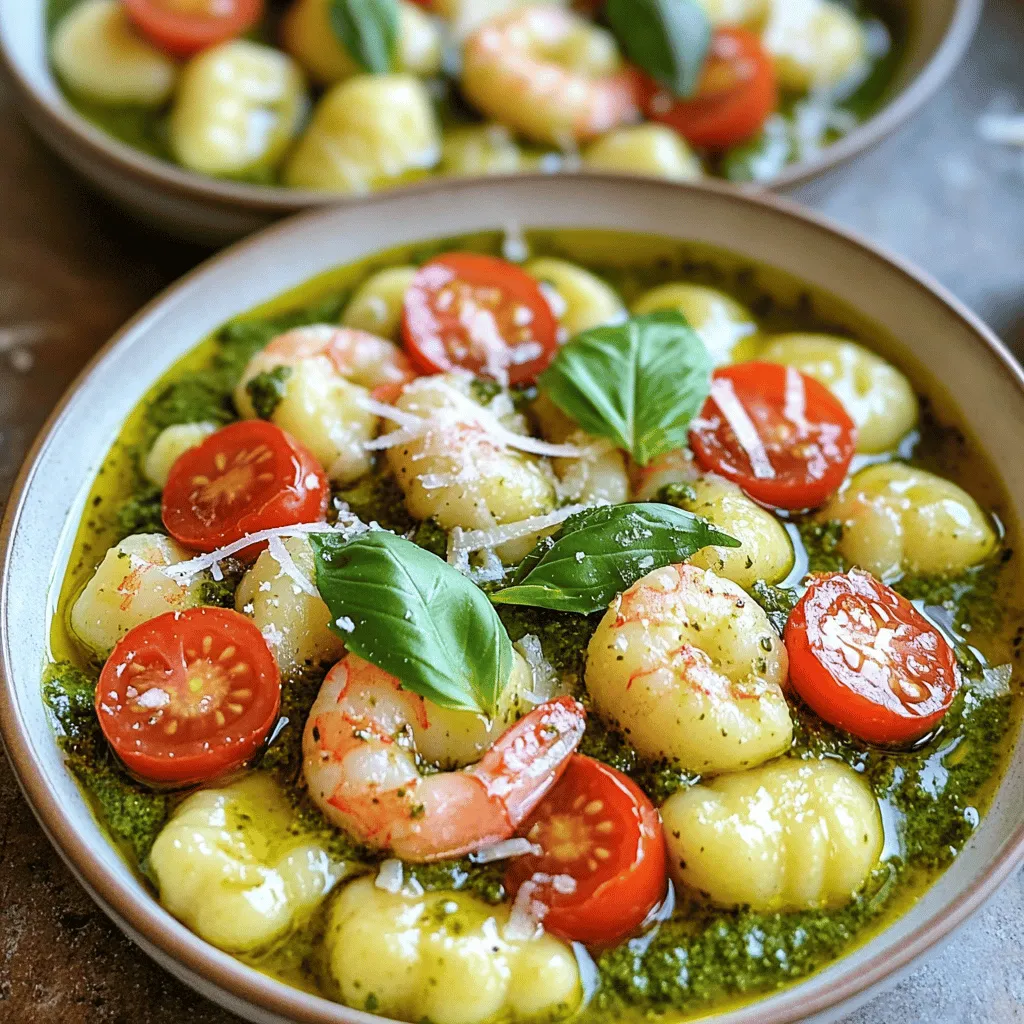 - 1 pound fresh shrimp, peeled and deveined - 1 package (16 oz) potato gnocchi - 1 cup heavy cream - ½ cup basil pesto - 2 tablespoons olive oil For this dish, I love using fresh shrimp. It brings a sweet taste and a great texture. The potato gnocchi adds a soft, pillowy feel that pairs perfectly with the sauce. Heavy cream makes the dish rich and smooth. Adding basil pesto gives a burst of fresh flavor. Lastly, olive oil helps to sauté the shrimp. - 2 cloves garlic, minced - Salt and pepper, to taste - ¼ cup grated Parmesan cheese Garlic is a must for this dish. It adds depth and aroma. Salt and pepper enhance all the flavors in the meal. Parmesan cheese melts into the sauce, making it even creamier. - ½ cup cherry tomatoes, halved - Fresh basil leaves, for garnish Cherry tomatoes not only add color but also a sweet, juicy bite. Fresh basil leaves on top make the dish look bright and inviting. These garnishes make your creamy pesto shrimp gnocchi even more delightful. To cook the gnocchi, start by boiling water in a large pot. Add a good amount of salt to the water for flavor. Once boiling, add the potato gnocchi. Cook them for about 2 to 3 minutes. You know they are done when they float to the top. This means they are light and fluffy! Drain the gnocchi in a colander and set them aside. For perfect texture, do not overcook the gnocchi. You want them soft but still firm enough to hold their shape. If you like a little more flavor, you can toss them in a bit of olive oil after draining. To sauté the shrimp evenly, heat olive oil in a large skillet over medium heat. Once hot, add minced garlic. Sauté for about 30 seconds until it is fragrant. Then, add the fresh shrimp. Season them with salt and pepper. Cook for 2 to 3 minutes on each side. They should turn pink and opaque when done. Remove the shrimp from the skillet and set aside. Proper seasoning is key for great flavor. You can also add a touch of lemon juice for brightness. In the same skillet, reduce the heat to low and pour in the heavy cream. Stir in the basil pesto until it’s well mixed. This creates a rich, flavorful sauce. Allow the sauce to simmer for about 2 to 3 minutes. This helps the flavors blend together nicely. If you want more depth, you can add a pinch of red pepper flakes or a squeeze of lemon. Add the cooked gnocchi, cherry tomatoes, and sautéed shrimp back into the skillet. Gently toss everything together. This ensures the gnocchi and shrimp are coated in the creamy pesto sauce. For the final touch, stir in the grated Parmesan cheese. This will make your dish extra creamy. Taste the sauce and adjust seasoning if needed. You can add more salt or pepper to your liking. To cook shrimp well, use a hot skillet. Start with olive oil and garlic. Add shrimp once the oil shimmers. Cook each side until pink and firm, about 2-3 minutes. This keeps shrimp juicy and tender. For al dente gnocchi, boil in salted water. Wait until they float to the top, which takes about 2-3 minutes. Drain them quickly to avoid sogginess. Toss them with a bit of olive oil to keep them from sticking. To boost the flavor, add lemon juice or zest to the creamy sauce. A pinch of red pepper flakes adds warmth. You can use sun-dried tomatoes for a tangy twist. If you want to swap ingredients, try shrimp with chicken or tofu. You can also use homemade pesto for a fresher taste. Swap heavy cream for half-and-half for a lighter option. For serving, use shallow bowls to show off the dish. Sprinkle extra Parmesan cheese on top for a nice touch. Fresh basil leaves add color and a fresh aroma. A drizzle of olive oil just before serving gives the dish a beautiful sheen. You can also add a few cherry tomato halves for brightness and a pop of color. {{image_2}} If you want a vegetarian version, you can skip the shrimp. Use sautéed mushrooms or zucchini instead. Both add nice texture and flavor. Cook them for about 5-7 minutes until soft. This way, you keep the dish hearty and satisfying. Gnocchi is great, but you can use other pasta too. Penne or fusilli work well. If you choose a different pasta, cook it according to the package. Make sure to adjust the cooking time as needed. The key is to keep the pasta al dente so it mixes well with the sauce. You can change the flavor by adding different herbs. Try thyme, oregano, or even a bit of red pepper flakes for heat. You might also mix in some spinach or artichokes for extra texture. These add-ins can make your meal even more vibrant and delicious. To keep your creamy pesto shrimp gnocchi fresh, use proper storage methods. First, let the dish cool to room temperature. Next, place leftovers in an airtight container. This helps prevent moisture loss and keeps flavors intact. You can store it in the fridge for up to three days. If you want to save it longer, freeze it. In the freezer, it can last for up to three months. Just make sure to label your container with the date for easy reference. When ready to eat, reheating is key to keeping your dish creamy and tasty. The best method is to use the stove. Place the gnocchi in a skillet over low heat. Add a splash of cream or a bit of water to help it warm evenly. Stir often to prevent burning. If you prefer the microwave, use a microwave-safe dish. Heat in short bursts, stirring in between. This helps maintain the creaminess. Avoid overheating, as it can make the sauce grainy. Enjoy your delicious meal again! You can swap heavy cream with several options. - Non-dairy alternatives: Use coconut cream or cashew cream. Both give a creamy texture. - Lower-calorie options: Try Greek yogurt or a mix of milk and cornstarch. This keeps it light. These substitutes can change the flavor a bit, so choose what fits your dish best. Yes, you can prepare parts of this dish ahead. - Preparations suitable for meal prep: Cook the gnocchi and shrimp in advance. Store them separately. - Tips for reheating: Reheat gently on low heat. Add a splash of water or cream to keep it creamy. This way, your meal stays fresh and tasty. Most pesto is gluten-free. - Understanding pesto ingredients: Pesto mainly uses basil, nuts, cheese, and oil. Check the labels for any added gluten. - Recommendations for gluten-free options: Make your own pesto at home. This way, you control all the ingredients. Enjoy this flavorful sauce without worry! This blog covered a delicious dish made with shrimp, gnocchi, and creamy pesto sauce. We talked about key ingredients and how to cook them perfectly. I shared tips for flavor, presentation, and even variations for different diets. Remember, you can customize this dish to suit your taste. Cooking should be fun and simple! Experiment with flavors and enjoy your time in the kitchen. Happy cooking!