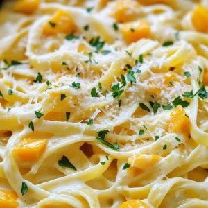 - 1 medium butternut squash, peeled and diced - 2 tablespoons olive oil - 2 cloves garlic, minced - 1 cup vegetable broth - 1/2 cup heavy cream - 1/4 teaspoon nutmeg - 1/2 teaspoon salt - 1/4 teaspoon black pepper - 1 cup freshly grated Parmesan cheese - 12 ounces fettuccine pasta - Fresh parsley, chopped (for garnish) The butternut squash is key for a rich flavor. Choose one that feels heavy for its size. The skin should be smooth and firm. Olive oil adds a nice depth to the dish. Use fresh garlic for a brighter taste. Heavy cream gives the sauce its creaminess. If you want a lighter option, consider half-and-half. Nutmeg adds warmth but use it sparingly. Freshly grated Parmesan really makes a difference, so skip the pre-shredded kind. Fettuccine pairs perfectly with the sauce, but you can swap it for any pasta you like. Garnish with parsley for a fresh touch. This dish serves four. Each serving has about: - Calories: 450 - Protein: 15g - Fat: 25g - Carbohydrates: 45g - Fiber: 3g The butternut squash provides vitamins A and C, plus fiber. The heavy cream and cheese add calcium and protein. Enjoy this dish as a wholesome meal that is both filling and nutritious! First, preheat your oven to 400°F (200°C). While the oven heats, peel and dice one medium butternut squash. It should be in bite-sized pieces. Next, drizzle one tablespoon of olive oil over the squash and add a pinch of salt. Toss it well to coat. Spread the squash on a baking sheet in a single layer. Roast for 25 to 30 minutes. Look for tender and slightly caramelized pieces when done. While the squash roasts, bring a large pot of salted water to a boil. Add 12 ounces of fettuccine pasta. Cook it according to the package instructions until it is al dente. Remember to reserve one cup of pasta water before draining the pasta. Once drained, set it aside. In a medium saucepan, heat one tablespoon of olive oil over medium heat. Add two minced cloves of garlic and sauté for about one minute. When the garlic is fragrant, add the roasted butternut squash and one cup of vegetable broth. Bring this mixture to a gentle simmer and cook for five minutes. Now, use an immersion blender to blend the mixture until it is smooth and creamy. If you do not have one, carefully transfer it to a regular blender and blend it. Return the blended sauce to the saucepan. Stir in half a cup of heavy cream, a quarter teaspoon of nutmeg, half a teaspoon of salt, and a quarter teaspoon of black pepper. Add one cup of freshly grated Parmesan cheese. Cook this over low heat for about three to four minutes, stirring often. If the sauce is too thick, add reserved pasta water gradually until you get your desired consistency. Finally, add the drained fettuccine to the sauce and toss it until the pasta is well-coated. Serve hot, garnished with chopped fresh parsley and extra Parmesan if you like. When picking butternut squash, look for a firm one. It should feel heavy for its size. The skin should be a deep tan color. Avoid any squash with soft spots or blemishes. A good squash will have a smooth surface. The stem should be dry. This means it was picked at the right time. To boost creaminess, you can add more heavy cream. You can also stir in extra cheese. A bit of cream cheese or mascarpone can work wonders too. If you want a lighter touch, use ricotta for a smooth finish. Blending the roasted squash well helps create a creamy texture. Use an immersion blender for a quick and easy method. If it gets too thick, add some reserved pasta water slowly. Serve your Butternut Squash Alfredo with fresh parsley on top. This adds color and flavor. You can sprinkle more Parmesan cheese for a rich taste. Pair it with a side salad for a fresh crunch. A slice of crusty bread works well too. It’s perfect for soaking up the sauce. Enjoy this dish warm for the best flavor. {{image_2}} To make a vegan version, swap the heavy cream and Parmesan cheese. Use coconut cream for a rich texture. Nutritional yeast adds a cheesy flavor without dairy. Blend the roasted butternut squash with vegetable broth and coconut cream. Mix it into your cooked pasta for a creamy dish. For a gluten-free meal, choose gluten-free pasta. Many brands offer great alternatives made from rice or chickpeas. Follow the same recipe steps, and enjoy a tasty dish without gluten. This option keeps the flavor while catering to dietary needs. You can add proteins like grilled chicken or shrimp for a heartier meal. Cook them separately and mix them in with the pasta. If you want more veggies, try spinach or peas. These additions will boost nutrients and add color to your plate. To store leftovers, let the dish cool down at room temperature. Place it in an airtight container. This helps keep the flavors fresh. You can store Butternut Squash Alfredo in the fridge for up to three days. Make sure to cover it well to avoid drying out. When you’re ready to enjoy the leftovers, reheat them gently. You can use a pan over low heat. Add a splash of water or broth to help loosen the sauce. Stir it often until heated through. If using a microwave, heat in short bursts, stirring in between. This keeps the pasta from getting too dry. If you want to freeze Butternut Squash Alfredo, it’s best to do this before adding the fettuccine. Allow the sauce to cool, then pour it into a freezer-safe container. Label it with the date. It can last in the freezer for about three months. When you’re ready to eat, thaw it overnight in the fridge. Reheat and add freshly cooked fettuccine just before serving. Enjoy your creamy dish any time! Yes, you can use any pasta you like. Penne, rigatoni, or even gluten-free pasta works well. Just make sure to cook it according to package instructions. Your sauce will still be creamy and flavorful! Butternut Squash Alfredo can last up to four days in the fridge. Store it in an airtight container for best results. Just reheat it gently on the stove or in the microwave. Absolutely! You can use half-and-half or whole milk instead. For a dairy-free option, try coconut milk or cashew cream. These swaps will change the flavor a bit, but they will still taste great. Butternut squash is packed with nutrients. It is high in vitamins A and C, which boost your immune system. It also contains fiber, which is good for digestion. Plus, it is low in calories, making it a healthy choice for meals. In this blog post, we explored the tasty world of Butternut Squash Alfredo. We covered all the important ingredients and provided clear steps to make it. Tips helped you choose the best squash and suggested ways to make it creamier. You learned about tasty variations and how to store your leftovers. Butternut Squash Alfredo is a versatile dish that can fit many diets. Try it out in different ways and enjoy its rich flavors!