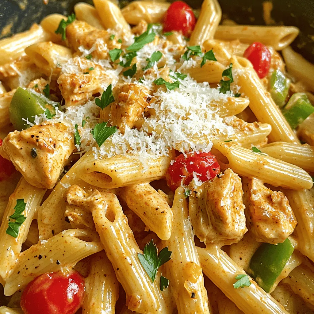 - Chicken and Pasta - 1 lb (450g) chicken breast, cut into bite-sized pieces - 8 oz (225g) penne pasta - Vegetables and Aromatics - 1 medium onion, diced - 3 cloves garlic, minced - 1 cup (150g) bell peppers (red and green), sliced - 1 cup (100g) cherry tomatoes, halved - Sauces and Seasonings - 1 cup (240ml) chicken broth - 1 cup (240ml) heavy cream - 1 tablespoon Cajun seasoning - Salt and pepper to taste - Garnish - 1 cup (100g) grated Parmesan cheese - Fresh parsley, chopped (for garnish) When you gather these ingredients, each one plays a key role. The chicken provides protein, while the penne pasta serves as the perfect base. The onions and garlic offer a savory depth. The bell peppers and tomatoes add color and sweetness. Chicken broth and heavy cream create a rich sauce, and Cajun seasoning brings the heat. Finally, Parmesan cheese adds a creamy finish, and parsley brightens the dish. These components work together to create a delightfully creamy, spicy meal that warms your heart. Dicing Chicken and Vegetables First, take 1 pound of chicken breast and cut it into bite-sized pieces. Use a sharp knife for clean cuts. Next, dice 1 medium onion and mince 3 cloves of garlic. Then, slice 1 cup of bell peppers, mixing red and green for color. Lastly, halve 1 cup of cherry tomatoes. Keep everything ready in bowls. Measuring Liquids and Seasonings Now, measure out 1 cup of chicken broth and 1 cup of heavy cream. Grab 1 tablespoon of Cajun seasoning. Have salt and pepper nearby for the final touch. Layering Ingredients in the Slow Cooker In the slow cooker, add the diced chicken first. Then, layer in the onion, garlic, and the measured chicken broth and heavy cream. Sprinkle in the Cajun seasoning and stir it all together. Gently add the sliced bell peppers and cherry tomatoes on top, ensuring they are mixed in well. Cooking Times and Settings Cover the slow cooker. If you set it to low, let it cook for 4 to 5 hours. If you’re short on time, you can set it to high for 2 to 3 hours. The chicken should be cooked through and tender when done. Cooking Pasta and Combining with Chicken Mixture About 30 minutes before serving, cook 8 ounces of penne pasta according to the package directions. Once cooked, drain it and set it aside. When the chicken mixture is ready, stir in the cooked pasta and 1 cup of grated Parmesan cheese. The cheese should melt into the sauce, making it creamy. Serving Suggestions Taste the dish and add salt and pepper if needed. Serve it hot. For a fresh touch, garnish with chopped parsley. Enjoy your meal with family or friends! Adjusting Cajun Seasoning You can tweak the Cajun seasoning to fit your taste. If you want it spicier, add more seasoning. For a milder dish, use less. Taste the sauce as it cooks. This way, you can find the right balance for your meal. Substituting Ingredients for Healthier Options You can swap some ingredients for healthier choices. Use whole wheat penne instead of regular pasta. You can also choose low-fat cream or Greek yogurt. Adding more veggies, like spinach or zucchini, boosts nutrition and flavor. Tips for Even Cooking For even cooking, cut all the chicken and veggies into similar sizes. This helps them cook at the same rate. Stir the mixture halfway through cooking if you can. This will mix the flavors well and ensure nothing sticks to the bottom. Maintaining Optimal Temperature Keep your slow cooker on low for best results. If cooking on high, check a bit earlier, as cooking times can vary. Make sure the lid stays on during cooking. This keeps the heat and steam inside, helping your food cook evenly. {{image_2}} Different Pasta Options You can switch the penne pasta for other types. Fusilli or fettuccine works well too. Try spaghetti for a classic twist. Each pasta gives a different bite. Make sure to cook it right before mixing it in. Adding Vegetables or Protein Feel free to add more veggies! Spinach or zucchini can boost nutrition. You can also add shrimp or sausage for extra flavor. These changes keep the dish fresh and fun. Just make sure to adjust cooking times if you add protein. Gluten-Free Alternatives If you need a gluten-free option, choose gluten-free pasta. There are many brands available. Check the ingredients to ensure they fit your needs. The rest of the recipe works just as well with these swaps. Dairy-Free Version For a dairy-free version, swap heavy cream with coconut milk. Nutritional yeast can replace Parmesan cheese. This gives a cheesy flavor without dairy. Make sure to taste and adjust the seasonings as needed. To keep your Creamy Cajun Chicken Pasta fresh, follow these simple steps. - Refrigeration Guidelines: Store leftovers in an airtight container. They will last up to three days in the fridge. Make sure to let them cool before sealing the container. This helps avoid soggy pasta. - Freezing Recommendations: If you want to save it longer, freeze the pasta. Place it in a freezer-safe container or bag. It can last up to three months in the freezer. To protect the texture, try to remove as much air as possible before sealing. When it's time to enjoy your leftovers, reheating them right brings back that creamy goodness. - Best Methods for Reheating: The best way to reheat is on the stove. Place the pasta in a pan over low heat. Add a splash of chicken broth or cream to keep it moist. Stir gently until heated through. You can also use the microwave. Heat in short bursts, stirring in between. - Ensuring Quality Retention: Avoid high heat when reheating. This can dry out the pasta. Stir frequently to ensure even heating. If you notice it getting dry, add a bit more cream or broth. This keeps it creamy and tasty, just like when you first made it. How long does it take to cook Cajun Chicken Pasta in a slow cooker? It takes about 4 to 5 hours on low or 2 to 3 hours on high. The chicken should be tender and fully cooked. Can I make this recipe ahead of time? Yes, you can make it ahead. Just store it in the fridge after cooking. Reheat it before serving. What can I serve with Creamy Cajun Chicken Pasta? This dish pairs well with garlic bread or a fresh garden salad. You can also serve it with steamed veggies for added nutrition. Is it possible to use frozen chicken instead? You can use frozen chicken. Just add an extra hour of cooking time. Make sure it cooks through completely. How can I make this dish spicier? To add more heat, use extra Cajun seasoning. You can also add chopped jalapeños or red pepper flakes for a spicy kick. In this blog post, we explored how to make delicious Cajun Chicken Pasta in a slow cooker. We covered key ingredients, preparation steps, and tips to enhance flavor. You learned about variations for different diets and how to store leftovers. This dish is easy and fun to make, perfect for any meal. Use your favorite ingredients to make it your own. Enjoy the tasty results and share this recipe with friends. Cooking is all about having fun and trying new things!