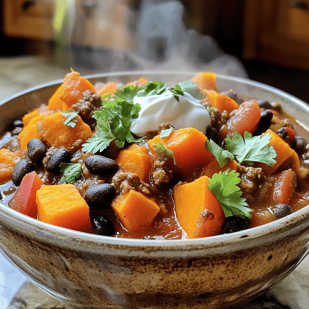 - 1 lb ground beef - 2 medium sweet potatoes, diced - 1 can (15 oz) black beans, drained and rinsed - 1 can (15 oz) diced tomatoes with green chilies - 1 medium onion, chopped - 2 cloves garlic, minced - 1 green bell pepper, chopped - 1 tablespoon chili powder - 1 teaspoon cumin - ½ teaspoon smoked paprika - ½ teaspoon salt - ¼ teaspoon black pepper - 2 tablespoons olive oil This chili has a mix of hearty and sweet flavors. Ground beef gives it a rich base. Sweet potatoes add a natural sweetness that balances the dish. Black beans bring protein and texture. Diced tomatoes with green chilies add a nice kick. Onion and garlic build a savory foundation. Green bell pepper adds a fresh crunch. For spices, I use chili powder, cumin, and smoked paprika. These give depth and warmth. Salt and black pepper enhance all the flavors. Olive oil is great for sautéing the onion and garlic. When you gather these ingredients, you set the stage for a comforting meal. Each element plays a role in making this dish truly special. The colors and scents come together to excite your senses. You’ll see how easy it is to create a dish that warms both the heart and the belly. 1. Start by heating 2 tablespoons of olive oil in a large pot over medium heat. 2. Add 1 medium chopped onion and 2 minced garlic cloves to the pot. Sauté for about 2-3 minutes. You want them soft and fragrant. 3. Next, add in 1 pound of ground beef. Break it apart as it cooks. Season it with 1 tablespoon of chili powder, 1 teaspoon of cumin, ½ teaspoon of smoked paprika, ½ teaspoon of salt, and ¼ teaspoon of black pepper. Cook until the beef is browned, which takes about 5-7 minutes. 1. Now it's time to stir in the chopped green bell pepper and 2 diced sweet potatoes. Cook for another 3-4 minutes. This helps the veggies soften just a bit. 2. Pour in 1 can of diced tomatoes with green chilies and 2 cups of beef broth. Add 1 can of black beans that you've drained and rinsed. Mix everything together well. 1. Increase the heat and bring the mixture to a boil. Once it bubbles, reduce the heat to low and cover the pot. 2. Let it simmer for about 30-35 minutes. Stir occasionally so nothing sticks to the bottom. You want the sweet potatoes to be tender. 3. After it's done, taste and adjust the seasoning if needed. If you want more heat, add a pinch of cayenne or more chili powder. 4. Serve the chili hot. Top with fresh cilantro and a dollop of sour cream if you like. To make your chili taste even better, adjust the seasoning. Start with the spices in the recipe. After cooking, taste it. If it needs more flavor, add salt or more chili powder. You can also try adding a pinch of cayenne pepper if you like heat. You can add different spices, too. A bit of oregano or a dash of hot sauce can bring new life to your dish. Experiment and find what you love best. The look of your dish matters just as much as the taste. Garnish your chili with fresh cilantro for a pop of color. A swirl of sour cream adds creaminess and cools the heat. Serve your chili in rustic bowls for a cozy feel. Pair it with crusty bread or crispy tortilla chips to make a full meal. This makes it perfect for sharing. Choosing the right pot is key. A large pot or Dutch oven works best for chili. It helps the flavors blend well and allows for even cooking. While cooking, stir your chili often. This keeps it from sticking to the bottom and burning. If you notice it thickening too much, add a splash of beef broth. It will keep your chili nice and smooth. {{image_2}} If you prefer turkey or chicken, use ground turkey or chicken instead of beef. These meats are leaner and still provide great flavor. Just follow the same cooking steps for a lighter dish. Switching out vegetables is also easy. You can add corn, zucchini, or even carrots to the mix. Each choice adds its own taste and texture. Feel free to get creative with what you have on hand! For a vegetarian or vegan option, use plant-based meat instead of ground beef. This gives you the same texture while keeping it meat-free. Lentils are another great choice. They add protein and fiber to your meal. Substituting vegetable broth is key for a vegan version. It replaces the beef broth while still giving depth. This swap keeps your chili rich and hearty without any meat. To make it milder, reduce or skip the chili powder. You can also add a little sugar to balance the heat. This makes it friendly for those who prefer less spice. For chili lovers, add more heat by using cayenne pepper or extra chili powder. You can also add diced jalapeños for a fresh kick. Adjust to your liking and enjoy the bold flavors. To store your leftover beef and sweet potato chili, let it cool first. Once cooled, transfer it to a container. I recommend using airtight glass or plastic containers. These keep the chili fresh for longer. Make sure to add a lid tightly. This prevents spills and keeps odors out of your fridge. You can freeze this chili too. Use freezer-safe containers or heavy-duty freezer bags. Portion out servings for easy meals. Before sealing, remove as much air as possible. This helps prevent freezer burn. When you want to eat it, take it out and place it in the fridge overnight to thaw. For quick reheating, you can also use the microwave. In the fridge, your chili stays fresh for about 3 to 4 days. If you freeze it, it can last up to 3 months. Check for signs that it has gone bad. If you see any mold or notice a sour smell, it’s time to toss it. Always trust your senses; they are key to safe eating! You can pair this chili with many tasty sides. Here are some great options: - Crusty bread: A warm loaf is perfect for dipping. - Tortilla chips: Crunchy chips add a fun texture. - Rice: Serve over white or brown rice for a heartier meal. - Cornbread: Sweet cornbread complements the chili's flavor. - Salad: A simple green salad adds freshness. These sides balance the rich flavors of the chili and enhance your meal. Yes, you can use a slow cooker for this chili! Here’s how: 1. Brown the beef: Start by browning the ground beef in a pan. This adds flavor. 2. Prep veggies: Chop your onions, garlic, and sweet potatoes. 3. Combine ingredients: Add all ingredients to the slow cooker. This includes the beef, veggies, beans, and spices. 4. Cook on low: Let it cook for about 6-8 hours on low or 3-4 hours on high. This method makes the chili even more flavorful as it simmers slowly. This chili lasts well in the fridge. Here are some tips for storage: - Duration: It stays fresh for about 3-4 days. - Best practices: Store it in an airtight container to keep it safe. - Reheat carefully: When you reheat, warm it gently on the stove or in the microwave. Always check for any off smells or changes in color before eating leftovers. This beef and sweet potato chili combines hearty flavors and healthy ingredients. You learned about key components like ground beef, sweet potatoes, and beans. I shared step-by-step cooking instructions for a rich, savory dish. Remember the tips to enhance flavor and make dietary swaps. You can adjust the spice level for your taste. This chili is easy to store or freeze for later. Enjoy crafting this meal that warms your heart and feeds your body. Happy cooking!