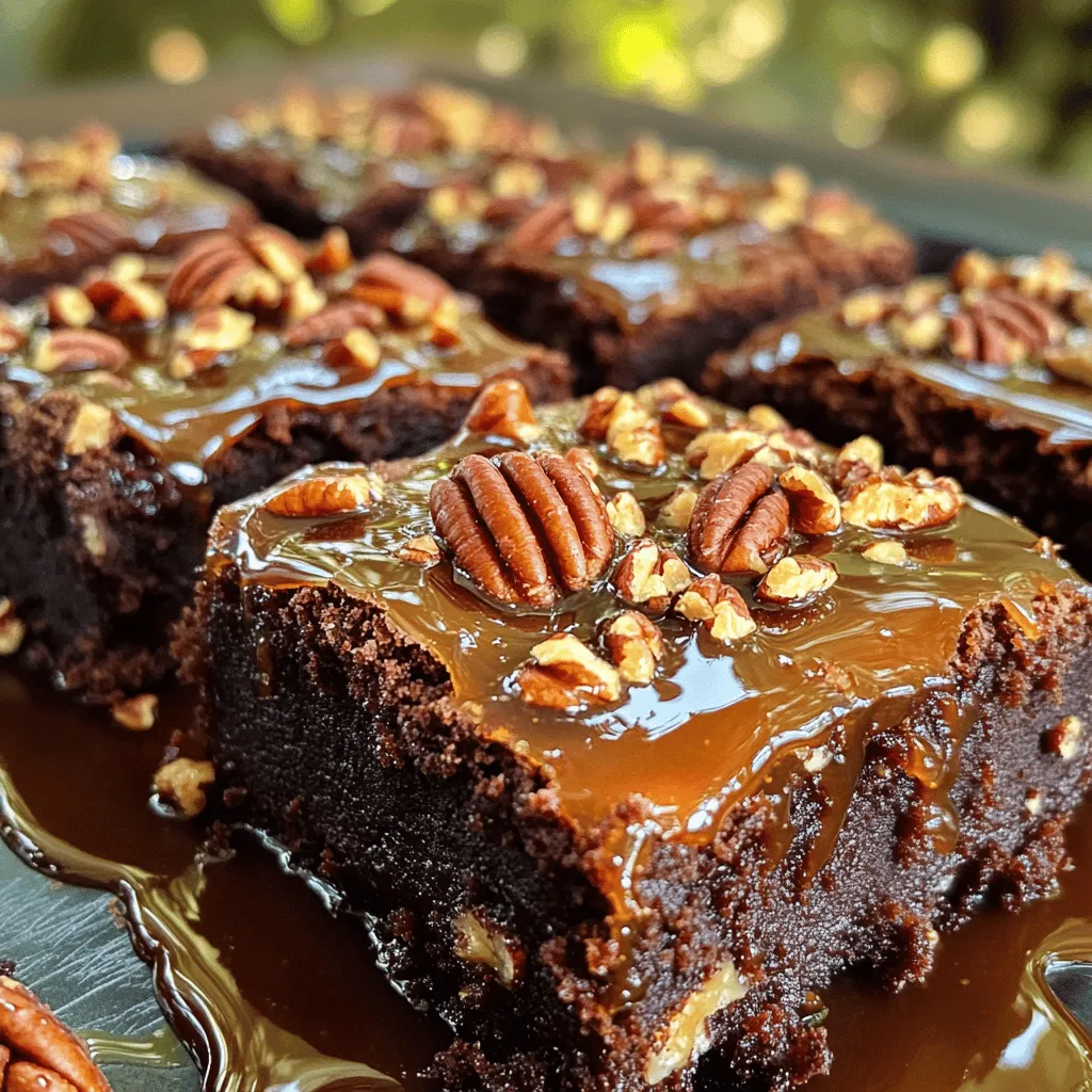 - 1 cup unsalted butter - 2 cups granulated sugar - 1 teaspoon vanilla extract - 4 large eggs - 1 cup all-purpose flour - 1 cup cocoa powder - ½ teaspoon baking powder - ¼ teaspoon salt - 1 cup pecans, chopped - 1 cup corn syrup - 1 cup brown sugar, packed - 2 teaspoons vanilla extract (for the pecan topping) For best results, use unsalted butter. If you want a richer flavor, try using salted butter. Instead of granulated sugar, you can use coconut sugar for a healthier choice. If you want to reduce sugar, use a sugar substitute that measures like regular sugar. Choose fresh pecans for the best taste. Look for pecans that feel firm and smell nutty. Store your flour in a cool place to keep it fresh. Use fresh eggs; check the date on the carton. Always measure your ingredients accurately for the best results. - Preheat your oven to 350°F (175°C). Grease a 9x13 inch baking pan. - In a large bowl, whisk the melted butter, granulated sugar, and 1 teaspoon of vanilla extract until smooth. - Add the eggs, one at a time. Mix well after each egg. - In another bowl, sift together the all-purpose flour, cocoa powder, baking powder, and salt. - Gradually add this dry mixture to the wet ingredients. Stir until just combined. - In a separate bowl, mix the corn syrup, brown sugar, and 2 teaspoons of vanilla extract until well blended. - Pour this corn syrup mixture over the brownie batter in the pan. Spread it carefully to cover the top. Now you’re ready to bake these delightful pecan pie brownies. Enjoy the rich flavor they bring! - Checking for doneness: To check if your brownies are ready, insert a toothpick into the center. If it comes out with moist crumbs, they are done. Avoid wet batter, as it means they need more time. Start checking around 30 minutes to prevent overbaking. - Cooling and storing tips: After baking, let the brownies cool completely in the pan. This helps them set and makes slicing easier. Once cool, slice into squares. Store them in an airtight container at room temperature. They stay fresh for up to five days. - Serving ideas with sauces and toppings: Serve your pecan pie brownies warm for the best taste. Drizzle with caramel or chocolate sauce to add a sweet touch. A scoop of vanilla ice cream on the side makes it even better. - Garnishing with additional pecans: Sprinkle extra chopped pecans on top before serving. This adds crunch and looks great. You can also use a dusting of powdered sugar for a pretty finish. If your brownies come out too dry, it might mean you baked them too long. Always check for doneness early. If they are too gooey, they likely need more baking time. For a chewy texture, mix the batter less after adding the dry ingredients. This keeps the brownies soft. If you want a richer taste, consider adding more cocoa powder. {{image_2}} You can make nut-free pecan pie brownies by simply leaving out the pecans. Substitute the chopped pecans with sunflower seeds or pumpkin seeds. These seeds add a nice crunch without the nut allergy risk. They also bring a unique flavor to the brownies. You will still enjoy the rich chocolate taste, making them a great treat for everyone. For a twist, try adding chocolate chips to your pecan pie brownies. Mix in one cup of semi-sweet or dark chocolate chips into the batter. This addition boosts the chocolate flavor, making the brownies even richer. You can also sprinkle some on top before adding the pecan topping. This gives a lovely look and taste to your dessert. To make gluten-free pecan pie brownies, swap the all-purpose flour for a gluten-free blend. Look for a mix that works well in baking. Ensure it has a good balance of starches and flours. This way, your brownies will still rise and taste great. The texture may change slightly, but they will still be delicious and satisfying. Store your pecan pie brownies in an airtight container. This keeps them fresh and moist. Place parchment paper between layers to avoid sticking. Keep them at room temperature for up to four days. If you want them to last longer, refrigerate them. To freeze brownies, cut them into squares first. Wrap each piece in plastic wrap, then place them in a freezer bag. Seal the bag tightly, removing as much air as possible. These brownies can last in the freezer for up to three months. When you’re ready to enjoy, thaw them in the fridge overnight. For the best texture, reheat brownies in the oven. Preheat your oven to 350°F (175°C). Place the brownies in an oven-safe dish, cover with foil, and warm for about 10 minutes. This keeps them soft and chewy. You can also use the microwave. Heat for about 10-15 seconds. Enjoy your warm, delightful brownies! Yes, you can make pecan pie brownies ahead of time. Bake them and let them cool completely. Then, cover them tightly with plastic wrap or foil. Store them in the fridge for up to three days. This helps the flavors blend well. Pecan pie brownies last about four to five days at room temperature. If you keep them in the fridge, they can last up to a week. Just make sure to store them in an airtight container to keep them fresh. Yes, you can use different nuts in this recipe. Walnuts or almonds work well too. Just chop them up like pecans. This can add a new taste and texture to your brownies. Yes, you can make these brownies without eggs. Use a mix of ¼ cup applesauce or ¼ cup mashed bananas for each egg. This will help keep the brownies moist. You can also try using flaxseed meal mixed with water as a substitute. You can serve pecan pie brownies with whipped cream or vanilla ice cream. A drizzle of chocolate or caramel sauce adds a nice touch too. You can also top them with extra chopped pecans for a fun crunch. We explored the key ingredients for delicious pecan pie brownies and how to prepare them. You learned about tips for fresh ingredients, step-by-step baking instructions, and ways to store your brownies for lasting flavor. Remember, perfecting your brownies takes practice. Try different variations to find your favorite. Enjoy your tasty creations and impress your friends and family with these easy tips. Happy baking!