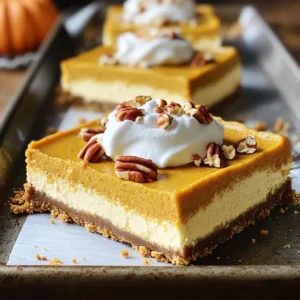 To make delicious pumpkin cheesecake bars, you need these key ingredients: - 1 ½ cups graham cracker crumbs - ½ cup unsalted butter, melted - 2 tablespoons sugar - 16 oz cream cheese, softened - 1 cup pumpkin puree - 1 cup sugar - 3 large eggs - 1 teaspoon vanilla extract - 1 teaspoon ground cinnamon - ½ teaspoon ground nutmeg - ¼ teaspoon ground ginger - ¼ teaspoon salt - Optional toppings: whipped cream, chopped pecans or walnuts These ingredients create a rich, creamy filling and a sweet, crunchy crust. The graham cracker crumbs give a nice texture. The melted butter helps the crust hold together. Sugar adds sweetness to both the crust and filling. Cream cheese makes the bars creamy and smooth. Pumpkin puree gives the bars their signature flavor and color. The eggs help bind everything together. Spices like cinnamon, nutmeg, and ginger bring warmth and depth to each bite. The salt balances the sweetness perfectly. For a special touch, you can add whipped cream or nuts on top when serving. Each ingredient plays a role in making these bars a tasty treat. Set your oven to 350°F (175°C) for the best baking. This temperature helps the bars cook evenly. In a bowl, mix together 1 ½ cups of graham cracker crumbs, ½ cup of melted unsalted butter, and 2 tablespoons of sugar. Stir well until the crumbs are coated. Press this mixture firmly into the bottom of a 9x13 inch baking dish. Bake the crust for 10 minutes. Remove it and let it cool before adding the filling. In a large bowl, beat 16 oz of softened cream cheese with a hand mixer until smooth. Then, add 1 cup of pumpkin puree, 1 cup of sugar, and 3 large eggs. Mix in 1 teaspoon of vanilla extract, 1 teaspoon of ground cinnamon, ½ teaspoon of ground nutmeg, ¼ teaspoon of ground ginger, and ¼ teaspoon of salt. Beat until the mixture is creamy and free of lumps. Pour the cheesecake filling over the cooled crust. Use a spatula to spread it evenly. Bake in the preheated oven for 30 to 35 minutes. Check for doneness by ensuring the edges are set and the center has a slight jiggle. Let the bars cool at room temperature for 1 hour after baking. Then, transfer them to the fridge. Chill for at least 3 hours or overnight. This step helps the bars set properly. Once chilled, lift the cheesecake out of the pan by holding the parchment paper overhang. Cut into bars using a sharp knife. Serve chilled, adding whipped cream and chopped pecans or walnuts on top if you like. To avoid lumps in your filling, use softened cream cheese. Cold cream cheese does not blend well. Beat it alone first until it's creamy. Then, add the pumpkin puree and sugar. Mix until smooth. Always mix on low speed to keep air out. This helps keep your bars dense and rich. For even baking, check your oven temperature with a thermometer. Sometimes, ovens can be off. Use a glass or metal pan, as both work well. Place your pan in the middle of the oven, away from the walls. This helps prevent cracks. If you see cracks, do not worry! They will be covered by toppings. When serving, lift the bars using the parchment paper. Cut them into squares for easy serving. A dollop of whipped cream adds a nice touch. For crunch, sprinkle chopped pecans or walnuts on top. These add flavor and texture. You can also serve them with a drizzle of caramel sauce for a sweet twist. {{image_2}} You can switch up the crust to add fun flavors. Instead of graham crackers, try using Oreo cookies for a chocolatey twist. Just crush them into fine crumbs and mix with melted butter. You can also use almond flour for a nutty flavor. This crust is great for gluten-free diets. Adding spices can make your pumpkin cheesecake bars even better. Try mixing in some extra cinnamon or a pinch of cloves for warmth. You can also add chocolate chips to the filling for a sweet surprise. Dark chocolate pairs nicely with pumpkin, too. If you need a gluten-free version, use almond flour or gluten-free cookies for the crust. For a dairy-free option, swap cream cheese with a vegan cream cheese alternative. You can also use coconut cream for a rich texture. Adjust the sugar to taste, and you’re good to go! To keep your pumpkin cheesecake bars fresh, store them in the refrigerator. Use an airtight container to prevent drying out. You can also cover the bars with plastic wrap. If needed, you can freeze them. Wrap each bar tightly in plastic wrap, then place them in a freezer bag. This keeps them safe from freezer burn. These pumpkin cheesecake bars can last in the fridge for about 5 to 7 days. If you freeze them, they can stay fresh for up to 3 months. Just remember to label the bags with the date. This helps you keep track of how long they have been stored. You can serve these bars chilled straight from the fridge. If you prefer them warm, heat them gently. Place a bar on a microwave-safe plate and heat for about 10 to 15 seconds. This warms them without cooking them further. Enjoy them with a dollop of whipped cream or a sprinkle of nuts for extra flavor! Yes, you can use homemade pumpkin puree. Fresh pumpkin gives a bright flavor. It can also be smoother than canned. To make it, roast a pumpkin, scoop out the flesh, and blend until smooth. Canned pumpkin is convenient and has a consistent flavor. Both options work well in these bars. Look for a few signs of doneness. The edges should be set and look firm. The center should have a slight jiggle. If it’s too wobbly, it needs more time. A toothpick inserted should come out mostly clean. Allowing it to cool will help it set more. Yes, you can make these bars ahead of time. They store well in the fridge. After baking, let them cool completely. Cover them in plastic wrap or foil. They can last for up to a week in the fridge. This makes them perfect for gatherings. You can use alternatives like Greek yogurt or ricotta cheese. Cream cheese gives a rich taste, but these options add a different texture. Silken tofu can also work for a dairy-free choice. Each option changes the flavor slightly, so choose what you prefer. This blog post covered making delicious pumpkin cheesecake bars. We discussed the ingredients, step-by-step instructions, and tips for perfecting your dessert. You learned about variations, storage, and common questions. Remember, you can mix flavors and make it your own. Try different crusts and toppings to suit your taste. You can impress friends and family with this tasty treat. Enjoy baking and savoring every bite of your pumpkin cheesecake bars!