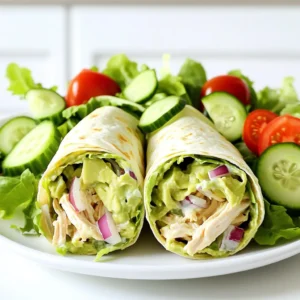- 2 cups cooked chicken breast, shredded - 1 ripe avocado, mashed - ½ cup Greek yogurt - ¼ cup red onion, finely chopped - ¼ cup celery, diced - 1 tablespoon lime juice - 1 teaspoon garlic powder - Salt and pepper to taste - 4 large whole wheat tortillas - Mixed greens (spinach, arugula, etc.) for filling These ingredients are simple yet packed with flavor. The shredded chicken serves as the main protein source. It adds heartiness to the wrap. Avocado provides creaminess and healthy fats. Greek yogurt is a great substitute for mayonnaise. It keeps the salad light while boosting protein. - Sliced cucumber for crunch - Cherry tomatoes for freshness These add-ins are great for extra texture. Cucumber gives a nice crunch, while cherry tomatoes add a burst of juice. You can mix and match based on what you like. Feel free to experiment with herbs too. Fresh cilantro or parsley can bring fresh notes to the wraps. This recipe yields four servings. Each serving has about: - Calories: 350 - Protein: 30g - Carbohydrates: 30g - Fat: 15g These wraps are high in protein thanks to the chicken and Greek yogurt. They are also filling with the fiber from the whole wheat tortillas and mixed greens. This meal is perfect for lunch or dinner, keeping you satisfied without weighing you down. To start, take a large bowl. Add one ripe avocado and mash it until creamy. Next, mix in half a cup of Greek yogurt. This adds protein and makes the mixture smooth. Then, add in two cups of shredded cooked chicken. Make sure it is evenly mixed. Next, toss in a quarter cup of finely chopped red onion and a quarter cup of diced celery. These add great crunch and flavor. Now, squeeze in one tablespoon of fresh lime juice. This adds a nice tang. Add one teaspoon of garlic powder, along with salt and pepper to taste. Mix everything gently until well combined. Be careful not to mash the avocado too much; you want some chunks for texture. Grab four large whole wheat tortillas. Lay each tortilla flat on a clean surface. Place a handful of mixed greens in the center. Spinach or arugula works well. Next, spoon an even amount of the avocado chicken salad mixture on top of the greens in each tortilla. If you want extra crunch, add slices of cucumber or cherry tomatoes. Now it’s time to fold! Fold the sides of the tortillas in, then roll tightly from the bottom up. This keeps all the filling inside. Once your wraps are rolled, slice each one in half diagonally. This makes for easy eating. Arrange the wraps on a platter for a nice presentation. For an extra touch, serve with additional mixed greens and a wedge of lime. This not only looks great but also offers a fresh burst of flavor. Enjoy your healthy, high-protein avocado chicken salad wraps! Pick a ripe avocado for the best flavor. Look for one that feels slightly soft when you press it gently. If it's hard, it needs more time to ripen. If it's too soft, it may be overripe. You can also check the color; a darker hue often means ripeness. The skin should be smooth, not wrinkled or blemished. To keep your wraps fresh, wrap them tightly in plastic wrap or foil. This helps prevent them from drying out. Store them in the fridge, where they will last for about two days. If you use ingredients like avocado, eat them sooner. The avocado can brown quickly. You can also store the filling and wraps separately for longer freshness. These wraps are great for meal prep. Make a big batch of the avocado chicken salad mixture and store it in an airtight container. You can prepare the wraps daily for fresh meals. Pack your wraps with a side of cut veggies or fruit for a balanced meal. Use small containers for dips or dressings to keep things neat. {{image_2}} To make this dish dairy-free, swap Greek yogurt with silken tofu. Blend it until smooth to get a creamy texture. You can also use avocado as your main base. This keeps the wrap rich and tasty. For a vegan option, replace chicken with chickpeas or lentils. These add protein and fiber, making your meal filling. Looking to boost protein? Consider adding black beans or quinoa. Both options are easy to mix in. They add texture and flavor, enhancing your wrap. You could also sprinkle hemp seeds on top. These tiny seeds pack a punch of protein and healthy fats. If you want to change the wrap itself, try lettuce leaves for a low-carb option. Romaine or butter lettuce works well. For a gluten-free choice, use corn tortillas. They’re soft and tasty while staying gluten-free. You can even try nori sheets for a sushi-style wrap. This adds a unique flavor to your meal. To make your meal even better, serve your wraps with tasty sides. Here are some great options: - Fresh fruit salad: Mix berries, melon, and pineapple for a sweet contrast. - Veggie sticks: Carrots, cucumbers, and bell peppers add crunch and color. - Chips: Whole grain tortilla chips or pita chips bring a fun crunch. - Soup: A light tomato or cucumber soup pairs well for a cozy touch. Making your meal look good is easy! Here are some tips: - Use a large platter: Lay the wraps side by side for a colorful display. - Add greens: Place mixed greens around the wraps for a fresh look. - Garnish with lime: Add lime wedges for a pop of color and flavor. - Slice neatly: Cut each wrap in half to show off the filling. These wraps are perfect for many occasions. Here are a few ideas: - Picnics: They are easy to pack and eat outdoors. - Lunch boxes: Great for kids and adults alike for a healthy lunch. - Casual gatherings: Serve them at parties for a fun, shareable meal. - Meal prep: Make them ahead for quick lunches during a busy week. To make these wraps gluten-free, simply swap the whole wheat tortillas for gluten-free tortillas. Look for brands that use almond flour or brown rice flour. You can also use lettuce leaves for a low-carb option. This change keeps the dish tasty while making it safe for those with gluten sensitivities. Yes, you can use canned chicken instead of cooked chicken breast. Canned chicken is quick and easy. Just drain the can and shred the chicken with a fork before mixing it into the salad. This saves time and still gives you a delicious wrap. Leftovers of these wraps can last up to three days in the fridge. Store them in an airtight container to keep them fresh. If you notice the greens wilting, eat them sooner rather than later for the best taste and texture. This blog shared how to make tasty high-protein avocado chicken salad wraps. You learned about key ingredients, useful tips, and fun variations. Each section helps you create an easy, healthy meal. Remember, you can adjust the recipe to fit your taste or diet. Try adding your favorite sides or switching up the protein. With these tips, you can enjoy delicious wraps anytime. Now, grab your ingredients, and start cooking! Enjoy every bite!