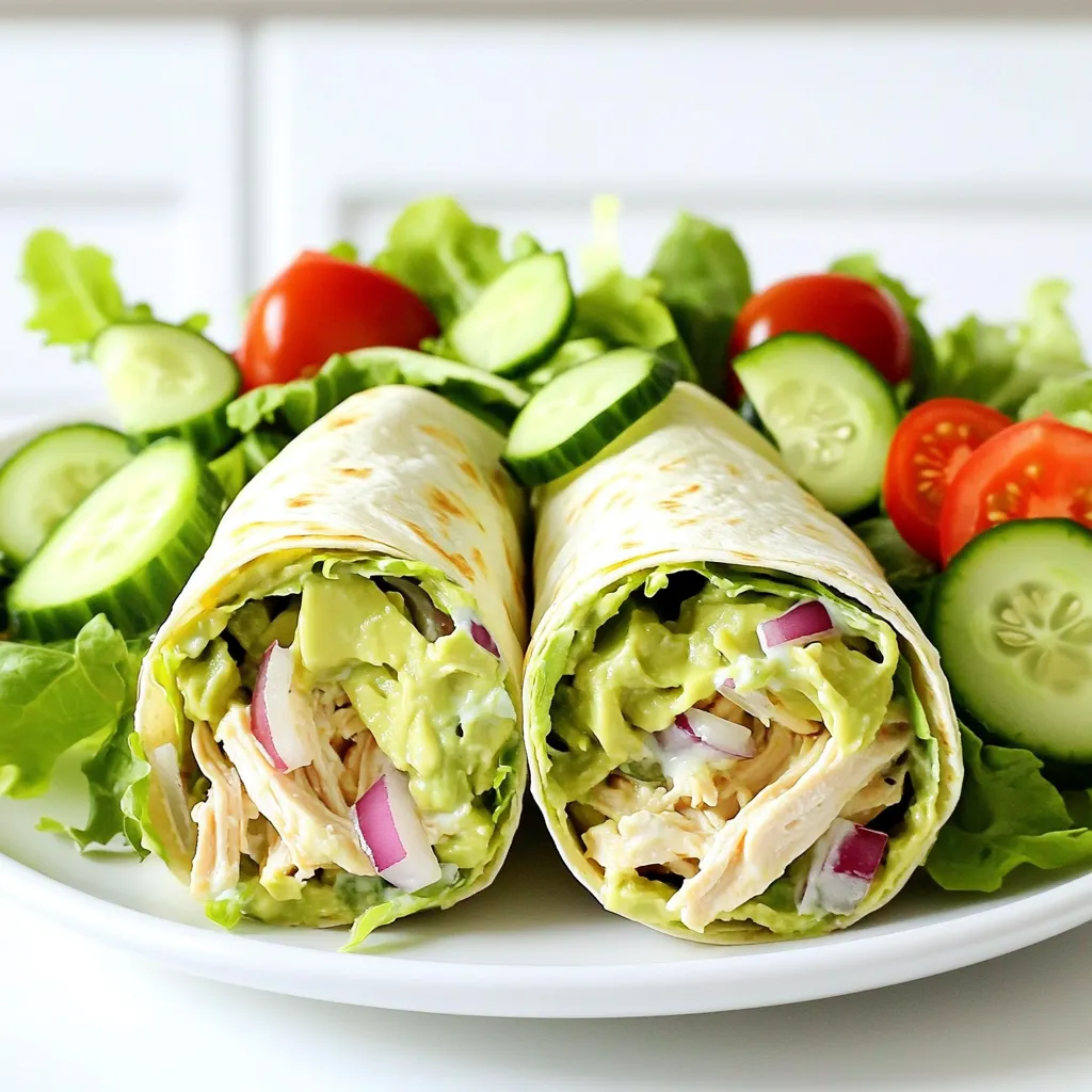 - 2 cups cooked chicken breast, shredded - 1 ripe avocado, mashed - ½ cup Greek yogurt - ¼ cup red onion, finely chopped - ¼ cup celery, diced - 1 tablespoon lime juice - 1 teaspoon garlic powder - Salt and pepper to taste - 4 large whole wheat tortillas - Mixed greens (spinach, arugula, etc.) for filling These ingredients are simple yet packed with flavor. The shredded chicken serves as the main protein source. It adds heartiness to the wrap. Avocado provides creaminess and healthy fats. Greek yogurt is a great substitute for mayonnaise. It keeps the salad light while boosting protein. - Sliced cucumber for crunch - Cherry tomatoes for freshness These add-ins are great for extra texture. Cucumber gives a nice crunch, while cherry tomatoes add a burst of juice. You can mix and match based on what you like. Feel free to experiment with herbs too. Fresh cilantro or parsley can bring fresh notes to the wraps. This recipe yields four servings. Each serving has about: - Calories: 350 - Protein: 30g - Carbohydrates: 30g - Fat: 15g These wraps are high in protein thanks to the chicken and Greek yogurt. They are also filling with the fiber from the whole wheat tortillas and mixed greens. This meal is perfect for lunch or dinner, keeping you satisfied without weighing you down. To start, take a large bowl. Add one ripe avocado and mash it until creamy. Next, mix in half a cup of Greek yogurt. This adds protein and makes the mixture smooth. Then, add in two cups of shredded cooked chicken. Make sure it is evenly mixed. Next, toss in a quarter cup of finely chopped red onion and a quarter cup of diced celery. These add great crunch and flavor. Now, squeeze in one tablespoon of fresh lime juice. This adds a nice tang. Add one teaspoon of garlic powder, along with salt and pepper to taste. Mix everything gently until well combined. Be careful not to mash the avocado too much; you want some chunks for texture. Grab four large whole wheat tortillas. Lay each tortilla flat on a clean surface. Place a handful of mixed greens in the center. Spinach or arugula works well. Next, spoon an even amount of the avocado chicken salad mixture on top of the greens in each tortilla. If you want extra crunch, add slices of cucumber or cherry tomatoes. Now it’s time to fold! Fold the sides of the tortillas in, then roll tightly from the bottom up. This keeps all the filling inside. Once your wraps are rolled, slice each one in half diagonally. This makes for easy eating. Arrange the wraps on a platter for a nice presentation. For an extra touch, serve with additional mixed greens and a wedge of lime. This not only looks great but also offers a fresh burst of flavor. Enjoy your healthy, high-protein avocado chicken salad wraps! Pick a ripe avocado for the best flavor. Look for one that feels slightly soft when you press it gently. If it's hard, it needs more time to ripen. If it's too soft, it may be overripe. You can also check the color; a darker hue often means ripeness. The skin should be smooth, not wrinkled or blemished. To keep your wraps fresh, wrap them tightly in plastic wrap or foil. This helps prevent them from drying out. Store them in the fridge, where they will last for about two days. If you use ingredients like avocado, eat them sooner. The avocado can brown quickly. You can also store the filling and wraps separately for longer freshness. These wraps are great for meal prep. Make a big batch of the avocado chicken salad mixture and store it in an airtight container. You can prepare the wraps daily for fresh meals. Pack your wraps with a side of cut veggies or fruit for a balanced meal. Use small containers for dips or dressings to keep things neat. {{image_2}} To make this dish dairy-free, swap Greek yogurt with silken tofu. Blend it until smooth to get a creamy texture. You can also use avocado as your main base. This keeps the wrap rich and tasty. For a vegan option, replace chicken with chickpeas or lentils. These add protein and fiber, making your meal filling. Looking to boost protein? Consider adding black beans or quinoa. Both options are easy to mix in. They add texture and flavor, enhancing your wrap. You could also sprinkle hemp seeds on top. These tiny seeds pack a punch of protein and healthy fats. If you want to change the wrap itself, try lettuce leaves for a low-carb option. Romaine or butter lettuce works well. For a gluten-free choice, use corn tortillas. They’re soft and tasty while staying gluten-free. You can even try nori sheets for a sushi-style wrap. This adds a unique flavor to your meal. To make your meal even better, serve your wraps with tasty sides. Here are some great options: - Fresh fruit salad: Mix berries, melon, and pineapple for a sweet contrast. - Veggie sticks: Carrots, cucumbers, and bell peppers add crunch and color. - Chips: Whole grain tortilla chips or pita chips bring a fun crunch. - Soup: A light tomato or cucumber soup pairs well for a cozy touch. Making your meal look good is easy! Here are some tips: - Use a large platter: Lay the wraps side by side for a colorful display. - Add greens: Place mixed greens around the wraps for a fresh look. - Garnish with lime: Add lime wedges for a pop of color and flavor. - Slice neatly: Cut each wrap in half to show off the filling. These wraps are perfect for many occasions. Here are a few ideas: - Picnics: They are easy to pack and eat outdoors. - Lunch boxes: Great for kids and adults alike for a healthy lunch. - Casual gatherings: Serve them at parties for a fun, shareable meal. - Meal prep: Make them ahead for quick lunches during a busy week. To make these wraps gluten-free, simply swap the whole wheat tortillas for gluten-free tortillas. Look for brands that use almond flour or brown rice flour. You can also use lettuce leaves for a low-carb option. This change keeps the dish tasty while making it safe for those with gluten sensitivities. Yes, you can use canned chicken instead of cooked chicken breast. Canned chicken is quick and easy. Just drain the can and shred the chicken with a fork before mixing it into the salad. This saves time and still gives you a delicious wrap. Leftovers of these wraps can last up to three days in the fridge. Store them in an airtight container to keep them fresh. If you notice the greens wilting, eat them sooner rather than later for the best taste and texture. This blog shared how to make tasty high-protein avocado chicken salad wraps. You learned about key ingredients, useful tips, and fun variations. Each section helps you create an easy, healthy meal. Remember, you can adjust the recipe to fit your taste or diet. Try adding your favorite sides or switching up the protein. With these tips, you can enjoy delicious wraps anytime. Now, grab your ingredients, and start cooking! Enjoy every bite!