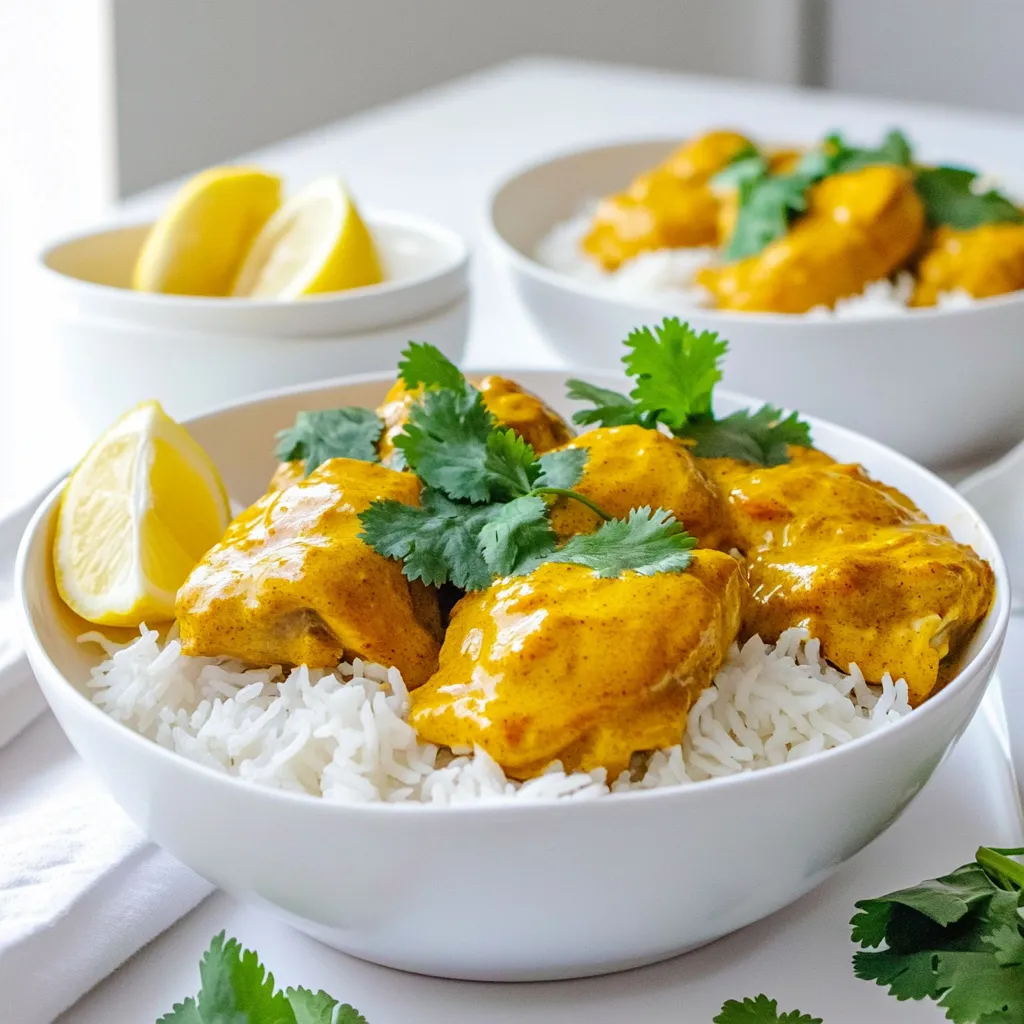 For this dish, you will need: - 1 lb (450g) boneless chicken thighs, cut into bite-sized pieces - 2 tablespoons butter - 1 medium onion, finely chopped - 3 cloves garlic, minced - 1 tablespoon ginger, minced - 1 can (14 oz) coconut milk - 1 cup chicken broth - 1 cup basmati rice, rinsed These ingredients create a rich and creamy sauce that pairs perfectly with the rice. The spices are key to flavor. You’ll use: - 1 tablespoon garam masala - 1 teaspoon turmeric powder - 1 teaspoon ground cumin - Salt and pepper to taste Garam masala gives warmth. Turmeric adds color. Cumin brings depth. Finishing touches can elevate your meal. I suggest: - Fresh cilantro, chopped for garnish - Lemon wedges, for serving Cilantro adds freshness. Lemon brightens the dish. Serve it warm for the best taste. Start by gathering all your ingredients. This makes cooking easier. You will need: - 1 lb boneless chicken thighs, cut into bite-sized pieces - 2 tablespoons butter - 1 medium onion, finely chopped - 3 cloves garlic, minced - 1 tablespoon ginger, minced - 1 tablespoon garam masala - 1 teaspoon turmeric powder - 1 teaspoon ground cumin - 1 can coconut milk (14 oz) - 1 cup chicken broth - 1 cup basmati rice, rinsed - Salt and pepper to taste - Fresh cilantro, chopped for garnish - Lemon wedges, for serving Chop the onion, garlic, and ginger before you start cooking. This saves time and keeps things organized. 1. Melt the Butter: In a large pot, melt the butter over medium heat. It should foam a bit. 2. Sauté Onion: Add the chopped onion and sauté for 3-4 minutes. It should be soft and clear. 3. Add Garlic and Ginger: Stir in the minced garlic and ginger. Cook for another 1-2 minutes. You want to smell that great aroma. 4. Brown the Chicken: Add the chicken pieces to the pot. Cook for about 5-6 minutes. It should be lightly browned on all sides. 5. Mix in Spices: Sprinkle in the garam masala, turmeric, cumin, salt, and pepper. Stir well to coat the chicken. 6. Add Liquids: Pour in the coconut milk and chicken broth. Bring the mixture to a gentle simmer. 7. Add Rice: Stir in the rinsed basmati rice. Make sure the rice is submerged in the liquid. 8. Cover and Cook: Cover the pot with a lid and reduce heat to low. Cook for 15-20 minutes. The rice should be tender and absorb most of the liquid. 9. Fluff and Serve: Once cooked, fluff the rice with a fork. Mix it gently with the chicken and sauce. Adjust seasoning if needed. Let it sit covered for another 5 minutes. - Use Fresh Ingredients: Fresh herbs and spices make a big difference in flavor. - Don’t Rush the Browning: Browning the chicken well adds depth to the dish. - Taste as You Go: Always taste your dish while cooking. Adjust seasoning to your liking. - Let it Rest: Letting the dish sit after cooking allows flavors to meld. - Garnish for Flavor: Fresh cilantro and lemon wedges add a bright touch. They enhance the meal’s flavor. By following these steps, you can enjoy a delightful one-pot butter chicken with rice, ready in no time! Many people rush the cooking process. This can lead to tough chicken. Always cook the chicken until it is lightly browned. Another mistake is not rinsing the basmati rice. Rinsing helps remove excess starch. This step makes the rice fluffy. Also, do not skip the simmering step. It allows the flavors to blend well. Lastly, check the seasoning before serving. This ensures the dish tastes just right. Do you prefer mild or spicy food? You can adjust spice levels easily. To make the dish milder, reduce the garam masala and turmeric. For more heat, add a pinch of cayenne pepper. You can also include fresh or dried chili peppers. Taste as you go to find your perfect balance. Adding a bit of lemon juice also helps brighten flavors without adding heat. Butter chicken pairs well with many sides. Naan bread is a classic choice. It’s great for dipping into the sauce. You can also serve it with a simple cucumber salad. This adds a fresh crunch. Basmati rice is a must, but you might also try quinoa. It’s a healthy alternative. For a veggie boost, serve steamed broccoli or sautéed spinach. These sides complement the dish's rich flavors beautifully. {{image_2}} You can easily make this dish gluten-free. Just check that your chicken broth is gluten-free. For a dairy-free version, use coconut milk, which we already include. This keeps the creamy texture without any dairy. If you want to switch up the protein, try diced tofu or chickpeas. Both work well with the spices. For rice, consider quinoa or cauliflower rice. Quinoa adds protein, while cauliflower rice is low-carb. To boost flavor, add fresh spinach or peas during cooking. You can also mix in some chopped tomatoes for a tangy twist. If you like heat, add red pepper flakes or fresh chili. For a sweeter note, stir in a spoonful of honey or mango chutney. Each of these tweaks makes the dish uniquely yours! Store your butter chicken in an airtight container. Let it cool down first to room temperature. This helps keep the flavors fresh. You can keep it in the fridge for about 3 to 4 days. If you want to store it longer, freezing is a great option. When you want to enjoy your leftovers, reheat them gently. Use the microwave or the stovetop. If using a microwave, heat in short bursts. Stir in between to make sure it warms evenly. If using the stovetop, add a splash of chicken broth. This keeps the dish moist and tasty. To freeze butter chicken, make sure it has cooled completely. Place it in a freezer-safe container. It can last up to 3 months in the freezer. When ready to eat, thaw it in the fridge overnight. Then, reheat it as mentioned above. This method keeps your meal flavorful and ready to enjoy! Making quick one-pot butter chicken takes about 35 minutes from start to finish. First, you spend 10 minutes prepping the ingredients. Then, the cooking time is around 25 minutes. This includes sautéing, simmering, and cooking the rice. The result is a tasty meal that is quick and easy. Yes, you can make this dish ahead of time. It tastes great when warmed up. Just cook it as normal and let it cool. Store it in an airtight container in the fridge. It is best to eat it within 3 days. To reheat, just warm it on the stove until hot. Add a splash of water if it seems dry. If your rice is undercooked, don’t worry! You can fix it easily. Add a little more chicken broth or water to the pot. Cover it again and cook for 5 to 10 more minutes. This will help the rice finish cooking. Make sure to check it often. You want it tender but not mushy. In this post, we explored making quick one-pot butter chicken. We covered key ingredients, including spices and garnishes. The step-by-step guide showed how to prepare and cook this dish. I also shared tips to avoid common mistakes and adjust spice levels. Variations included dietary swaps and flavor boosts. Proper storage methods help keep leftovers fresh. To wrap up, this dish is fun to make and enjoy. It's a great meal for anyone, whether you're cooking for yourself or others.