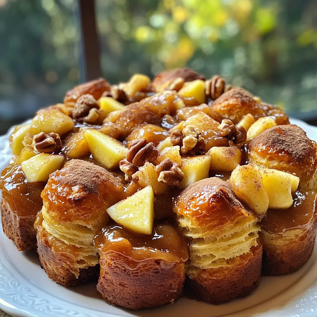 - 2 cans (16 oz each) refrigerated biscuit dough - 1 cup apple butter - ½ cup brown sugar, packed - 3 teaspoons ground cinnamon - ¼ cup granulated sugar - ½ cup unsalted butter, melted - 1 cup chopped apples (preferably Granny Smith) - ½ cup chopped walnuts or pecans (optional) - 1 pinch of salt When I create Apple Butter Monkey Bread, I love using fresh ingredients. The first key ingredient is the biscuit dough. I use two cans of refrigerated dough to save time. This dough provides the base for the sweet and sticky goodness. Next, I grab a cup of apple butter. The apple butter adds depth and a rich flavor. It turns the dough into an irresistible treat. Brown sugar adds sweetness. I use half a cup packed to give that caramel-like flavor. Cinnamon plays a big role in this recipe. I add three teaspoons for warmth and spice. Granulated sugar, about a quarter cup, mixes with the brown sugar and cinnamon for a sweet coating. Melted unsalted butter is essential. I use half a cup to help the sugar and cinnamon stick to the dough. Then, I chop one cup of Granny Smith apples for a tart contrast. If you like nuts, I recommend adding half a cup of walnuts or pecans. They add crunch and extra flavor. Finally, I include a pinch of salt to balance everything. These ingredients come together to create a delightful dish. Each bite is full of flavor and texture. You will find that this monkey bread is not only tasty but also fun to share. - Preheat your oven to 350°F (175°C). - Grease a bundt pan with non-stick spray or butter. Start by getting your oven ready. Preheating it ensures even baking. A hot oven helps the dough rise nicely. Greasing the bundt pan prevents sticking. You want your monkey bread to come out whole and beautiful. - Mix brown sugar, granulated sugar, and cinnamon in a bowl. - Cut the biscuit dough into quarters. In a small bowl, mix the brown sugar, granulated sugar, and cinnamon. Set this aside. This mix brings sweetness and warmth to your bread. Next, take the biscuit dough. Cut each biscuit into quarters. This makes it easier to coat and layer. - Mix apple butter with melted butter. - Toss the biscuit pieces with the apple butter mixture. - Add chopped apples and nuts, if using. Now, in another bowl, mix the melted butter with the apple butter. This blend is the magic sauce. Drizzle this mixture over your biscuit pieces. Toss them gently until they are well-coated. If you like, add in your chopped apples and nuts. This adds texture and flavor. - Sprinkle half of the sugar-cinnamon mixture. - Layer the biscuit mix in the bundt pan. - Bake for 30-35 minutes, or until golden. Take half of your sugar-cinnamon mix and sprinkle it over the coated biscuit pieces. Toss again to coat. Now it’s time to layer. Place the biscuit mix in the greased bundt pan. Sprinkle any remaining sugar mixture between layers. Bake for 30-35 minutes. Check for doneness by looking for a golden brown top. To make your Apple Butter Monkey Bread shine, start with the right apples. I recommend using Granny Smith apples. They add a lovely tartness that balances the sweetness of the apple butter. If you want it sweeter, you can adjust the sugar levels. Add a bit more brown sugar or granulated sugar to your mix. Just remember, too much sugar can make it overly sweet. To check if your monkey bread is done, use a toothpick. Insert it in the center. If it comes out clean, your bread is ready. For a golden top, keep an eye on your oven. You want it to be a nice brown color, not too dark. If it starts to brown too quickly, cover it with foil. This will help it bake evenly. This treat is best served warm. The gooey apple butter pulls apart easily when it's hot. You can also serve it cold, but the flavors shine when warm. For drinks, try pairing it with hot cider or coffee. You can also add toppings like whipped cream or a drizzle of caramel for extra fun! {{image_2}} You can easily customize your Apple Butter Monkey Bread. Adding spices like nutmeg or cloves brings warmth and depth. These spices enhance the apple flavor and make it cozy. You can also switch up your butters. Try using maple butter for a sweet twist. It adds a rich, earthy taste that pairs well with apple butter. Think about drizzling your monkey bread with caramel or icing. These toppings add a sticky sweetness that makes each bite special. You can also add seasonal fruits like pears or cranberries. These fruits can bring a fresh burst of flavor and color to your dish. Their tartness balances the sweetness of the bread. If you need gluten-free options, substitute the biscuit dough with gluten-free dough. There are many brands available that taste great. For those wanting a vegan version, use plant-based butter and almond milk instead of regular butter. You can still enjoy the same gooey goodness while keeping it plant-based. To keep your Apple Butter Monkey Bread fresh, store it in the fridge. Place the cooled bread in an airtight container. You can also wrap it tightly in plastic wrap. This method helps lock in moisture and flavor. Aim to eat it within three days for the best taste. To reheat, place the bread in the oven at 350°F (175°C). Cover it with foil to keep it moist. Heat for about 10-15 minutes. You can also use the microwave. Heat it in short bursts, about 20 seconds at a time. Check often to avoid drying it out. You can freeze Apple Butter Monkey Bread if you want to save some for later. First, let it cool completely. Then, wrap it well in plastic wrap and foil. This helps prevent freezer burn. It can last for about three months in the freezer. To thaw, move it to the fridge overnight. If you’re in a hurry, let it sit at room temperature for a couple of hours. Once thawed, reheat it as mentioned before. Enjoy this sweet treat any time! Monkey bread is a fun and tasty pull-apart bread. It uses biscuit dough, coated in sweet layers. You bake it in a bundt pan, which gives it a lovely shape. Each piece is soft, gooey, and filled with flavor. You can also add spices and fruits for extra taste. Yes, you can prep this monkey bread ahead. Cut the biscuit dough into pieces. Mix with apple butter and spices, then place in the bundt pan. Cover it and put it in the fridge. Bake it fresh when you're ready to serve. This way, you save time on busy days. Using homemade apple butter is great! It tastes fresh and rich. You can control the sweetness and spices. Store-bought apple butter is fine, but homemade often has more flavor. If you have the time, making your own is worth it. No, adding nuts is not a must. You can skip them if you have nut allergies. You can also use seeds, like sunflower or pumpkin. They add a nice crunch without nuts. Enjoy this sweet treat just the way you like it! In this article, I shared a delicious recipe for apple butter monkey bread. We explored the key ingredients and detailed steps to prepare it perfectly. I also offered tips for flavor and baking, along with suggestions for variations and storage. This dish is a fun treat for all ages. Whether you share it warm or cold, its flavors will delight everyone. Enjoy making this recipe and feel free to get creative with it!