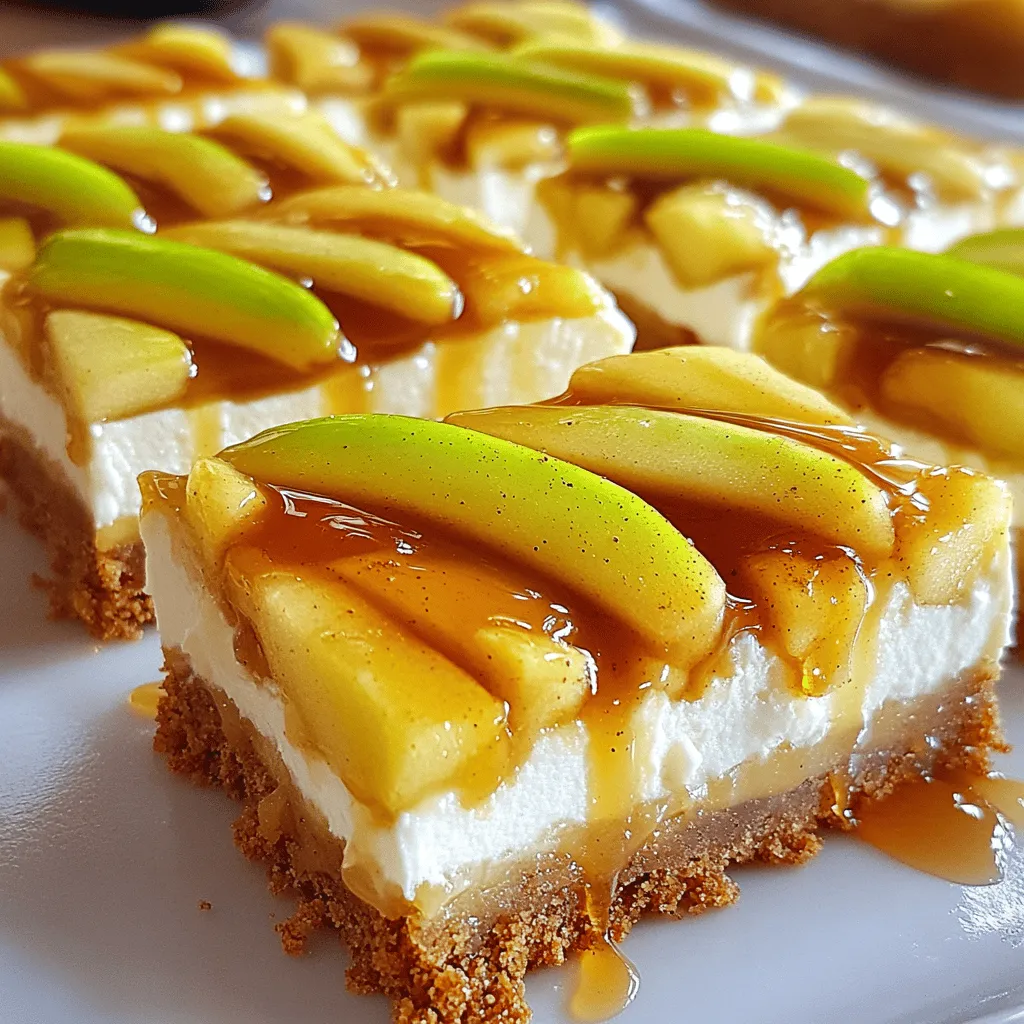 To make delicious apple pie cheesecake bars, gather the following ingredients: - 2 cups graham cracker crumbs - ½ cup unsalted butter, melted - 2 tablespoons granulated sugar - 16 oz cream cheese, softened - 1 cup granulated sugar - 3 large eggs - 1 teaspoon vanilla extract - 1 teaspoon ground cinnamon - 2 cups sautéed apples (from about 2-3 medium apples, peeled and diced) - 1 tablespoon lemon juice - ½ teaspoon nutmeg - ¼ cup caramel sauce (for drizzling) You can make some changes if you need to. Here are a few ideas: - Use coconut oil instead of unsalted butter for a dairy-free option. - Swap granulated sugar with brown sugar for a richer flavor. - If you don’t have cream cheese, try mascarpone cheese. - You can use any apples you like, such as Granny Smith or Honeycrisp. - For a nut-free version, leave out the nutmeg or use allspice. Understanding the nutrition can help you enjoy these bars mindfully. Each bar contains roughly: - Calories: 250 - Total Fat: 15g - Saturated Fat: 8g - Cholesterol: 75mg - Sodium: 180mg - Total Carbohydrates: 28g - Dietary Fiber: 1g - Sugars: 16g - Protein: 3g This information can vary based on ingredient choices. Enjoy these tasty bars as an occasional treat! Start by gathering all your ingredients. You need graham cracker crumbs, butter, sugar, cream cheese, eggs, vanilla, cinnamon, sautéed apples, lemon juice, nutmeg, and caramel sauce. Preheat your oven to 325°F (163°C). Line a 9x13 inch baking pan with parchment paper. Leave some paper hanging over the edges. This makes it easier to lift out your bars later. In a medium bowl, mix 2 cups of graham cracker crumbs, ½ cup of melted butter, and 2 tablespoons of sugar. Stir it until the crumbs are well coated. Press this mixture firmly into the bottom of the prepared pan. Make sure it is even all over. Bake this crust for about 10 minutes. After baking, take it out of the oven and let it cool completely. In a large bowl, beat 16 oz of softened cream cheese until smooth. This step is key for a creamy texture. Slowly add 1 cup of sugar while beating the cream cheese. Next, add 3 eggs, one at a time. Mix well after each egg. Then, stir in 1 teaspoon of vanilla extract, 1 teaspoon of ground cinnamon, and ½ teaspoon of nutmeg. Now, gently fold in the sautéed apples, which you made with 2-3 medium apples and 1 tablespoon of lemon juice. Pour the apple cheesecake filling over the cooled crust. Spread it evenly. Bake in the oven for 35-40 minutes. Check if the center is set but still jiggles slightly. Once done, remove it from the oven and let the bars cool at room temperature for about an hour. After cooling, refrigerate them for at least 4 hours. This helps the bars set completely. When you are ready to serve, drizzle caramel sauce on top. Now your apple pie cheesecake bars are ready to enjoy! To get a smooth and creamy texture, start with softened cream cheese. Cold cheese makes lumps. Beat the cream cheese until it's silky. Add sugar slowly while mixing. This helps blend the sugar evenly. Mix in eggs one at a time. This keeps the filling light and airy. Avoid overmixing after adding eggs. Too much mixing can add air, causing cracks. Sautéing apples gives them a soft and sweet flavor. Use medium heat to cook the apples evenly. Add lemon juice to help them keep their color. This also brightens their taste. Cook the apples until they're just tender, about 5-7 minutes. If you want a spicier taste, sprinkle in some cinnamon while they cook. This adds warmth to your bars. Serve the cheesecake bars chilled for the best flavor. Drizzle caramel sauce on top right before serving. This adds a sweet touch. You can also sprinkle some crushed nuts for crunch. A dollop of whipped cream can make it fancy. For extra fun, pair with vanilla ice cream. It's a treat everyone will love! {{image_2}} You can change the flavor of your Apple Pie Cheesecake Bars. For a spiced apple twist, add more cinnamon and a pinch of ginger. You can also use a mix of apples for a richer taste. If you want to go seasonal, try pumpkin. Replace some cream cheese with pumpkin puree. Add pumpkin spice for a cozy fall vibe. This gives your bars a fun twist while keeping them creamy. You can make these bars gluten-free easily. Swap the graham cracker crumbs with gluten-free crumbs. You can find these in many stores. Make sure your butter and sugar are gluten-free as well. This way, everyone can enjoy these delicious treats without worry. If you want a vegan version, there are simple swaps. Use vegan cream cheese instead of regular cream cheese. Try flax eggs or chia eggs in place of the eggs. Mix one tablespoon of flaxseed meal with three tablespoons of water. Let it sit until it thickens. For the crust, look for vegan butter or use coconut oil. This way, you keep the creamy texture while making it plant-based. To store leftover apple pie cheesecake bars, place them in an airtight container. This keeps them fresh and prevents drying out. If you cut the bars, wrap them individually in plastic wrap. Make sure to refrigerate them right away. You can freeze these cheesecake bars for later. First, let them cool completely. Then, wrap each bar in plastic wrap. Place the wrapped bars in a freezer-safe bag or container. This method helps to keep the flavor and texture intact when you are ready to enjoy them again. When stored in the fridge, these cheesecake bars last about 5-7 days. If frozen, they can last for up to 3 months. Always check for any signs of freezer burn before eating. For the best taste, enjoy them within the recommended time frame. Yes, using a store-bought graham cracker crust is a great option. It saves time and still tastes good. If you choose this, skip the step for making your crust. Just place the crust in your baking pan and fill it with the cheesecake mixture. To check if your cheesecake bars are done, look for a slight jiggle in the center when you shake the pan. The edges should be set, but the middle can still wiggle a bit. This means they will firm up as they cool. Yes! You can use other fruits like peaches or pears. Just make sure to sauté them like you do with apples. This step helps to soften the fruit and bring out its flavor. To cut the bars neatly, use a sharp knife. Dip the knife in warm water and wipe it dry before each cut. This helps prevent sticking and keeps the edges clean. You can also chill the bars before slicing for easier cutting. We explored the key ingredients needed for the perfect cheesecake bars. You learned about substitutes and nutritional facts. Next, we walked through the steps to prepare, bake, and cool your cheesecake. I shared tips for great texture and serving ideas. You can even try variations to make it your own. Remember to store leftovers properly for best taste later. With these insights, you can create delicious cheesecake bars that impress everyone. Happy baking!