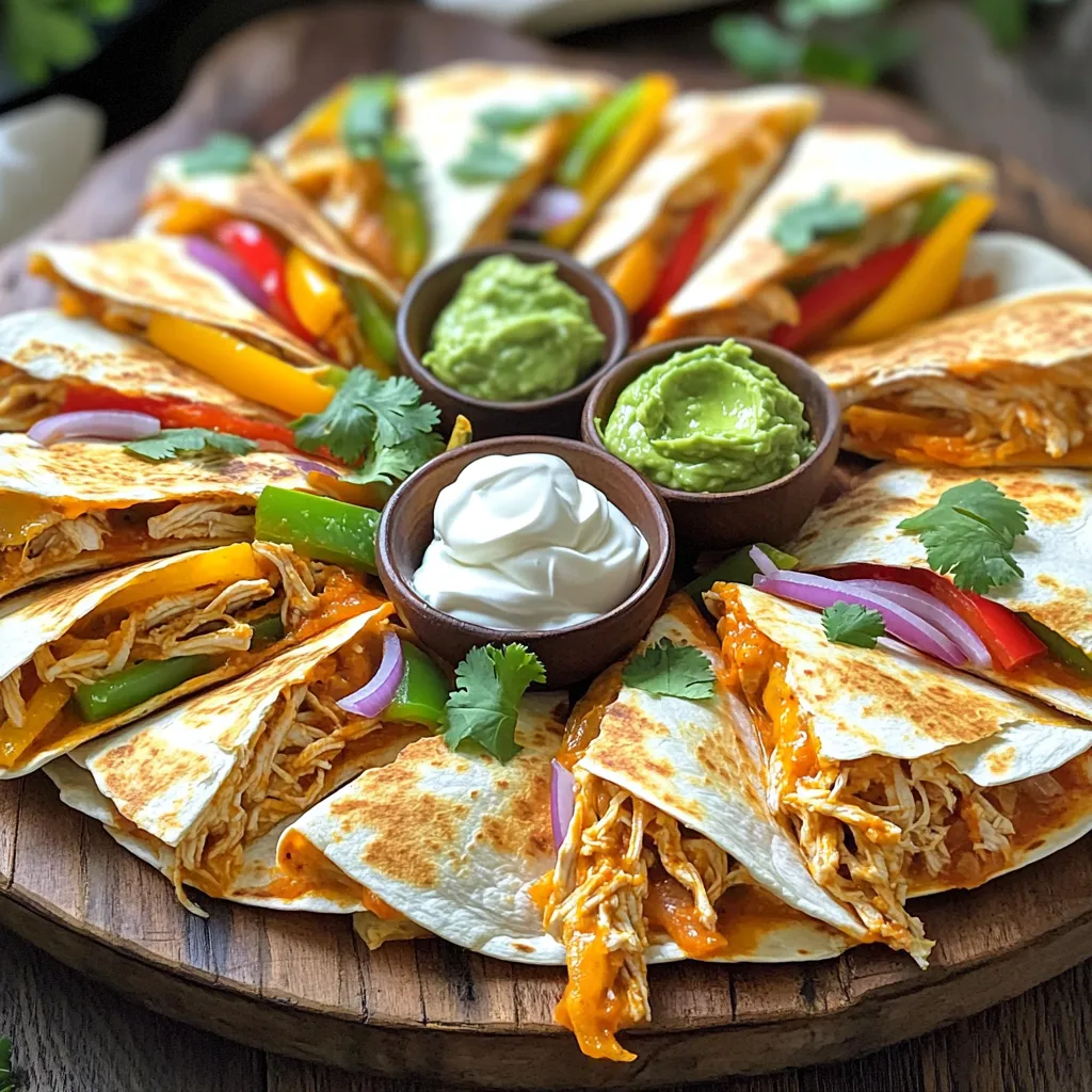 To make your chipotle chicken quesadillas, gather these key ingredients: - 2 cups cooked chicken, shredded - 1 tablespoon chipotle sauce (or more for extra heat) - 1 cup shredded cheddar cheese - 1 cup shredded mozzarella cheese - 4 large flour tortillas - 1 bell pepper, sliced (any color) - 1 small red onion, thinly sliced - 1 tablespoon olive oil - Salt and pepper to taste - Sour cream and guacamole for serving - Cooked chicken: You can use rotisserie chicken for quick prep. - Chipotle sauce: Adjust the amount based on your spice level. - Cheeses: Feel free to mix different cheeses for unique flavors. - Tortillas: Corn tortillas work well for a gluten-free option. - Bell pepper: Use any color you like; each has its own taste. - Onion: Red onion adds sweetness, but yellow or white works too. - Olive oil: You can swap this with vegetable oil if needed. For this recipe, you'll need: - A large skillet for cooking - A mixing bowl for combining ingredients - A spatula for flipping the quesadillas - A cutting board and knife for slicing veggies - A serving platter for presentation First, grab a mixing bowl. Add 2 cups of shredded chicken. Pour in 1 tablespoon of chipotle sauce. Mix until the chicken is fully coated. If you like heat, add more sauce. This mixture packs a punch of flavor. Next, heat a large skillet over medium heat. Add 1 tablespoon of olive oil. Once hot, toss in the sliced bell pepper and red onion. Sauté them for about 3-4 minutes. They should soften slightly. Season with salt and pepper to taste. The colors and smells will fill your kitchen. Now, take a large flour tortilla. On one half, layer a quarter of the chicken mixture. Top it with a mix of cheddar and mozzarella cheese. Add some of the sautéed vegetables on top. Fold the tortilla in half. Place it in the heated skillet. Cook for 2-3 minutes on each side. The tortilla should turn golden and crispy, and the cheese should melt. Repeat this with the remaining tortillas. Once done, let them cool for a minute. Cut them into wedges and serve. Enjoy your tasty quesadillas! To get crispy quesadillas, heat your skillet well. Use medium heat, not high. This helps the tortilla cook evenly. Add just enough oil to coat the pan. When you cook, press down lightly on the quesadilla with a spatula. This helps it crisp up. Flip the quesadilla carefully. Watch for a golden color before you take it out. If you love heat, add more chipotle sauce. Mix it well with the chicken. For milder quesadillas, use less sauce. You can also add sweet peppers to balance the spice. If someone finds it too spicy, serve them with sour cream. This cools down the heat and adds flavor. When serving, cut your quesadillas into wedges. Arrange them in a fan shape on a plate. This looks nice and invites people to grab a piece. Add small bowls of sour cream and guacamole in the center. Sprinkle fresh cilantro on top for color. This makes your dish pop and looks appetizing! {{image_2}} You can switch up the chicken for other proteins. Try cooked shrimp or beef. You can also use pulled pork for a tasty twist. Just make sure to mix in chipotle sauce as you do with chicken. This keeps that smoky flavor. Each protein will add its own unique taste to the quesadilla. For a vegetarian option, skip the chicken. Load the quesadilla with black beans, corn, and sautéed veggies. You can use bell peppers, zucchini, or mushrooms. If you want a vegan version, use plant-based cheese and omit sour cream. You can also try avocado for creaminess. This way, you keep the richness without dairy. Cheddar and mozzarella are great, but feel free to mix it up. Try pepper jack for some heat, or even feta for a tangy touch. If you want to keep it dairy-free, look for vegan cheese options. They melt well and add flavor. Mixing different cheeses adds depth and makes each bite more exciting. To store leftover quesadillas, let them cool first. Place them in an airtight container. Make sure to separate layers with parchment paper. This helps keep them from sticking together. Store in the fridge for up to 3 days. To reheat quesadillas, use a skillet. Heat it over medium heat. Place the quesadilla in the skillet and cover with a lid. This helps the cheese melt without burning the tortilla. Heat for about 2-3 minutes on each side. You can also use a microwave. Just place it on a plate and heat for 30-45 seconds. But know that the tortilla might get soft. To freeze quesadillas, wrap each one in plastic wrap. Then, place them in a freezer bag. Squeeze out as much air as possible. This keeps them fresh. You can freeze them for up to 2 months. To reheat, let them thaw overnight in the fridge. Then, cook as described above for best taste. No, you cannot use raw chicken directly. Raw chicken needs cooking first. Using cooked chicken makes these quesadillas quick and safe. If you have raw chicken, cook it fully before shredding. Then, mix it with the chipotle sauce. You can serve several tasty sides. Here are a few ideas: - Sour cream - Guacamole - Salsa - Fresh cilantro - A simple salad These add flavor and balance to your meal. If you don’t have a skillet, you can use an oven or microwave. For the oven: 1. Preheat to 400°F (200°C). 2. Assemble your quesadilla on a baking sheet. 3. Bake for 10 minutes, flipping halfway. In the microwave, heat on a plate for 1-2 minutes. The cheese should melt. Enjoy! This article covered how to make tasty chipotle chicken quesadillas. We discussed the needed ingredients, cooking steps, and helpful tips for success. You learned easy ways to add your favorites and store leftovers. Whether you want crispy quesadillas or spicy variations, these ideas help. With practice, you'll impress everyone at your table. Enjoy cooking and try new flavors. Your next meal can be fun and delicious!