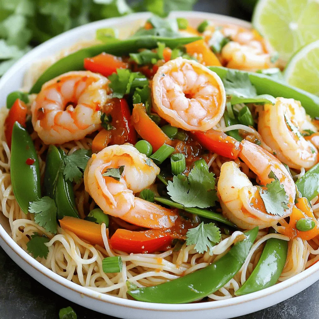 To make Chili Garlic Shrimp Noodles, you need some key ingredients. Here’s what you’ll need: - 10 oz rice noodles - 1 lb shrimp, peeled and deveined - 4 cloves garlic, minced - 1 red bell pepper, sliced - 1 green bell pepper, sliced - 1 cup snow peas - 2 green onions, chopped These ingredients form the base of the dish. The shrimp adds protein, while the rice noodles provide a nice chewy texture. Seasoning is crucial for flavor. Here are the essential ones for this recipe: - 2 tablespoons chili paste (adjust to taste) - 2 tablespoons soy sauce - 1 tablespoon oyster sauce - 1 tablespoon sesame oil - Salt and pepper to taste These sauces give depth and a spicy kick. Adjust the chili paste based on your spice level. Garnishes can elevate your dish. Consider adding: - Fresh cilantro for garnish - Lime wedges for serving Cilantro adds freshness, while lime gives a zesty finish. You can also add other veggies if you like, such as carrots or broccoli, to boost nutrition and flavor. Start by boiling water in a large pot. Add 10 oz of rice noodles and cook according to the package instructions. This usually takes about 4-6 minutes. After they soften, drain the noodles in a colander. Rinse them under cold water. This stops the cooking and prevents sticking. Set them aside for later. Grab a large skillet or wok. Heat 1 tablespoon of sesame oil over medium-high heat. Add 1 lb of peeled and deveined shrimp. Season with salt and pepper. Cook the shrimp for about 2-3 minutes. They should turn pink and opaque. Once done, remove them from the skillet and set aside. In the same skillet, add another dash of sesame oil if needed. Toss in 4 cloves of minced garlic. Sauté for about 30 seconds until it smells great. Next, add sliced red and green bell peppers, along with 1 cup of snow peas. Stir-fry these veggies for about 2-3 minutes. You want them tender but still crisp. Return the cooked shrimp to the skillet with the veggies. Add 2 tablespoons of chili paste, 2 tablespoons of soy sauce, and 1 tablespoon of oyster sauce. Toss it all together for about 2 minutes. This helps the shrimp and veggies soak up all the flavors. Now, add the cooked rice noodles to the skillet. Gently toss everything together until it's all mixed. Taste your dish and adjust with more salt, pepper, or chili paste if you like it spicier. Once ready, remove it from heat. Sprinkle chopped green onions and fresh cilantro on top. Serve with lime wedges on the side for a zesty kick! To cook rice noodles, follow the package directions. Bring water to a boil first. Add noodles and stir for even cooking. After about 4-6 minutes, check for doneness. The noodles should be tender but firm. Drain them and rinse under cold water. This stops the cooking and prevents sticking. Use soy sauce and oyster sauce to deepen the taste. Start with less chili paste if you want milder flavors. You can always add more later. Fresh lime juice adds a nice zing. Adjust salt and pepper at the end for the best taste. Heat your skillet well before adding shrimp. A hot pan helps shrimp cook evenly. Add a bit of sesame oil for flavor. Cook shrimp for 2-3 minutes until they turn pink. Avoid crowding the pan; cook in batches if needed. This keeps them juicy and tender. Prep your ingredients before you start cooking. Chop veggies and mince garlic ahead of time. Use pre-cooked shrimp if you're in a hurry. You can also cook the noodles in advance and store them in the fridge. This dish cooks quickly, so keep everything ready for a fast meal. {{image_2}} You can easily make this dish vegetarian. Swap the shrimp for tofu or tempeh. Both options soak up flavors well. Use firm tofu for the best texture. Cut it into cubes and sauté it until golden brown. You can also add more veggies like carrots, broccoli, or mushrooms. The same sauces and spices work great. This way, you keep all the flavor and enjoy a hearty meal. If you want extra protein, consider chicken or beef. Slice the meat thinly for fast cooking. Use the same sautéing method as the shrimp. Cook it until golden and just done. You can also add cooked eggs for a delicious twist. Scramble them in the pan right before adding the noodles. Every protein option brings a new taste to the dish. Adjust the heat level to suit your taste. For a milder dish, reduce the chili paste. Start with one tablespoon and taste as you go. You can also add a bit of sugar to balance the heat. If you love spice, go wild with the chili paste. Add extra chili flakes or fresh chilis for more kick. Lime juice helps cut through the heat, giving a bright flavor. To store leftover Chili Garlic Shrimp Noodles, let them cool first. Place them in an airtight container. You can keep them in your fridge for up to three days. Make sure to seal the container well to prevent drying out. When you reheat the noodles, use a skillet for best results. Heat a little oil in the pan. Then, add your noodles and shrimp. Stir often until they are hot. This method keeps the shrimp tender and the noodles from sticking. If you want to freeze Chili Garlic Shrimp Noodles, it’s best to separate the shrimp and noodles. Place each in a freezer-safe bag. They can last up to three months in the freezer. When ready to eat, thaw them overnight in the fridge before reheating. You can use chicken, tofu, or scallops instead of shrimp. Chicken works well when diced. Tofu adds a nice texture for a vegetarian option. Scallops can give a sweeter taste. Adjust cooking times for different proteins. Yes, to make this dish gluten-free, use gluten-free soy sauce. Rice noodles are already gluten-free. Just check labels to be sure all sauces are free from gluten. To add more heat, increase the chili paste. You can also add sliced fresh chili peppers. Another option is to sprinkle in red pepper flakes while cooking. Adjust to your spice level. You can add broccoli, carrots, or mushrooms. Broccoli adds crunch, while carrots bring sweetness. Sliced mushrooms add a nice earthy flavor. Feel free to mix and match your favorites. The total time to make this dish is about 20 minutes. Prep time is around 10 minutes, and cooking takes another 10 minutes. It's quick and perfect for busy nights. You can find this dish at many Asian restaurants. Look for places that serve Thai or Chinese food. Many noodle shops also offer their own versions of this dish. Chili garlic shrimp noodles are a tasty dish made with simple steps. You learned about key ingredients and how to cook them well. Remember, balance is key for great flavor. Use the tips to save time and enjoy variations. Proper storage keeps leftovers fresh for your next meal. Keep experimenting with spices and add-ons. You can make this dish your own! Enjoy creating and sharing your chili garlic shrimp noodles.
