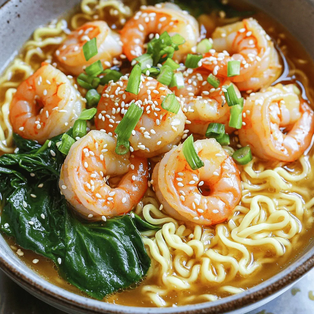 - Shrimp specifications: Use 200g of shrimp that is peeled and deveined. I recommend medium to large shrimp. They cook quickly and add a nice texture. Look for fresh shrimp if possible, but frozen works too. Just thaw them before cooking. - Ramen noodles options: You can choose between fresh or dried ramen noodles. Fresh noodles cook in just 3-4 minutes. Dried noodles are easy to store and take around the same time. Both types work well in this dish, so pick what you like! - Best chili paste brands for spice level: For a great kick, I suggest brands like Sriracha, Sambal Oelek, or Gochujang. These add flavor along with heat. Start with 1 teaspoon and add more if you want it spicier. Remember, you can always add more, but you can't take it out! First, bring a pot of water to a boil. Add the ramen noodles and cook them for 3-4 minutes. Follow the package instructions for best results. Once cooked, drain the noodles well. Be careful not to overcook them; they should be firm. After draining, set the noodles aside. You want them ready for mixing later. Garlic and ginger are key for flavor in this dish. Heat sesame oil in a large pan over medium heat. Add minced garlic and ginger to the pan. Sauté them for about one minute until they smell great. Keep an eye on the heat; you want to avoid burning the garlic. Perfect sautéing makes the dish pop with flavor. Next, it’s time for the shrimp. Add them to the pan with the garlic and ginger. Cook for 2-3 minutes. Watch closely as the shrimp change color. They should turn pink and opaque when done. This shows they are cooked just right. If you cook them too long, they become tough. You want tender, juicy shrimp in your ramen. Now, let’s add some flavor. Stir in the chili paste, soy sauce, and a pinch of salt and pepper. Mix well to coat the shrimp. Then, pour in the chicken or vegetable broth. Bring it to a gentle simmer. This step is crucial for a rich broth. Add baby spinach to the pan and cook for another 1-2 minutes. The spinach wilts quickly, adding great color and taste. Finally, gently add the drained ramen noodles to the pan. Toss everything together carefully. You want to ensure the noodles mix well with the shrimp and broth. This helps each bite be full of flavor. Once everything is heated through, it's ready to serve. - Add spices: Consider using fresh herbs like cilantro or basil. They add brightness and depth. - Homemade broth: Making broth at home improves taste. It lets you control salt and flavor. - Adjust chili paste: Start with one teaspoon. You can always add more if you like heat. - Mild variations: For less spice, use less chili paste. You can use sweet soy sauce for a different taste. - Accompaniments: Pair this dish with a light salad or steamed veggies. A cold drink like iced tea works well too. - Presentation tips: Use deep bowls for a restaurant-style look. Garnish with green onions and sesame seeds for flair. {{image_2}} You can easily swap shrimp for other proteins. Chicken works well and cooks quickly. Just cut it into small pieces, and cook it for about 5-6 minutes. If you prefer a vegetarian option, tofu is a great choice. Use firm tofu for the best texture. Cut it into cubes and sauté it until golden brown. Ramen noodles are not your only option. Soba noodles are a fun twist. They cook in about 4-5 minutes. If you need gluten-free noodles, try rice noodles. They also cook quickly, usually in 3-4 minutes. Just check the package for exact times. Adding vegetables boosts the meal's nutrition. Baby spinach is a great choice, but feel free to mix in other veggies. Carrots, bell peppers, or snap peas work well. To cook them, add them to the broth for the last few minutes. This way, they stay bright and crunchy. This makes your dish colorful and tasty! To keep your Minute Spicy Garlic Shrimp Ramen fresh, store leftovers in an airtight container. Glass or plastic containers work well. Make sure to cool down the ramen before sealing. This helps prevent moisture buildup, which can make it soggy. You can store leftovers in the fridge for up to three days. When it's time to reheat, use a microwave or a stovetop. If using a microwave, place the ramen in a bowl and add a splash of broth or water. Cover it to keep moisture in, and heat for about two minutes. Stir halfway through to ensure even heating. On the stovetop, add a bit of broth in a pan and warm over low heat. Stir gently until warm. If you want to freeze your ramen, it’s best to freeze components separately. Freeze the broth and shrimp in one container. Store the noodles and vegetables in another. This helps maintain texture. For best results, use freezer-safe bags or containers. When you want to enjoy your frozen ramen, take it out the night before and place it in the fridge. This allows it to defrost slowly. If you forget, you can thaw it in warm water for a quicker method. To reheat, heat the broth in a pot first. Once it’s hot, add the shrimp and noodles. Cook until everything is warmed through. This method keeps the shrimp tender and the noodles from becoming mushy. Enjoy your meal just like the first time! Yes, you can make this dish ahead of time. Here’s how to prepare it in advance: - Cook the ramen noodles and set them aside. - Sauté the garlic and ginger, then store them in the fridge. - Cook the shrimp and mix in the chili paste and soy sauce. Let it cool and store it in a container. - When ready to serve, reheat the shrimp and broth mix. Add the noodles and spinach, then heat until warm. This method saves time when you’re ready to eat! To kick up the heat, follow these tips: - Use more chili paste. Start with one extra teaspoon and taste. - Add fresh chilies, like sliced jalapeños or Thai bird chilies. - Include a dash of hot sauce or chili oil for extra flavor. - Experiment with spicy garlic or chili flakes as a topping. Adjust the spice to suit your taste! If you have a shrimp allergy, here are some tasty options: - Chicken: Use small pieces of cooked chicken or shredded rotisserie chicken. - Tofu: Firm tofu works great. Cut it into cubes and sauté until golden. - Mushrooms: Shiitake or portobello mushrooms add a meaty texture. - Fish: Any mild white fish can replace shrimp, like cod or tilapia. These swaps keep the dish flavorful and satisfying. Absolutely! Here’s how to adapt it: - Cook the instant ramen according to package directions. Usually, this takes only 3 minutes. - Drain and set aside while you cook the shrimp and broth mix. - Combine the instant noodles with the shrimp and broth at the end, just like with regular ramen. This makes the dish even quicker to prepare. Yes, you can find low-sodium broth options: - Look for low-sodium chicken or vegetable broth at the store. - You can also make homemade broth with less salt. - Use herbs and spices to enhance flavor without adding salt. - Add a splash of vinegar or lemon juice for brightness. These options help reduce sodium while keeping the taste delicious. This blog post covered how to create a delicious shrimp ramen. We looked at the key ingredients, step-by-step cooking instructions, and tips for enhancing the dish's flavor. I shared variations to suit different diets and preferences, plus proper storage techniques for leftovers. Cooking ramen can be fun and rewarding. With practice, you can make a meal that impresses. Enjoy experimenting with flavors and methods to find your perfect bowl of ramen!