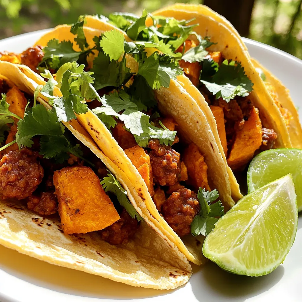 - Chorizo sausage - Sweet potatoes - Corn tortillas To make these tasty tacos, you need just three main ingredients. Chorizo sausage brings spice and flavor. Sweet potatoes add a touch of sweetness and creaminess. Corn tortillas hold everything together. - Fresh cilantro - Lime wedges For added flavor, fresh cilantro makes a great garnish. Lime wedges give a zesty kick. These extras make your tacos even better. You can mix and match as you like! First, grab a large skillet. Set it over medium heat. Add the chorizo sausage with the casings removed. Break it up with a spatula. Cook the chorizo until it turns brown. This should take about 5 to 7 minutes. Make sure it’s cooked through. The smell will be amazing as it cooks! While the chorizo cooks, work on the sweet potatoes. You can boil or steam them; both work well. If you boil, use a pot of water. If you steam, use a steamer basket. Cook the sweet potatoes until they are tender, which takes about 10 to 12 minutes. To check, poke them with a fork. They should be soft but not mushy. Once the sweet potatoes are done, drain them. Add them to the skillet with the chorizo. Gently mix until both are combined. Let them cook together for another 2 to 3 minutes. This helps the flavors to meld. Trust me, this step is key for delicious tacos! Next, it’s time to warm the corn tortillas. You can heat them in a dry skillet or on a grill. Cook them for about 30 seconds on each side. You want them warm and pliable, not crispy. This makes them easier to fold and eat. Now, let’s put it all together! Take a tortilla and add a generous scoop of the chorizo and sweet potato mix. Make sure each taco has enough filling. For a nice touch, garnish with fresh cilantro. You can also add lime wedges on the side. Squeeze some lime over the tacos for extra flavor! When picking chorizo, you have options. The two main types are Mexican and Spanish. Mexican chorizo is fresh and spicy. It has a strong kick. Spanish chorizo is cured and smoky. It has a deep flavor. Choose based on your taste. If you like heat, go for Mexican. If you prefer smokiness, try Spanish. Sweet potatoes can be tricky. Overcooking can make them mushy. To avoid this, boil or steam them just until tender. Check them with a fork after about 10 minutes. You want them soft but not falling apart. For a chunky filling, cut the sweet potatoes into small cubes. This keeps them from breaking down too much when mixed with chorizo. Heating your tortillas right is key. I recommend using a dry skillet. Heat them for about 30 seconds on each side. This makes them warm and pliable. If you have leftovers, store them in a zip-top bag. This keeps them fresh for later. You can also wrap them in foil. Just make sure they don't dry out! {{image_2}} You can easily make these tacos vegetarian. Start by substituting chorizo with plant-based chorizo. This option tastes great and keeps the spice. You can also use black beans or lentils. They add protein and flavor. Try mixing in some sautéed mushrooms or bell peppers for extra texture. To enhance your tacos, think about toppings. Fresh avocado adds creaminess. A scoop of salsa brings zest. You can also sprinkle on some feta cheese for a salty bite. For a spicy kick, add jalapeños or hot sauce. Experiment with spices like cumin or smoked paprika to deepen the flavor. These tacos pair well with sides. Serve them with a simple salad for freshness. A side of Mexican rice adds heartiness. You can also provide chips and guacamole for snacking. For drinks, try a refreshing limeade or a light beer. These combinations will make your meal even more enjoyable. To keep your chorizo sweet potato tacos fresh, store leftovers in the fridge. Use an airtight container for best results. They can last up to three days. If you want to keep them longer, freeze the filling only. Place it in freezer-safe bags and remove as much air as you can. The filling will be good for up to three months. Just remember to label the bags with the date. When it comes to reheating, you have two great options: the microwave or a skillet. The microwave is quick but may make the tortillas a bit soggy. If you use a skillet, heat it on medium. Warm the tortillas for about 30 seconds on each side. This keeps them soft and tasty. For the filling, heat it in the skillet until warm. This method keeps the flavors fresh and the texture nice. Yes, you can make these tacos spicy! Here are some ideas: - Hot salsa: Pick your favorite spicy salsa. Add it on top. - Chili powder: Sprinkle chili powder in the chorizo mix. Adjust to taste. - Jalapeños: Add sliced pickled jalapeños for extra heat. Feel free to explore these options. They all bring different layers of flavor! To make these tacos gluten-free, use corn tortillas. They are naturally gluten-free and pair well with the filling. If you can’t find corn tortillas, try these options: - Lettuce wraps: Use large lettuce leaves instead of tortillas. - Gluten-free tortillas: Look for tortillas made with rice flour or almond flour. Both of these choices work great and keep your tacos tasty! You can get creative with extra ingredients! Here are some tasty ideas: - Avocado: Sliced or smashed avocado adds creaminess. - Black beans: Mix in black beans for added protein. - Corn: Sweet corn adds a nice crunch and sweetness. - Cheese: Sprinkle cheese for a richer taste. These options allow you to customize the tacos to your liking! These tacos blend chorizo, sweet potatoes, and tortillas for a fantastic dish. You can customize them with fresh garnishes and toppings to fit your taste. Remember, cooking the filling and warming the tortillas is key for the best texture. Don't hesitate to explore vegetarian options or add extra spices for variety. Store leftovers properly to enjoy later. With these tips, you can create your delicious tacos again and again!