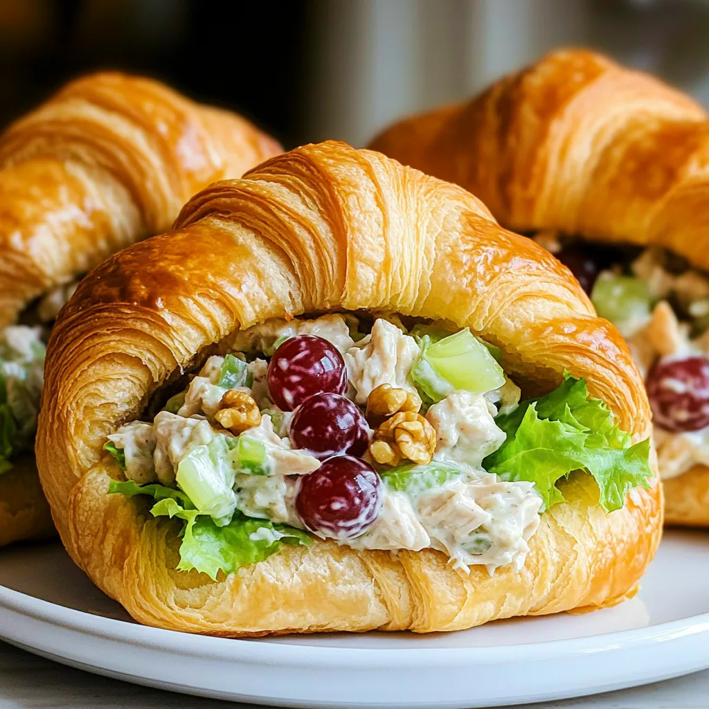 - 2 cups rotisserie chicken, shredded - ½ cup mayonnaise - 1 tablespoon Dijon mustard - 1 tablespoon honey - ¼ teaspoon garlic powder - ¼ teaspoon onion powder - ½ cup celery, finely chopped - ¼ cup red grapes, halved - Salt and pepper to taste These main ingredients create a rich and creamy chicken salad. The rotisserie chicken adds great flavor. Mayonnaise gives it a smooth texture. Dijon mustard brings a slight kick, while honey adds a hint of sweetness. The garlic and onion powder round it all out nicely. Celery adds a nice crunch, and grapes provide a sweet burst. - ¼ cup walnuts, chopped (optional) Walnuts add a wonderful crunch. They also give a nice nutty flavor. You can skip them if you want a lighter salad or if you have nut allergies. Feel free to get creative! You can add in dried cranberries, apples, or even chopped herbs like dill or parsley. - Lettuce leaves for serving Lettuce adds freshness and a nice crunch. You can use any lettuce you like. Iceberg is crisp, while romaine adds a bit of flavor. You may also serve these sandwiches with a side of chips, pickles, or a light salad. A simple fruit salad pairs beautifully too! Start by taking your shredded rotisserie chicken. Place it in a large bowl. Add in ½ cup of mayonnaise. Then, mix in 1 tablespoon of Dijon mustard and 1 tablespoon of honey. These add flavor and creaminess. Next, sprinkle in ¼ teaspoon of garlic powder and ¼ teaspoon of onion powder. This gives the salad more depth. Stir everything together until the chicken is well-coated. Now, it's time for some crunch. Add ½ cup of finely chopped celery and ¼ cup of halved red grapes. If you like, toss in ¼ cup of chopped walnuts. This adds a nice texture. Gently fold these ingredients together. Make sure not to mash the mix. Finally, season with salt and pepper to taste. Adjust as needed for your perfect flavor. Grab your large buttery croissants. Carefully slice them in half, keeping one side attached. This makes a sturdy pocket for the filling. Spoon a generous amount of the chicken salad mixture into each croissant. You want it to be packed, but not overflowing. Next, take a few crisp lettuce leaves. Place them on top of the chicken salad. This adds color and crunch. Close the croissants gently, pressing down lightly to secure everything inside. For a stylish touch, wrap the croissants in parchment paper or foil. This not only looks nice but also keeps them fresh. If you prefer, you can place them on a platter. Add some extra lettuce leaves or grapes around them for a pretty presentation. Your rotisserie chicken salad croissant sandwiches are ready to impress! To make the best chicken salad, focus on flavor and texture. Use fresh rotisserie chicken for richness. Shred the chicken into bite-sized pieces for easy eating. Mix the mayonnaise, mustard, honey, garlic powder, and onion powder well. This base adds creaminess and a subtle kick. Don't skip the celery; it gives a nice crunch. Halve red grapes for sweetness. If you love nuts, add walnuts for a perfect crunch. One common mistake is over-mixing the salad. Gently fold the ingredients to keep the chicken tender. Another error is not seasoning enough. Taste the mixture and add salt and pepper to your liking. Also, avoid using stale croissants. Fresh croissants make the sandwich delicious. Lastly, don’t forget the lettuce. It adds freshness and texture to each bite. Always use fresh croissants for the best taste. Look for golden-brown, flaky ones at the bakery. If you need to store them, keep them in a paper bag. This helps maintain their texture. Avoid plastic bags, as they trap moisture and make croissants soggy. For longer storage, freeze them. Wrap them tightly in foil or plastic wrap. When you're ready to eat, thaw them and warm them in the oven for a fresh taste. {{image_2}} You can easily adjust this recipe for different diets. For a lighter option, swap the mayonnaise for Greek yogurt. This keeps it creamy but cuts down on fat. If you need a vegan option, use plant-based chicken and vegan mayo. You can also replace walnuts with sunflower seeds for a nut-free dish. While buttery croissants are a classic choice, you have other options. Try using whole grain bread for added fiber. Pita pockets work well too, giving a fun twist. You can even serve the chicken salad in lettuce wraps for a low-carb meal. Each option adds a new taste and texture. Change your chicken salad with seasonal ingredients. In summer, add fresh diced cucumbers and dill for a refreshing crunch. In fall, mix in diced apples and a pinch of cinnamon for warmth. You can also include dried cranberries around the holidays for a festive touch. Each season brings new flavors to your sandwiches. To keep your chicken salad fresh, store it in an airtight container. This helps keep moisture in and prevents the salad from drying out. Make sure to seal the container tightly. If you used croissants, store them separately to avoid sogginess. Rotisserie chicken salad stays fresh in the fridge for up to three days. After that, the flavors may fade, and the ingredients can spoil. Always check for any signs of spoilage before eating. If it smells off or looks strange, it’s best to toss it. You can freeze the rotisserie chicken salad, but it may change texture. To freeze, place the salad in a freezer-safe container. Leave some space at the top for expansion. It can last for up to three months in the freezer. When you’re ready to eat it, thaw it in the fridge overnight. Yes, you can use leftover chicken. It needs to be shredded. Rotisserie chicken adds great flavor and saves time. Leftover chicken might need extra seasoning. Use your taste to guide you. You can use Greek yogurt instead of mayonnaise. It adds creaminess and protein. Another option is avocado. It gives a nice texture and flavor. Try using mustard for a tangy kick. To make this recipe gluten-free, choose gluten-free croissants. You can also use lettuce wraps. They are fresh and light. Make sure all other ingredients are certified gluten-free. Enjoy the same tasty flavor without gluten! In this post, we explored the essential ingredients for rotisserie chicken salad, from main components to clever add-ins. I shared step-by-step instructions to prepare delicious croissant sandwiches and gave tips for serving and storing your salad. Remember to avoid common mistakes and try variations that fit your needs. With proper storage, your leftovers can last a while. Try these tips for a tasty meal choice. Enjoy creating your chicken salad masterpiece!