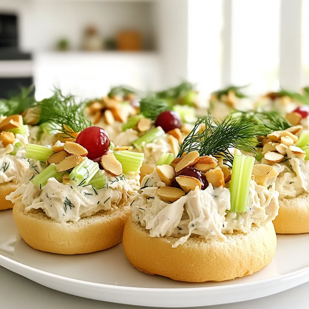 - 2 cups cooked chicken, shredded - ½ cup Greek yogurt - ¼ cup mayonnaise The main ingredients for these sliders are simple yet key. I use cooked chicken as the base. Shredded chicken is easy to mix and very tasty. Greek yogurt gives a creamy texture and a healthy twist. Mayonnaise adds richness and flavor, making the salad delicious. - 1 tablespoon Dijon mustard - 1 tablespoon fresh dill, chopped - Salt and pepper to taste For flavor enhancements, I add Dijon mustard. It brings a nice tang to the mix. Fresh dill offers a bright taste that pairs well with chicken. Don’t forget to add salt and pepper! They help balance all the flavors. - 1 celery stalk, finely diced - ¼ cup red grapes, halved - ¼ cup almonds, chopped - Mini slider buns (8-10) - Leafy greens (such as spinach or lettuce) for garnish For add-ins, I love using diced celery. It adds a nice crunch. Halved red grapes bring a sweet touch to the salad. Chopped almonds give extra texture and nutty flavor. Mini slider buns hold everything together. Finally, I garnish with leafy greens. They add freshness and make the sliders look pretty. Mixing the chicken salad ingredients Start by taking a large mixing bowl. Add 2 cups of shredded chicken, ½ cup of Greek yogurt, ¼ cup of mayonnaise, and 1 tablespoon of Dijon mustard. Mix everything well until the chicken is fully coated. Incorporating add-ins Now, it’s time to add more flavor! Dice 1 celery stalk finely and halve ¼ cup of red grapes. Chop ¼ cup of almonds and 1 tablespoon of fresh dill. Gently fold these into the chicken salad mix. Make sure all the ingredients blend well together. Finally, season with salt and pepper to taste. Toasting slider buns Take your mini slider buns and cut them in half. Toast them lightly in a skillet or toaster. This step adds a nice crunch to your sliders. Layering chicken salad on buns On each bun bottom, place a generous spoonful of your tasty chicken salad mixture. Make sure to cover the bun well with the salad. Garnishing with leafy greens Add a few leafy greens, like spinach or lettuce, on top of the chicken salad. This adds freshness and color to your sliders. Securing sliders with toothpicks To make it easy for guests, secure each slider with a toothpick. This way, they can grab and enjoy without any mess. You can easily change the protein in the sliders. Try shredded turkey or canned tuna. These options work well and keep the dish light. For a vegetarian twist, use chickpeas or tofu. This way, everyone can enjoy the sliders. If you want a dairy-free option, swap Greek yogurt for a plant-based yogurt. You can also skip the mayonnaise or use a vegan version. These small changes keep the flavor but fit dietary needs. To keep your sliders fresh, cover them with a damp cloth. This will prevent the buns from drying out. You can also serve them on a platter. Arrange the sliders neatly for a nice look. For presentation, add colorful garnishes like herbs or sliced veggies. This makes the dish pop on the table. You can even use cute toothpicks to hold the sliders together. It adds a fun touch for guests. To store leftover sliders, place them in an airtight container. They stay fresh in the fridge for about three days. Just reheat the chicken salad gently when you want to eat it. For long-term storage, freeze the sliders. Wrap each slider tightly in plastic wrap, then place them in a freezer bag. They will keep well for up to a month. When you're ready to eat, thaw them overnight in the fridge. {{image_2}} You can change the taste of your chicken salad sliders easily. Adding spices or herbs can make a big difference. Consider using paprika or garlic powder for a kick. Fresh herbs like basil or parsley can add a nice touch. You can also swap out almonds for walnuts or pecans. Adding different fruits like apples or cranberries can give a sweet twist. Each choice adds its own unique flavor. If you need gluten-free options, use gluten-free mini buns. You can also serve the chicken salad in lettuce wraps. For vegan variations, replace chicken with chickpeas or tofu. Use vegan yogurt and mayo to keep it plant-based. These changes make the dish suitable for everyone at your party. How you serve your sliders matters. For a slider platter, arrange them on a large board. You can add colorful veggies around the sliders for flair. If you want something smaller, use tiny buns. Miniature sliders look cute and are easy to grab. You can also serve them with toothpicks for easy handling. These fun ideas will wow your guests and make your party memorable. To keep your chicken salad sliders fresh, store them in an airtight container. Place a piece of parchment paper between layers to prevent sogginess. They stay fresh for up to three days in the fridge. After that, the flavors may fade. If you want to save sliders for later, freeze them. Wrap each slider in plastic wrap, then place them in a freezer bag. This way, they won’t get freezer burn. They can stay in the freezer for up to three months. To thaw, move them to the fridge overnight. This keeps the texture nice. If you need them fast, use the microwave on low power for a few minutes. When you're ready to enjoy, reheat the sliders gently. Use the oven for best results. Preheat it to 350°F (175°C). Place sliders on a baking sheet and cover with foil. Heat for about 10-15 minutes. This keeps them warm without drying them out. If using the microwave, heat for 30 seconds at a time. Check often to avoid heating too much. Enjoy your sliders fresh, with all the flavors intact! You can make chicken salad sliders ahead of time. Prepare the chicken salad a day before your event. Store it in a sealed container in the fridge. This keeps the flavors fresh. Toast the slider buns right before serving. Assemble the sliders quickly to maintain crispness. Yes, rotisserie chicken works great for this recipe! It saves time and adds flavor. Just shred the chicken and mix it with the other ingredients. This makes your chicken salad even easier to prepare. Plus, it adds a nice depth to the dish. You can serve many tasty sides with chicken salad sliders. Consider fresh fruit, veggie platters, or chips. A light salad pairs nicely too. For drinks, try iced tea or lemonade. These options complement the sliders well and keep your guests happy! This blog post covered a tasty chicken salad slider recipe. You learned about the main ingredients, flavor boosts, and add-ins. The step-by-step guide helps you mix and assemble these sliders easily. We also shared tips for customizing, serving, and storing them. Finally, the variations let you explore new flavors and styles. Enjoy making these sliders your way. They are fun to share and eat!
