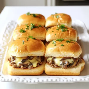 - 1 lb ground beef (or plant-based alternative) - 8 oz cremini mushrooms, finely chopped - 1 small onion, finely chopped - 2 cloves garlic, minced - 1 tablespoon Worcestershire sauce - 1 teaspoon dried thyme - Salt and pepper to taste - 4 ounces Swiss cheese, sliced - 12 slider buns - 2 tablespoons butter, melted - Fresh parsley, chopped To start, you need to sauté onions and garlic. Heat some olive oil in a large skillet over medium heat. Once hot, add the chopped onions and garlic. Cook until they are soft and clear, about 3-4 minutes. This step builds a great base of flavor. Next, add the finely chopped mushrooms to the skillet. Cook these for about 5-7 minutes. You want them to release their moisture and become tender. After that, add the ground beef. Cook until it turns brown and break it apart with a spoon. This ensures even cooking and flavor throughout. Now, it’s time to mix in some bold flavors. Stir in Worcestershire sauce, dried thyme, salt, and pepper. These ingredients enhance the filling's taste. Cook everything together for another 2-3 minutes. This helps the flavors blend well. After that, remove the skillet from heat and let the mixture cool a bit before moving on. Grab your slider buns and slice them in half. Place the bottom halves on a baking sheet. Now, spoon a good amount of the mushroom and beef mixture onto each bun. Make sure to pile it on for a hearty bite! Top each slider with a slice of Swiss cheese. Next, place the top halves of the buns back on. Brush melted butter on top of them. This will give the buns a lovely golden color when they bake. Before you bake, preheat your oven to 350°F (175°C). Once it’s ready, place the baking sheet in the oven. Bake the sliders for about 10-12 minutes. Keep an eye on them; you want the buns to be golden and the cheese to melt perfectly. When they are done, take them out of the oven. Enjoy your savory mushroom and Swiss sliders! To get the best flavor from your mushrooms and beef, focus on freshness. Use fresh cremini mushrooms, as they bring more taste. For the beef, choose a good quality ground beef or plant-based option. I like to finely chop the mushrooms to mix well with the beef. This helps blend the flavors together. Seasoning matters a lot. Don’t be shy with salt and pepper. Taste as you cook! Adjust the seasoning until it feels right for you. A dash of Worcestershire sauce adds depth too. Sautéing is key for even cooking. Start with a hot skillet and a bit of oil. Add onions and garlic first. They should cook until soft, about three to four minutes. Then, add the mushrooms. Stir often, and let them release their moisture. This takes about five to seven minutes. When it’s time to bake, preheat your oven to 350°F (175°C). This helps the buns turn golden. Brush melted butter on the tops of the buns before baking. It creates a nice, crispy crust and enhances flavor. Pair these sliders with sides like sweet potato fries. The sweetness complements the savory sliders. You can also add a fresh salad to balance the meal. For plating, serve the sliders on a wooden board. Use small skewers for easy handling. Add some fresh parsley on top for color. This makes your dish look more inviting and fun! {{image_2}} You can change the type of meat in these sliders. Ground turkey or chicken works great. You can also use plant-based ground meat. This option is perfect for those who want a lighter meal or follow a vegan diet. For cheese, Swiss is classic, but feel free to swap it out. Try cheddar or pepper jack for a twist. If you want a dairy-free option, use vegan cheese. There are many brands that melt well and taste great. Adding herbs and spices can change the flavor. You might try rosemary or oregano. A pinch of smoked paprika adds a smoky touch. Garlic powder is another great option. You can also incorporate more vegetables into the mix. Diced bell peppers add crunch. Spinach or kale can boost nutrition and flavor too. Just make sure to chop them small so they blend well. Mini sliders are fun for parties. Use the same recipe but shape smaller patties. This way, guests can enjoy a few at once. They are perfect for kids or as appetizers. If you're hosting a larger gathering, just adjust the recipe. You can double or triple the ingredients. This ensures plenty for everyone. Larger buns can also work if you want bigger sliders. Just keep an eye on baking time to avoid burning. To store leftover Savory Mushroom and Swiss Sliders, place them in an airtight container. This keeps them fresh and prevents drying out. Make sure to refrigerate the sliders within two hours of cooking. They stay good for about three days. If you want them to last longer, consider freezing them. Reheating in the oven gives the best texture for sliders. Preheat your oven to 350°F (175°C). Place the sliders on a baking sheet and cover them with foil. Heat for about 10-12 minutes. This ensures the cheese melts and the buns stay soft. If you’re short on time, you can use a microwave. Place one slider on a microwave-safe plate. Heat for 30-45 seconds. Check if it's warm enough; if not, add more time in small bursts. To freeze prepared sliders, let them cool completely. Wrap each slider in plastic wrap, then place them in a freezer bag. Remove as much air as possible to avoid freezer burn. You can freeze them for up to three months. To thaw, take the sliders out and place them in the fridge overnight. Reheat them in the oven or microwave as described above. Enjoy your tasty sliders even after a while! Yes, you can prepare the filling in advance. Simply cook the mushrooms, onions, and beef as directed. Let it cool, then store it in the fridge for up to two days. When you're ready to assemble, just spoon it onto the buns and add cheese. For assembly and baking, you can place the assembled sliders on a baking sheet. Cover with foil and refrigerate. Bake them when you're ready. This method works well and keeps them fresh. If you want an alternative to Swiss cheese, try provolone or mozzarella. These cheeses melt well and taste great. Cheddar is another option, but it has a sharper flavor. Using different cheese can change the slider's taste and texture. Provolone adds a mild flavor, while cheddar gives a richer taste. Mozzarella keeps it creamy and soft. To make these sliders gluten-free, choose gluten-free buns. Many brands offer tasty options. Check labels to ensure they are truly gluten-free. You may also want to adjust other ingredients. Ensure the Worcestershire sauce and other condiments are gluten-free. This way, everyone can enjoy these delicious sliders without worry. In this post, we explored the steps to make Savory Mushroom and Swiss Sliders. We covered the main ingredients, including ground beef and cremini mushrooms, as well as essential seasonings like Worcestershire sauce. You learned how to prepare the filling and assemble the sliders for baking. We also discussed tips for flavor and cooking methods, along with storage and reheating options. These sliders are versatile and perfect for any gathering. Enjoy experimenting with flavors, and make them your own!