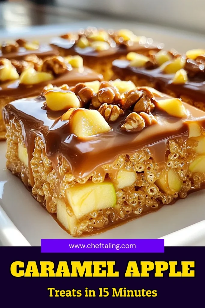Indulge in the deliciousness of Caramel Apple Rice Krispie Treats, a perfect blend of crunchy cereal and sweet caramel, topped with tart apples and a sprinkle of cinnamon! This easy recipe is a crowd-pleaser and takes just 45 minutes to make. Elevate your snacking game and impress friends and family with these delightful treats. Click through for the full recipe and create your own tasty masterpiece today! #CaramelAppleTreats #RiceKrispieTreats #FallRecipes #DessertIdeas