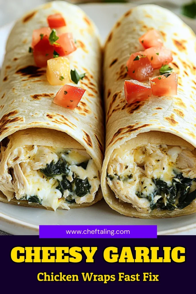 Looking for quick and tasty School Night Dinners? Try these Cheesy Garlic Chicken Wraps! They're perfect for busy nights and make great Meal Train Ideas. With shredded chicken, creamy cheese, and fresh veggies, these Easy Fall Recipes Dinner are sure to please the whole family. Ready in just 20 minutes, they're a must-try! Save this recipe for your next busy weeknight and enjoy hassle-free meals. #GarlicChickenWraps #MealTrainIdeas #EasyFallRecipes #SchoolNightDinners