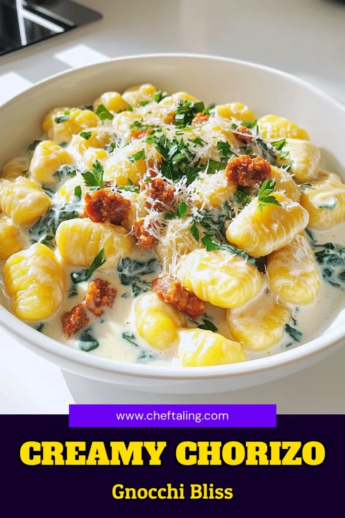 Looking for delicious chorizo recipes for dinner? Try this Creamy Chorizo Gnocchi dish! It's quick and easy, taking only 25 minutes to prepare. Featuring flavorful chorizo, creamy sauce, and tender gnocchi, this meal is sure to impress your family and friends. Don't wait—click through for the full recipe and make dinner unforgettable tonight! Save this pin for more mouthwatering chorizo recipes! #DinnerRecipes #ChorizoRecipes #Gnocchi #EasyMeals