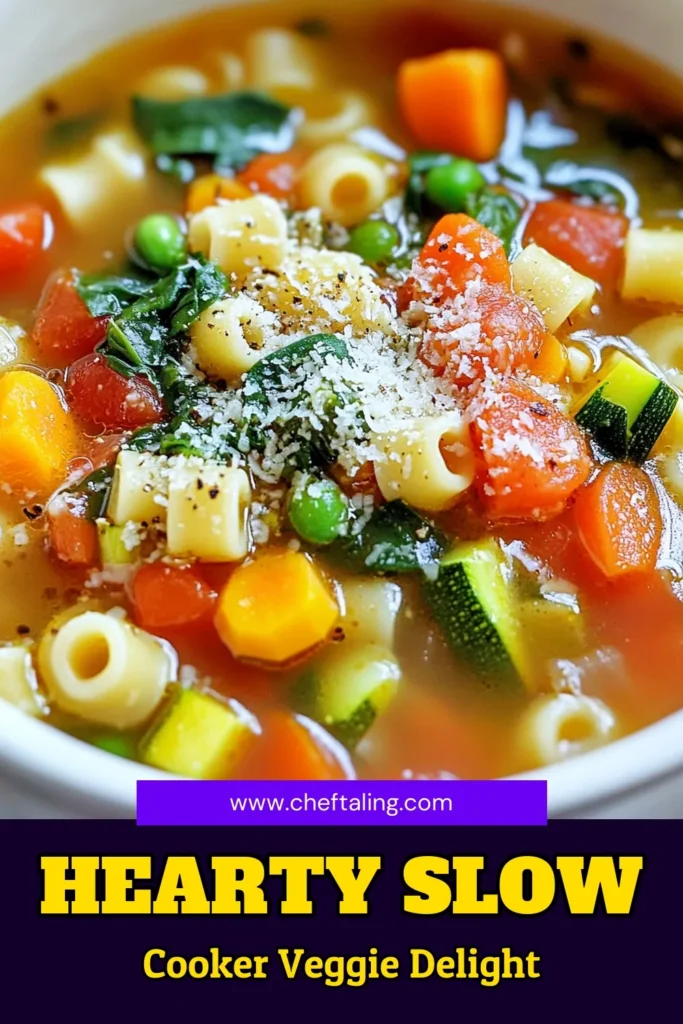 Warm up your kitchen with this heartwarming slow cooker vegetable minestrone! Packed with wholesome veggies, savory herbs, and a hint of olive oil, this simple recipe is perfect for cozy nights. Just set it and forget it for a delicious meal that’s ready when you are. Click through to explore the full recipe and enjoy a bowl of comfort today! #SlowCookerRecipes #VegetableMinestrone #HealthyEating #ComfortFood
