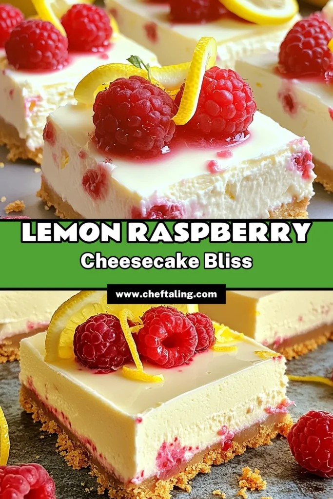 Indulge in these No Bake Lemon Raspberry Cheesecake Bars, the perfect treat for any occasion! With a buttery graham cracker crust and a creamy, zesty filling packed with fresh raspberries, these bars are as delightful as they are easy to make. Ready in just 20 minutes (plus chilling time), they are a must-try! Click through to explore the full recipe and impress everyone at your next gathering! #CheesecakeBars #NoBakeDesserts #FreshRaspberries #LemonDessert
