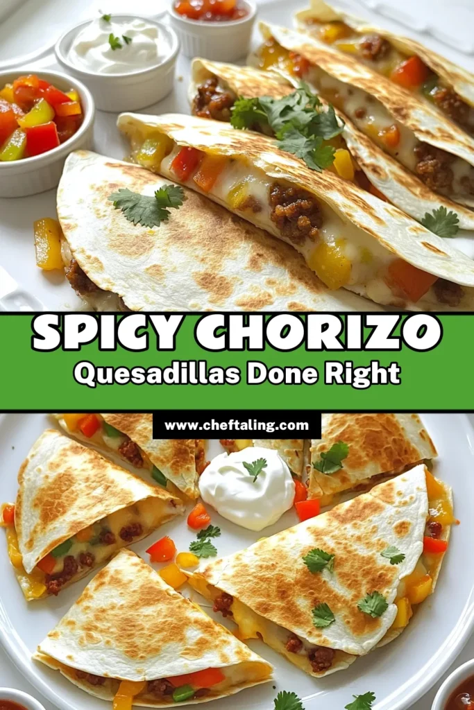 Discover delicious chorizo recipes dinner ideas with these Spicy Chorizo Quesadillas that are sure to impress! Packed with flavorful chorizo, sautéed veggies, and gooey cheese, this quick dinner recipe brings the heat and taste you crave. Perfect for busy weeknights or gatherings, these quesadillas are easy to make and a crowd favorite. Click through for the full recipe and get inspired for your next meal! #ChorizoRecipes #DinnerIdeas #SpicyQuesadillas #EasyRecipes