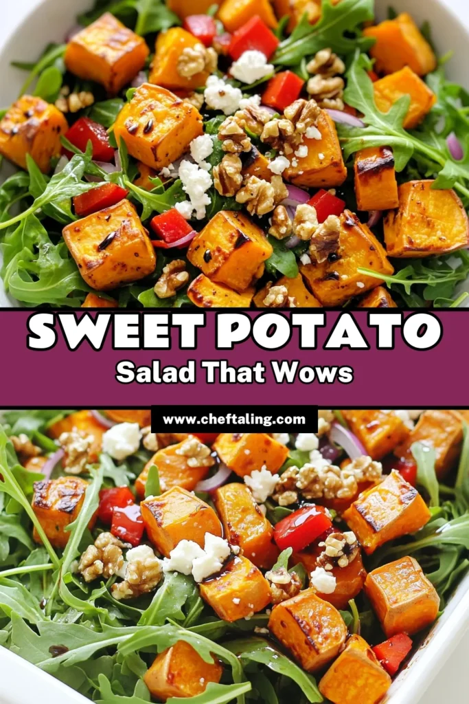 Elevate your mealtime with this delicious roasted sweet potato salad with arugula! Packed with flavor from cumin and smoked paprika, this vibrant salad combines tender roasted sweet potatoes, fresh arugula, and a delightful mix of crunchy walnuts and feta cheese. Perfect as a side or a light meal, this recipe is a must-try. Click to explore the full recipe and enjoy a nutritious bite today! #SweetPotatoSalad #HealthyRecipes #SaladIdeas #FoodieFun